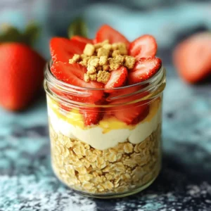 Gather these simple and tasty ingredients to make your strawberry cheesecake overnight oats: - 1 cup rolled oats - 1 cup milk (dairy or non-dairy) - ½ cup Greek yogurt - 1 tablespoon cream cheese, softened - 2 tablespoons maple syrup or honey - ½ teaspoon vanilla extract - ½ cup fresh strawberries, hulled and sliced - 2 tablespoons crushed graham crackers (optional) - Pinch of salt These ingredients create a creamy and flavorful dish. The rolled oats serve as a hearty base. The milk adds moisture, while the Greek yogurt and cream cheese give a rich taste. Sweetness comes from maple syrup or honey, and the vanilla adds warmth. Fresh strawberries bring a burst of flavor, making each bite delightful. The graham crackers add a nice crunch, but they are optional. You can find the full recipe for step-by-step instructions on how to prepare this delicious meal. Enjoy! - In a large bowl, combine the rolled oats, milk, Greek yogurt, and softened cream cheese. - Add maple syrup or honey, vanilla extract, and a pinch of salt. - Mix well until everything is creamy and smooth. - Gently fold in the fresh, hulled, and sliced strawberries. - Divide the creamy mixture into two or three jars. - Seal the jars tightly with their lids. - Place the jars in the fridge overnight or for at least 6 hours. - In the morning, stir well and top with more sliced strawberries and crushed graham crackers before you serve. With this simple method, you create a delightful breakfast that tastes just like cheesecake! For the complete recipe, check out the [Full Recipe]. - Use rolled oats for best texture. They soak up liquid well and stay chewy. - Experiment with different sweeteners. Maple syrup or honey both work great. You can even try agave or stevia for a lower-calorie option. - Pair with yogurt for added protein. Greek yogurt boosts creaminess and nutrition. - Add nuts or seeds for extra crunch. Almonds, walnuts, or chia seeds enhance flavor and texture. - Use clear jars for a pretty display. Seeing the layers makes it more fun to eat. - Decorate with fresh mint or additional fruit. A sprig of mint adds color and a fresh taste. You can also use extra strawberry slices for a lovely touch. For the full recipe, check out the detailed steps to make this delightful dish! {{image_2}} You can switch up the flavor of your overnight oats easily. Here are two tasty options: - Chocolate Strawberry Cheesecake: Add cocoa powder to the base. Mix in dark chocolate chips for extra joy. The chocolate pairs great with strawberries. - Banana Cream Pie Overnight Oats: Use mashed bananas instead of strawberries. Add a bit of cinnamon for warmth. Top with crushed vanilla wafers for a fun crunch. You can customize your oats for different diets. Here are some ideas: - Dairy-free options: Use almond or coconut yogurt instead of Greek yogurt. Use almond or oat milk to keep it creamy. - Sugar-free alternatives: Replace maple syrup or honey with stevia or monk fruit. This keeps the oats sweet without added sugar. Using seasonal fruits keeps your oats fresh and exciting. Here are a few tips: - Seasonal fruits: In spring and summer, use berries like blueberries or raspberries. In fall, try apples or pears for a cozy twist. - Adjust spices: Add a pinch of cinnamon in the fall or nutmeg in winter. These spices make your oats feel like a warm hug. For the complete recipe, check out the [Full Recipe]. Store your strawberry cheesecake overnight oats in airtight containers. This keeps them fresh and tasty. You can keep them in the refrigerator for up to 3 days. If you want a quick breakfast, make a batch at the start of the week. Can overnight oats be frozen? Yes, you can freeze them! Just remember to use freezer-safe containers. When you're ready to eat, thaw them in the fridge overnight. This way, they stay creamy and delicious. How can you tell if your oats have gone bad? Look for any off smells or changes in texture. If they smell sour or feel slimy, it's time to toss them. Always check your ingredients, especially if you add fruit or yogurt. Freshness is key to enjoying your oats! To make overnight oats, you follow a simple method. First, mix rolled oats with milk and yogurt. Add some sweetener and a pinch of salt. Stir it all together until smooth. Then, fold in your favorite fruits. Pack the mixture into jars and seal them tightly. Place them in the fridge overnight. In the morning, just stir and enjoy! Yes, you can use instant oats, but there are some points to consider. Instant oats cook faster and can become mushy. They may not give you the same texture as rolled oats. Rolled oats soak up liquid better and stay chewier. If you prefer a creamier dish, instant oats may work. For a firmer bite, stick to rolled oats. Overnight oats offer several health benefits. They are high in fiber, which helps with digestion. The oats provide long-lasting energy. Greek yogurt adds protein, keeping you full longer. Fresh strawberries bring vitamins and antioxidants. Using honey or maple syrup gives natural sweetness without added chemicals. Together, these ingredients make a healthy and tasty breakfast. This blog post covered how to make delicious overnight oats. We discussed the key ingredients, step-by-step instructions, and helpful tips. You learned about variations to fit different tastes and dietary needs. I also shared storage tips to keep your oats fresh. Overnight oats are a fun and easy way to enjoy a healthy breakfast. Feel free to experiment with flavors and toppings. Enjoy your homemade creation!