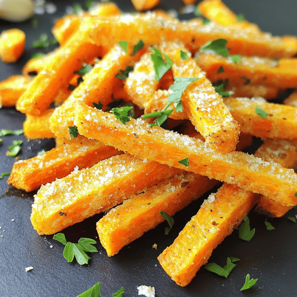 - 4 large carrots, peeled and cut into fry shapes - 2 tablespoons olive oil - 1/2 cup grated Parmesan cheese - 1 teaspoon garlic powder - 1 teaspoon smoked paprika - 1/2 teaspoon salt - 1/4 teaspoon black pepper - Fresh parsley (for garnish) - Baking sheet - Parchment paper - Mixing bowls - Knife and cutting board Using fresh ingredients makes a big difference. Carrots should be firm and bright in color. They add natural sweetness to your fries. Olive oil helps the fries become crispy and golden. Parmesan cheese brings a rich, savory flavor. Gather your tools to make cooking easier. A baking sheet lined with parchment keeps fries from sticking. Mixing bowls help you combine ingredients well. A good knife and cutting board make prep safe and simple. For the best taste, use freshly grated Parmesan cheese. It melts beautifully and gives a great crust. You can also add other spices or herbs if you like. Just remember to keep it simple and fun! This recipe is not just tasty; it’s also healthy. You can enjoy these fries guilt-free. For the full recipe, check out the details above. First, we need to get the oven ready. Preheat it to 425°F (220°C). This high heat will help make our fries crispy. Next, take your large carrots and peel them. Then, cut the carrots into fry shapes. Aim for uniform sizes for even cooking. Now, it’s time to coat our carrot fries. In a large bowl, toss the cut carrot fries with two tablespoons of olive oil. Make sure every fry gets a nice coat. This oil helps the fries crisp up and adds flavor. Next, we’ll mix our special seasoning. In a separate bowl, combine half a cup of grated Parmesan cheese, one teaspoon of garlic powder, one teaspoon of smoked paprika, half a teaspoon of salt, and a quarter teaspoon of black pepper. This blend gives our fries a savory kick. Once mixed, sprinkle the seasoning over the coated carrot fries. Toss them until every fry is covered in that delicious mix. Finally, it’s roasting time! Spread the seasoned carrot fries in a single layer on a baking sheet. Make sure they don't overlap. This step is key for crispiness. Roast them in the preheated oven for 25 to 30 minutes. Flip the fries halfway through for even browning. When they’re done, the carrots should be tender, and the cheese should be golden brown. Enjoy these tasty Parmesan roasted carrot fries as a healthy snack delight! For the full recipe, check the details above. To get crispy Parmesan roasted carrot fries, it is key to dry the carrot fries first. Moisture can make them soggy. After cutting the carrots, pat them dry with a clean towel. This helps them become crispy in the oven. Baking time and temperature also matter. Preheat your oven to 425°F (220°C). Roast the fries for 25 to 30 minutes. Flip them halfway through to ensure even cooking. If you want more crunch, leave them in for a few more minutes. Just watch them closely to avoid burning. Want to boost the flavor? Try adding spices like cumin or chili powder. Fresh herbs like thyme or rosemary also work well. Sprinkle these on the fries before baking for a tasty twist. After roasting, consider toppings. A drizzle of balsamic glaze adds sweetness. You can also add a sprinkle of fresh lemon zest for brightness. These small touches make a big difference in taste! For more details on the cooking process, check out the Full Recipe. {{image_2}} You can swap Parmesan cheese for other options. Pecorino Romano adds a salty bite. Nutritional yeast works great if you want a vegan version. It gives a cheesy flavor without dairy. This choice is perfect for plant-based eaters. You might want to change the spice game. Adding cumin gives a warm, earthy tone. Chili powder adds a nice kick. These spices can make your fries exciting. If you prefer sweet, try cinnamon or brown sugar. These will give the fries a unique twist. The sweetness pairs well with the carrot's natural flavor. You can mix and match spices to find your favorite combo. The sky is the limit! After you enjoy your Parmesan roasted carrot fries, store any leftovers in airtight containers. Make sure to let them cool first. This keeps them fresh and tasty. Place the container in the fridge. They will stay good for about 3 to 5 days. If you want to keep them longer, consider freezing them. To reheat your fries and keep them crispy, use the oven or air fryer. For the oven, preheat it to 400°F (200°C). Spread the fries on a baking sheet and heat them for about 10 minutes. If you choose an air fryer, set it to 350°F (175°C). Cook for about 5 to 7 minutes. This way, you get that nice crunch back! Yes, you can use baby carrots. They are smaller and sweeter. Just cut them into fry shapes. This will help them cook evenly. If you use baby carrots, check them often while roasting. They may cook faster than larger carrots. This recipe is naturally gluten-free. The ingredients do not contain gluten. If you use special seasonings, check their labels. Some blends may have gluten. Stick to pure spices to keep it safe. Yes, you can freeze the carrot fries. First, roast them until they are just tender. Let them cool completely. Place them in a freezer-safe bag. They can last up to three months. To reheat, bake them straight from the freezer for extra crispiness. These fries pair well with many dips. Try ranch dressing or garlic aioli. They also go great with hummus. You can serve them alongside grilled meats or as a side to salads. Get creative and mix flavors! You can find the Full Recipe in the earlier section. It includes all the details you need to make these delicious fries. Enjoy your cooking adventure! In this blog post, we explored how to make delicious Parmesan Roasted Carrot Fries. We covered the key ingredients needed, the tools you'll need, and provided easy step-by-step instructions. I shared tips for crispiness and variations to suit your taste. Don't forget, you can store leftovers and reheat them to keep that crunch! This recipe not only tastes great but is also a fun way to enjoy veggies. Try it out and enjoy these healthy fries today!