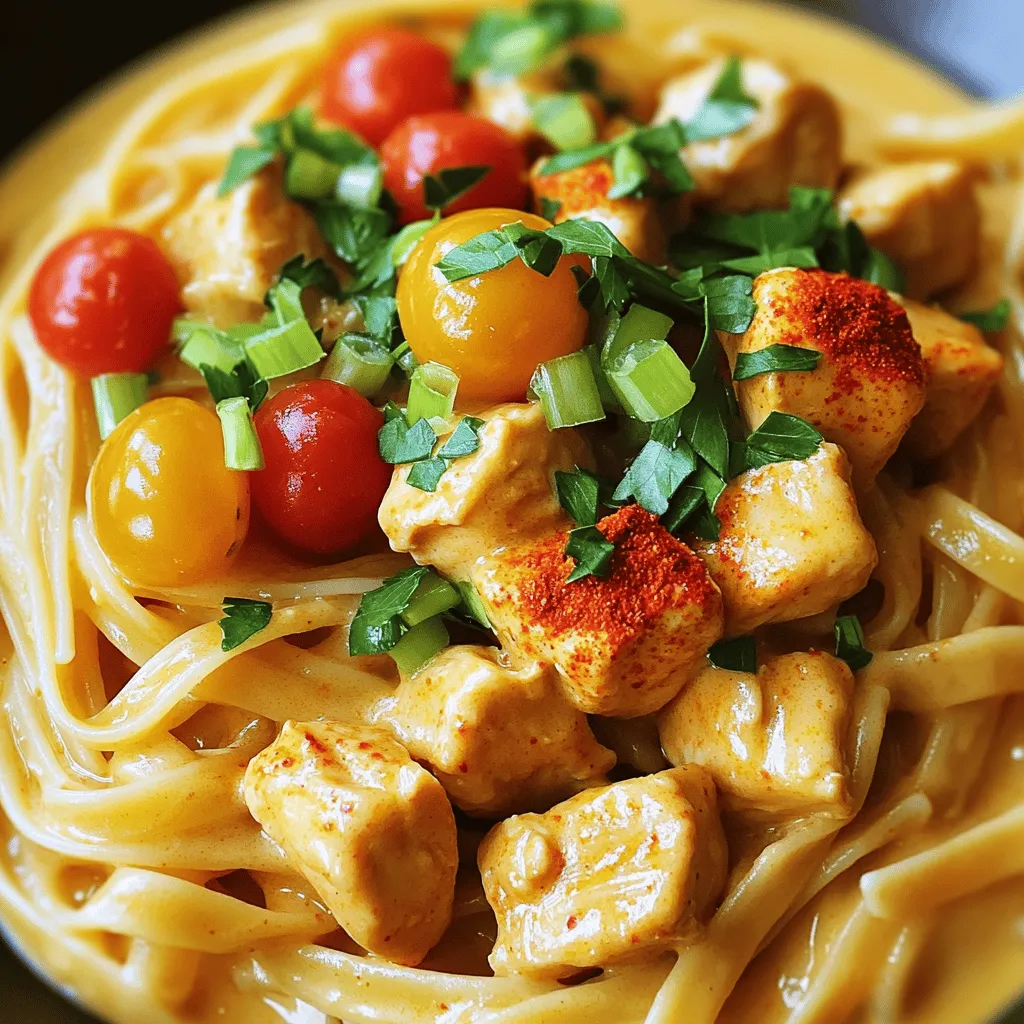 To make Quick Cowboy Butter Chicken Linguine, gather these key items: - 8 oz linguine pasta - 1 lb chicken breast, cubed - 3 tablespoons unsalted butter - 2 cloves garlic, minced - 1 teaspoon smoked paprika - 1 teaspoon chili powder - ½ teaspoon cayenne pepper (adjust for spiciness) - 1 cup heavy cream - ½ cup cherry tomatoes, halved - ¼ cup green onions, chopped - Salt and pepper to taste - Fresh parsley, chopped (for garnish) You can easily swap some ingredients to fit your taste or pantry. Try these options: - Use whole wheat pasta instead of linguine for added fiber. - Swap chicken for shrimp or tofu for a different protein. - Instead of heavy cream, use coconut cream for a dairy-free option. - Cherry tomatoes can be replaced with diced bell peppers for crunch. - Use dried herbs if fresh aren't available; just reduce the amount. Choosing the right ingredients can make your dish shine. Here are some tips: - Pasta: Look for pasta that feels firm and has no cracks. - Chicken: Pick chicken that is pink, moist, and has no strong odor. - Produce: Choose tomatoes that are bright and slightly firm. For garlic, select heads that feel heavy and have dry skin. - Butter: Always go for unsalted butter for better control over seasoning. - Herbs: Fresh parsley should be vibrant green with no wilting or browning. For the full recipe, check out the detailed steps to bring this dish to life. Start by boiling a large pot of salted water. Add the linguine pasta and cook it until al dente, about 8-10 minutes. Stir occasionally to prevent sticking. Once done, drain the pasta and set it aside. Remember, you want it firm, as it will cook more later. In a large skillet over medium heat, melt 1 tablespoon of unsalted butter. Once melted, add the cubed chicken. Season it with salt, pepper, smoked paprika, chili powder, and cayenne pepper. Stir well as it cooks. This should take about 5-7 minutes. The chicken should turn golden brown and be cooked through. When done, remove the chicken from the skillet and set it aside. In the same skillet, add the remaining 2 tablespoons of butter. Add the minced garlic and cook for about 1 minute until the garlic becomes fragrant. Next, pour in the heavy cream and toss in the halved cherry tomatoes. Stir well and let the mixture simmer gently for about 3-4 minutes. This thickens the sauce nicely. Now, return the cooked chicken to the skillet and add the drained linguine. Toss everything together until the pasta is nicely coated in the creamy sauce. Adjust the seasoning with salt and pepper if needed. For a final touch, sprinkle chopped green onions and fresh parsley over the dish before serving. Enjoy your Quick Cowboy Butter Chicken Linguine! For a detailed list of ingredients, check the Full Recipe. To make the best Cowboy Butter Chicken, start with fresh chicken. Cut it into even cubes. This ensures that the chicken cooks evenly. Use unsalted butter for more control over saltiness. Cook the chicken until it’s golden brown. This adds flavor. Don’t overcrowd the pan; cook in batches if needed. After cooking the chicken, let it rest for a minute. This keeps it juicy. When adding garlic, watch closely. Garlic burns fast. Stir it for about a minute until fragrant. Then add the heavy cream slowly. This helps create a smooth sauce. A common mistake is overcooking the pasta. Cook it just until al dente. It will finish cooking in the sauce. Another mistake is not seasoning enough. Taste your dish as you cook. Adjust salt and pepper as needed. Also, avoid using low-fat cream. It won’t create the rich sauce you want. Lastly, don’t skip the garnish. Fresh herbs add bright flavor and color. To make sure your sauce is creamy, use heavy cream. It thickens well and adds richness. Stir the sauce gently to avoid splitting. If it seems too thick, add a splash of pasta water. Simmer the sauce on low heat. This helps it thicken without burning. If it gets too thick, thin it with more cream or broth. Following these tips will enhance your Cowboy Butter Chicken Linguine. For the full recipe, check the section above. Enjoy your cooking! {{image_2}} You can boost the nutrition of your Quick Cowboy Butter Chicken Linguine with veggies. Adding vegetables gives your dish more color and flavor. You can use spinach, bell peppers, or zucchini. Just chop them up and toss them in while cooking the chicken. This way, they soak up all those tasty spices. If you're not in the mood for chicken, there are great options. Try shrimp or turkey for a change. For a plant-based twist, use chickpeas or tofu. They can provide a nice texture and flavor. Adjust the cooking time as needed. Remember, the key is to still keep it simple and tasty. While linguine is great, feel free to switch it up. You can use penne, fettuccine, or even whole wheat pasta. Each type will give the dish a new look and taste. Just cook the pasta according to the package. The important part is to enjoy your meal with whatever pasta you choose. For the full recipe, check out the earlier section. After enjoying your Quick Cowboy Butter Chicken Linguine, you may have some leftovers. To store them, let the dish cool down first. Then, place the linguine in an airtight container. This keeps it fresh. Make sure to seal it tightly. You can store it in the fridge for up to three days. If you want to keep it longer, consider freezing it. When you are ready to enjoy the leftovers, reheating them is simple. You can use a microwave or a skillet. If using a microwave, place the pasta in a bowl. Add a splash of water or cream to keep it moist. Cover it loosely and heat for one to two minutes. Stir halfway through. If using a skillet, add a bit of butter or oil. Heat over medium-low until warm. This helps keep the flavors rich and creamy. If you want to freeze your Cowboy Butter Chicken Linguine, you can do so. Portion the dish into individual servings. Use freezer-safe bags or containers for best results. Remove as much air as possible to prevent freezer burn. You can freeze it for up to three months. When you are ready to eat, thaw it overnight in the fridge. Reheat it using the methods mentioned above. Enjoy your tasty meal anytime with these storage tips! For the full recipe, click here. The key flavors in Cowboy Butter Chicken Linguine come from the butter, garlic, and spices. The unsalted butter adds a rich, creamy base. Garlic brings a bold taste. Smoked paprika and chili powder give warmth and depth. The cayenne pepper adds a kick. Cherry tomatoes add sweetness and freshness, while green onions add a nice crunch. Together, these flavors create a dish that is savory and satisfying. Yes, you can make this recipe ahead of time. Cook the chicken and sauce, then store them separately from the pasta. When you’re ready to eat, cook the linguine and combine everything. This way, the pasta stays fresh. If you want to save time, you can prepare the sauce the night before. Just reheat it gently before mixing it with the pasta. To customize the spice level, adjust the cayenne pepper. For mild flavor, use less or skip it. If you like heat, add more cayenne or some red pepper flakes. Another option is to use hot sauce in the sauce. Always taste as you go. This way, you can find the perfect balance for your palate. This post covered everything about making Cowboy Butter Chicken Linguine. We listed ingredients, tips, and cooking steps. You can choose fresh options or swap proteins and pasta types. Remember to avoid common mistakes for best results. Proper storage and reheating will keep your dish tasty. You can customize the spice to fit your taste. Now, you’re ready to cook and impress. Enjoy this fun, easy meal with your friends or family!