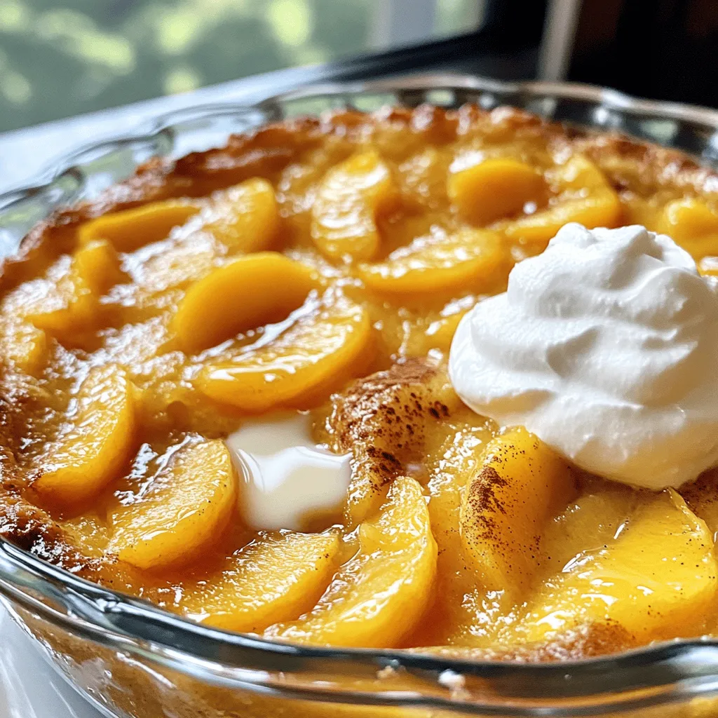 To make Tennessee Peach Pudding, you need fresh, simple ingredients. Here’s what you will need: - 5 ripe peaches, peeled and sliced - 1 cup granulated sugar - 1 cup all-purpose flour - 1 teaspoon baking powder - 1/2 teaspoon salt - 1 cup milk - 1/2 cup unsalted butter, melted - 2 large eggs - 1 teaspoon vanilla extract - 1/2 teaspoon cinnamon - Whipped cream for serving (optional) These ingredients blend together to create a warm and sweet dessert. The ripe peaches give a juicy flavor, while the sugar adds sweetness. Flour and baking powder create a soft texture. Milk and butter make it rich and creamy. Eggs hold everything together, and vanilla adds a lovely aroma. Finally, a sprinkle of cinnamon gives it a cozy warmth. You can find the full recipe in the earlier section. Gather these ingredients, and get ready to create this delightful dish! To start, we need to make our peaches shine. First, peel and slice 5 ripe peaches. Then, mix them with 1/2 cup of sugar in a bowl. This helps draw out their sweet juices. Let them sit for 15 minutes. The sugar will work its magic, making the peaches juicy and flavorful. When choosing peaches, look for ones that are firm but yield slightly when pressed. They should smell sweet and fragrant. Avoid any with bruises or dark spots. The right fruits will make your pudding taste amazing. Next, we’ll focus on our dry mix. In a large bowl, whisk together 1 cup of all-purpose flour, 1 teaspoon of baking powder, 1/2 teaspoon of salt, and 1/2 teaspoon of cinnamon. This blend gives our pudding a warm flavor. Make sure there are no lumps in the flour. A smooth mix is key for a great texture. Now, let’s make our batter. In a separate bowl, combine 1 cup of milk, 1/2 cup of melted unsalted butter, 2 large eggs, and 1 teaspoon of vanilla extract. Whisk until everything is well mixed. Next, pour this wet mixture into the dry ingredients. Stir just until combined. Be careful not to overmix! This keeps the batter light. A few lumps are okay; they will bake out. It’s time to bake! First, pour the batter into a greased 9x13 inch baking dish. Spread it evenly across the bottom. Now, gently spoon the prepared peaches over the batter. Do not mix them in! The peaches will sink as they bake, creating a lovely layer. Set your oven to 350°F (175°C) and bake for 35-40 minutes. Watch for a golden top. A toothpick should come out clean from the center. Once done, let the pudding cool a bit before serving. Enjoy your Tennessee Peach Pudding with a dollop of whipped cream if you like! For the complete recipe, check out the [Full Recipe]. To get the best texture in your pudding, start with room temperature ingredients. When your butter, eggs, and milk are at room temp, they blend better. This helps create a light and fluffy pudding. Mix the wet and dry ingredients gently. Overmixing can make it dense. You want to see some lumps in the batter. Tennessee Peach Pudding shines when served warm. Add a scoop of vanilla ice cream or a dollop of whipped cream on top. The cold cream pairs well with the warm pudding. You can also sprinkle a bit of cinnamon for extra flavor. This adds a nice touch and makes it look pretty. One common mistake is not handling peaches well. Make sure they are ripe but not too soft. If they are mushy, they may break down too much during baking. For the batter, check the consistency. If it’s too runny, it won’t hold the peaches well. Follow the recipe closely for the best results. For the full recipe, check out the earlier section. {{image_2}} You can swap peaches for other fruits easily. Try fresh berries like blueberries or raspberries. Apples and pears also work great, especially when in season. Each fruit brings a unique flavor. This lets you enjoy this pudding all year long. If you're gluten-free, replace all-purpose flour with almond flour or oat flour. For lactose-free pudding, use almond milk or coconut milk instead of regular milk. These swaps make the recipe fit many diets. You still get the same yummy taste. To boost flavor, add spices like nutmeg or ginger. A splash of almond extract gives a nice twist, too. You can also mix in a bit of lemon zest for brightness. These extras make your pudding unique and fun. Enjoy experimenting with what you love! To keep your Tennessee Peach Pudding fresh, let it cool first. Once cool, cover it tightly with plastic wrap or place it in an airtight container. Store it in the fridge. Proper storage will help keep the pudding moist and tasty. Remember, it should last about three to four days in the fridge. Avoid letting it sit out too long, as warmth can affect its texture. When you are ready to enjoy your leftovers, reheating is easy. Preheat your oven to 350°F (175°C). Place the pudding in a baking dish. Cover it with foil to keep it from drying out. Heat for about 15 to 20 minutes. Check to see if it’s warm all the way through. You can also reheat slices in the microwave. Heat for about 30 seconds, checking every 10 seconds to prevent overheating. Freezing the pudding is a great option if you want to save some for later. First, let the pudding cool completely. After it cools, cut it into portions. Wrap each piece tightly in plastic wrap. Place the wrapped pieces in a freezer-safe bag or container. Label it with the date. It can last up to three months in the freezer. When you are ready to eat it, defrost it in the fridge overnight. Then, reheat using the methods above. This way, you can enjoy the taste of summer anytime! Tennessee peach pudding is a warm dessert made with fresh peaches. This dish mixes sweet peaches with a soft, cake-like base. It holds a special place in Southern cuisine, reminding many of family gatherings and summer days. Peaches grow well in Tennessee's warm climate, making them a local favorite. The pudding is often served warm, topped with whipped cream or ice cream for extra enjoyment. Yes, you can make Tennessee peach pudding ahead of time. To prep, follow these steps: - Prepare the batter and peaches as usual. - Assemble the pudding in the dish but do not bake it. - Cover it tightly with plastic wrap and refrigerate. - When ready, bake it right from the fridge. Just add a few extra minutes to the baking time. This method allows you to enjoy a fresh dessert with less effort on busy days. Tennessee peach pudding stays fresh for about 3-4 days in the fridge. Store it in an airtight container. Signs that it has spoiled include a sour smell or mold. If you want to keep it longer, you can freeze it. When freezing, wrap it well and store it for up to three months. To serve, thaw it overnight in the fridge, then reheat in the oven. Tennessee Peach Pudding is more than just a dessert; it’s a tradition. You learned how to prepare ripe peaches, mix the batter, and bake it to perfection. Remember the tips on texture and storage. This dish shines with seasonal fruits and is easy to adapt. Serve it warm with whipped cream, or enjoy it cold. Whether you're new to cooking or a seasoned pro, this pudding is sure to impress. Enjoy your sweet creation and share it with friends and family for lasting memories.