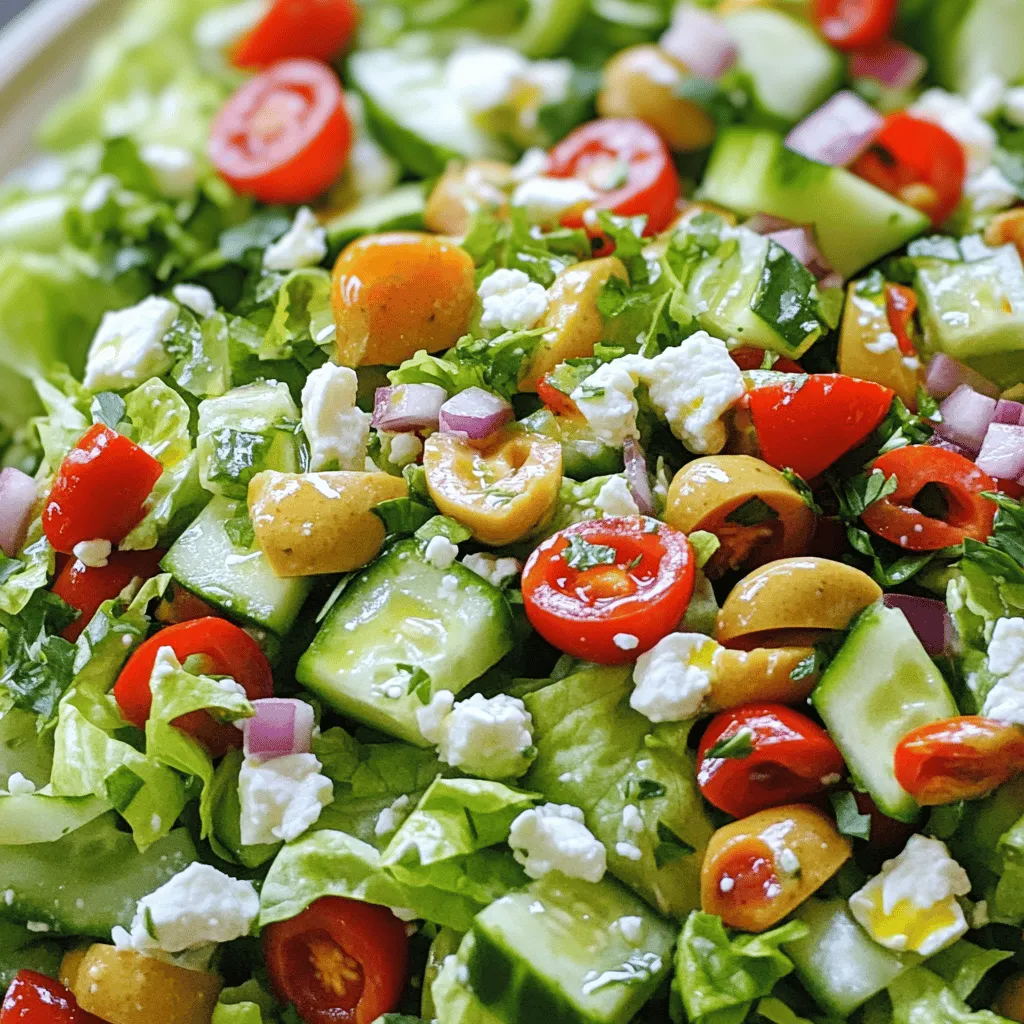 - 2 cups Romaine lettuce, chopped - 1 cup iceberg lettuce, chopped - 1 cup cherry tomatoes, halved - 1 cucumber, diced - 1/2 red onion, finely chopped - 1/2 red bell pepper, diced - 1/2 cup Kalamata olives, pitted and sliced - 1/4 cup roasted red peppers, chopped - 1/4 cup banana peppers, sliced - 1/4 cup parsley, finely chopped The Famous La Scala Chopped Salad is all about fresh vegetables. Each one adds its own taste. Romaine and iceberg lettuces give a nice crunch. Cherry tomatoes add sweetness and color. Cucumbers bring a cool bite. Red onions offer a sharp flavor that balances the salad. Red bell peppers give a touch of sweetness. Kalamata olives add a burst of salty goodness. Roasted red peppers add depth, while banana peppers introduce a hint of heat. Finally, fresh parsley adds a bright touch. - 1/2 cup feta cheese, crumbled Feta cheese is key in this salad. Its creamy texture contrasts with the crisp veggies. It also adds a salty flavor that enhances the overall taste. Crumble it well so every bite has some cheese. - 1/4 cup extra virgin olive oil - 2 tablespoons red wine vinegar - 1 tablespoon Dijon mustard - 1 teaspoon honey - Salt and pepper to taste The dressing is where the magic happens. Extra virgin olive oil is rich and flavorful. Red wine vinegar gives it a tangy kick. Dijon mustard adds a nice depth. Honey balances the acidity with a touch of sweetness. Salt and pepper add the final touch to make the flavors pop. Whisk them together, and drizzle it over the salad. You can find the Full Recipe to enjoy this delicious dish anytime. - Combine Romaine and iceberg lettuce in a large bowl. - Add cherry tomatoes, diced cucumber, and red bell pepper. - Incorporate Kalamata olives and finely chopped parsley. When mixing the greens, I like to use a gentle hand. This keeps the leaves crisp and fresh. The sweet taste of tomatoes and the crunch of cucumber add delightful texture. - Whisk together olive oil and red wine vinegar in a small bowl. - Add Dijon mustard, honey, salt, and pepper to taste. The dressing is key to this salad. I find that good olive oil makes a big difference. The honey adds a touch of sweetness that balances the vinegar's tang. - Drizzle the dressing over the salad mixture. - Gently fold in crumbled feta cheese. - Allow the salad to sit for about 10 minutes before serving. Letting the salad rest helps the flavors meld. This dish tastes even better after sitting a bit. The feta adds a creamy texture that complements the veggies nicely. For the full recipe, check out the detailed instructions provided. - Use fresh produce for best flavor. Fresh veggies make a big difference. - Store ingredients separately until serving. This keeps everything crisp and tasty. - Let the salad sit to meld flavors. This helps all the tastes blend well. - Adjust dressing quantities to taste. Everyone likes different amounts of dressing. - Perfect as a side or light main. This salad fits many meal types. - Pair with grilled chicken or fish. The salad complements these proteins nicely. For more details, check the Full Recipe. It gives you all the steps to create this vibrant dish. {{image_2}} You can make your La Scala chopped salad heartier by adding proteins. Grilled chicken or shrimp works well. They add great flavor and texture. If you prefer a vegetarian option, use chickpeas. They are full of protein and easy to add. Just toss them in with your veggies. Switch up the dressing for different tastes. You can use balsamic vinegar for a sweet tang. A yogurt-based dressing brings a creamy twist. Try adding fresh herbs like basil or dill. These herbs give the salad a fresh and bright taste. Using seasonal ingredients is a fun way to change the salad. In summer, add ripe avocados for creaminess. In spring, try fresh peas for a pop of color. Seasonal herbs, like mint or cilantro, can also enhance freshness. They bring unique flavors to your dish. The Famous La Scala Chopped Salad can be fresh and different every time you make it! To keep your Famous La Scala Chopped Salad fresh, store it in an airtight container. This helps keep out air and moisture. The salad tastes best when eaten within 1-2 days of making it. The flavors stay bright and crunchy during this time. If you want to prepare ahead, chop the veggies and make the dressing separately. This keeps everything fresh. Combine the salad and dressing just before serving for the best taste. You can enjoy a quick meal without losing flavor. Freezing this salad is not a good idea. Fresh ingredients lose their great taste and texture when frozen. You might end up with a mushy salad. Enjoy it fresh for the best experience! For the full recipe, check out the complete guide. La Scala Chopped Salad comes from a famous restaurant in Beverly Hills. This dish has a rich history and a loyal following. People love it for its bright flavors and colorful ingredients. It combines fresh veggies, olives, and feta cheese for a delightful crunch. It has become a popular choice for a light meal or side dish. Yes, you can make this salad ahead of time. Prepare the veggies and dressing separately. Store them in airtight containers. This way, the salad stays fresh for about 1-2 days. Mix everything just before serving for the best taste. You can customize your salad with many ingredients. Try adding grilled chicken for protein. Avocado adds creaminess. You might also like chickpeas for a vegetarian option. Feel free to experiment with your favorite veggies and herbs. To make La Scala Salad vegan, swap the feta cheese for tofu or avocado. Use a non-dairy dressing, like a lemon-tahini mix. This way, you still enjoy a creamy texture without using dairy. Pair this salad with light drinks. A crisp white wine works well, like Sauvignon Blanc. You can also enjoy it with sparkling water or iced tea. These drinks enhance the fresh flavors of the salad. For the complete recipe, check the Full Recipe section! This blog post covered the essential aspects of making a La Scala Chopped Salad. We explored fresh vegetables, key cheeses, and flavorful dressings. By following the step-by-step instructions, you can create a tasty dish that stands out. Remember to keep ingredients fresh and experiment with variations to suit your taste. With these tips and storage advice, your salad will be both delicious and easy to prepare. Enjoy creating your salad, and make it your own!