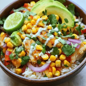- 1 cup jasmine rice - 2 cups chicken broth - 1 lb diced chicken thighs - 1 tablespoon olive oil - 1 teaspoon chili powder - 1 teaspoon cumin - 1 cup corn kernels (fresh or frozen) - ½ cup diced red onion - 1 diced red bell pepper - ½ cup chopped cilantro - 1 sliced avocado - 1 lime, juiced - ½ cup crumbled Cotija cheese - 1 tablespoon mayonnaise - 1 tablespoon chipotle sauce for spice When I make this Street Corn Chicken Rice Bowl, I gather these ingredients first. The jasmine rice gives the bowl a nice base. Chicken broth adds flavor to the rice. Diced chicken thighs cook up juicy and tender. Olive oil keeps everything from sticking. For spices, I use chili powder and cumin. They create a warm, zesty taste. The fresh ingredients bring color and crunch. Corn kernels add sweetness. Red onion and red bell pepper add a nice bite. I love adding cilantro and avocado for brightness. The lime juice adds tang, and Cotija cheese gives a creamy touch. If you want more flavor, mayonnaise and chipotle sauce can spice things up. This recipe is simple and full of flavor, making it a family favorite. Check out the Full Recipe for more details. To make fluffy jasmine rice, start with chicken broth. Use two cups of broth for one cup of rice. Bring the broth to a boil in a medium pot. Once boiling, add the rice and stir. Lower the heat and cover the pot. Let it simmer for 15 to 20 minutes. Check if the rice is tender and the liquid is gone. Fluff the rice with a fork for the best texture. Use boneless, skinless chicken thighs for great flavor. Heat olive oil in a large skillet over medium heat. Add the diced chicken to the hot oil. Sprinkle chili powder, cumin, salt, and pepper on the chicken. Stir occasionally and cook for about 7 to 10 minutes. You want the chicken to turn golden brown. This adds flavor and looks nice in the bowl. When the chicken is nearly done, it’s time to add the veggies. Toss in corn, diced red onion, and red bell pepper. Cook everything for an additional 5 to 7 minutes. This makes the vegetables tender and blends the flavors. Now, it’s time to build your rice bowl. Start with a generous scoop of rice at the bottom. Add the chicken and vegetable mix on top. Finish with sliced avocado, chopped cilantro, and Cotija cheese. Drizzle lime juice over the top for a fresh taste. If you like it creamy, add a mix of mayonnaise and chipotle sauce. For the full recipe, check out the detailed instructions provided above. - How to avoid mushy rice: Use the right rice-to-broth ratio. I like 1 cup of rice to 2 cups of broth. Bring the broth to a boil before adding the rice. Once you add the rice, reduce the heat. Cover the pot tightly and let it steam for about 15-20 minutes. This keeps the rice fluffy. - Ensuring chicken is tender: Cut the chicken into small pieces for quick cooking. Use medium heat and cook it for 7-10 minutes. Stir often to avoid burning. The chicken should be golden brown and not dry. - Suggestions for additional spices and herbs: Try adding smoked paprika or garlic powder for extra flavor. Fresh herbs, like parsley or basil, can also brighten the dish. A pinch of cayenne can give it a nice kick if you like heat. - Ways to add extra creaminess: For a creamy touch, mix mayonnaise with chipotle sauce. This adds flavor and richness. You could also use sour cream or Greek yogurt as a topping. - Recommended side dishes: A fresh salad pairs well with this dish. You can also serve tortilla chips with salsa for a crunchy side. - Perfect drinks to accompany the meal: A cold limeade is refreshing. You could also enjoy a light beer or sparkling water for a nice contrast. For the full recipe, check out the Street Corn Chicken Rice Bowl! {{image_2}} You can change the protein in your Street Corn Chicken Rice Bowl. Shrimp and tofu work great! For shrimp, cook it for about 3-4 minutes until pink. If you choose tofu, use firm tofu and sauté it for 5-7 minutes until golden. This keeps your dish quick and tasty, so everyone can enjoy it. To make a vegetarian version, skip the chicken and use black beans or chickpeas. This adds protein while keeping it plant-based. You can also add more veggies like zucchini or mushrooms. Season these options with the same spices. This keeps the flavors bold and bright, perfect for all diets. Explore local flavors by adding spices from your area. For example, if you love heat, add some cayenne or jalapeños. You can also try using corn tortillas instead of rice for a twist. Incorporating local ingredients makes the dish unique to you. Each bite can tell a story of your culture and taste. Store leftover Street Corn Chicken Rice Bowl in an airtight container. This keeps it fresh and tasty. In the fridge, it lasts up to three days. For longer shelf life, freeze it in a freezer-safe container. It can stay good for about three months in the freezer. To reheat, the best way is to use a microwave. Place the rice bowl in a microwave-safe dish. Cover it with a damp paper towel to keep moisture in. Heat for about one to two minutes. Stir halfway to ensure even warming. If you want the rice to stay moist, add a splash of chicken broth or water before heating. This helps prevent it from drying out. For meal prep, make the rice and chicken ahead of time. You can store each in separate containers. This way, you can mix them when ready to eat. Choose clear containers so you can see the food inside. Try to use glass or BPA-free plastic. These options are safe and keep food fresh longer. It takes about 55 minutes in total. Here’s the breakdown: - Prep time: 15 minutes - Cook time: 40 minutes Yes, you can! This dish is perfect for meal prep. Cook the rice and chicken, then store them separately. Keep them in the fridge for about three days. You can also freeze the chicken mixture for up to three months. Just thaw before reheating. If you need a substitute for Cotija cheese, try feta cheese. It has a similar crumbly texture. You can also use queso fresco or even goat cheese. For vegan options, try cashew cheese or nutritional yeast. The spice level depends on how you prepare it. The chili powder gives it a mild kick. If you want more heat, add chipotle sauce. You can also skip the spices if you prefer a milder taste. Adjust the spice to fit your liking. In this blog post, we explored a delicious street corn chicken rice bowl. We covered the main and fresh ingredients, along with optional add-ons. You learned step-by-step instructions on how to prepare the rice, cook the chicken, and combine everything. We shared tips to enhance flavor and presented fun variations. Finally, we discussed proper storage and reheating methods. This dish is simple, tasty, and perfect for any meal. Enjoy making it your own!
