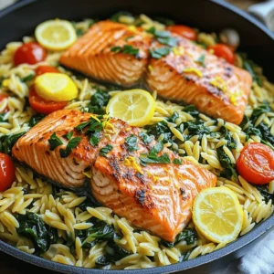 - 2 salmon fillets (6 oz each) - 1 cup orzo pasta - 2 cups vegetable broth - 1 lemon (zested and juiced) - 1 cup cherry tomatoes, halved - 2 cups baby spinach - 3 tablespoons olive oil - 2 cloves garlic, minced - Salt and pepper to taste - Fresh parsley for garnish To make One Skillet Salmon with Lemon Orzo, you will need fresh ingredients. Using quality salmon ensures a tasty dish. I suggest wild-caught salmon for better flavor. The orzo provides a nice texture and absorbs the broth well. Lemon zest adds bright notes, while spinach and tomatoes bring color and nutrients. This dish is not just easy; it’s also healthy. Each ingredient plays a role in flavor and nutrition. For example, baby spinach is packed with vitamins. The olive oil adds healthy fats and helps with cooking. - Calories per serving: Approximately 500 calories - Macronutrients breakdown: - Protein: 30g - Carbohydrates: 45g - Fat: 20g This meal offers a balance of protein, carbs, and healthy fats. It’s perfect for a light dinner. You'll enjoy the fresh taste and feel good too. Each serving packs a nutritional punch, making it a smart choice for any meal. For the full recipe, check out the guidelines provided earlier. First, heat a large skillet over medium heat. Add 1 tablespoon of olive oil. Once the oil is hot, season the salmon fillets with salt and pepper. Place them skin-side down in the skillet. Cook for about 4 to 5 minutes until the skin is crispy. Carefully flip the fillets and cook for another 3 to 4 minutes until the salmon is fully cooked. Remove the salmon from the skillet and set it aside. In the same skillet, add the remaining 2 tablespoons of olive oil. Sauté 2 cloves of minced garlic for about 1 minute until fragrant. Then, add 1 cup of orzo pasta. Stir well to coat the orzo with oil and garlic. Toast the orzo for about 2 minutes to enhance its flavor. Next, pour in 2 cups of vegetable broth, the juice from 1 lemon, and the zest from that lemon. Bring the mixture to a boil, then reduce the heat to low. Cover the skillet and let it simmer for about 10 minutes until the orzo is cooked and has absorbed most of the liquid. Once the orzo is ready, stir in 1 cup of halved cherry tomatoes and 2 cups of baby spinach. Cook for another 2 to 3 minutes until the spinach wilts and the tomatoes warm up. Gently place the cooked salmon fillets back into the skillet on top of the orzo. Let everything heat together for about 1 minute. Taste your dish and adjust the seasoning with more salt, pepper, or lemon juice if needed. Serve warm, garnished with freshly chopped parsley. For the full recipe, check the detailed instructions above. To get crispy skin, start with a dry salmon fillet. Pat it dry with a paper towel. Heat your skillet over medium heat and add a little olive oil. Place the salmon skin-side down. Cook for 4-5 minutes without moving it. You'll see the skin turn golden and crisp. To check if the salmon is done, use a fork. Gently flake the thickest part of the fillet. If it flakes easily and looks opaque, it’s ready. If it’s still raw in the middle, give it a little more time. To boost the taste, try adding fresh herbs like dill or basil. They pair well with salmon and add a nice touch. You can also sprinkle in a bit of smoked paprika for a hint of warmth. Adjust the acidity with lemon juice. Start with a little, then taste. If you want more brightness, add more lemon juice. The zest also adds a fragrant kick to the dish. One-skillet meals save time and clean-up. You can cook everything in one pan, making it easy and quick. This method also helps the flavors mix well, creating a tasty dish. For even cooking, make sure the skillet is hot before adding your ingredients. Avoid overcrowding the pan. If needed, cook in batches to ensure everything cooks evenly. {{image_2}} You can switch out the salmon for other fish. Some great options are: - Trout - Cod - Tilapia These fish cook similarly and taste great with lemon. You can also change the vegetables. Try using: - Broccoli - Zucchini - Bell peppers These add color and flavor to your meal. You can bake or pan-sear the salmon. Baking keeps it moist and allows for hands-off cooking. Pan-searing gives you a crispy skin. Both methods work well. If you own an Instant Pot, you can make this dish faster. Cook the orzo and veggies in the pot. Then, add the cooked salmon on top. This method helps blend flavors quickly. If you need gluten-free options, use gluten-free orzo or rice. The flavor stays great. For vegan alternatives, swap salmon for tofu or chickpeas. Both options provide protein and taste fantastic with lemon. These changes let you enjoy the dish while meeting any dietary needs. For the full recipe, check the main section above. After you finish your meal, let any leftovers cool down. Place them in an airtight container. This helps keep the flavors fresh. Store the container in the fridge. It will stay good for about 3 days. If you want to pack it for lunch, divide it into smaller portions. To reheat the salmon and orzo, you have a few options. The stove is great for even heating. Just add a little water or broth to the skillet. Heat it on low until warm. You can also use the microwave. Place it in a microwave-safe dish, cover it, and heat for about 1-2 minutes. Remember to stir halfway through to keep the texture nice. Yes, you can freeze this dish! For best results, freeze it right after cooking. Let it cool completely, then put it in a freezer-safe container. It will last for about 2 months in the freezer. When you are ready to eat, thaw it overnight in the fridge before reheating. This keeps the flavor and texture intact. When choosing salmon, you can pick between farmed and wild-caught. - Farmed salmon: It is often milder, fattier, and more affordable. - Wild-caught salmon: This type has a richer flavor and firmer texture. Both options work well in this dish. I prefer wild-caught for its taste and health benefits. Yes, you can swap orzo for other pasta types. - Small shells: These hold sauce well and add a fun shape. - Farfalle: Also known as bow-tie pasta, it adds a nice touch. - Quinoa: For a gluten-free option, quinoa works great too. Choose what you like best; the flavors will still shine. To check if salmon is done, look for a few signs. - Color change: It should change from bright pink to a lighter hue. - Flakiness: Use a fork to gently poke it. It should flake easily. - Internal temperature: Aim for 145°F (63°C) for perfectly cooked salmon. These steps ensure you enjoy tender and juicy fish. Absolutely! You can double this recipe for more servings. - Skillet size: Ensure your skillet is large enough to fit all ingredients. - Cooking time: The cooking time may vary slightly, so check for doneness. Scaling up is easy, and you can enjoy this dish with family or friends. For the full recipe, check back to get all the delicious details! This post shared a simple and tasty recipe for salmon and orzo. You learned about the ingredients, step-by-step cooking, and smart tips to improve flavor. You also discovered ways to store leftovers and adapt the recipe for different diets. Cooking can be fun and easy, especially with a one-skillet meal like this. Enjoy trying it out and making it your own! Good food can bring joy to everyone.