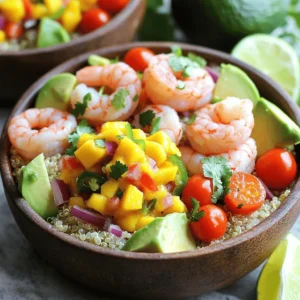 - 1 lb shrimp, peeled and deveined - 2 ripe avocados, diced - 1 cup cooked quinoa - 1 cup cherry tomatoes, halved - 1 small red onion, finely chopped - Juice of 2 limes - 1 ripe mango, diced - 1 small jalapeño, deseeded and minced - 1/2 red bell pepper, diced When I create shrimp and avocado bowls, I focus on fresh, bright flavors. The main ingredients are shrimp, avocados, and quinoa. Shrimp brings a sweet taste and a nice texture. Avocados add creaminess and healthy fats. Quinoa gives a hearty base that fills you up. For the additional ingredients, I use cherry tomatoes and red onion. Cherry tomatoes add a pop of color and sweetness. The red onion gives a nice crunch and sharp flavor. Lime juice ties it all together with a zesty kick. The mango salsa is where the magic happens. Mango adds a tropical sweetness. Jalapeño gives a mild heat, while red bell pepper adds crunch. Together, they create a fresh topping for the bowl. You can find the Full Recipe to guide you through making this dish. It’s easy to follow and will help you create a plate that looks and tastes amazing. Enjoy customizing your bowls with these vibrant ingredients! First, gather your ingredients for the mango salsa. In a bowl, combine: - 1 ripe mango, diced - 1 small jalapeño, deseeded and minced - 1/2 red bell pepper, diced - Juice of 1 lime - Salt, to taste Mix these well. Let the salsa marinate for at least 15 minutes. This helps the flavors blend and deepen. Next, it's time to cook the shrimp. Start by seasoning 1 pound of shrimp with salt and pepper. Heat 1 tablespoon of olive oil in a large skillet over medium-high heat. Add the shrimp and cook for 2-3 minutes on each side. The shrimp should turn pink and opaque. Once cooked, squeeze lime juice over the shrimp for extra flavor. Now, let’s build your bowls. Begin with a base of cooked quinoa, about 1 cup for each bowl. Top it with: - 2 ripe avocados, diced - The cooked shrimp - 1 cup of halved cherry tomatoes - 1 small red onion, finely chopped Finally, spoon a generous amount of the mango salsa over the top of the shrimp and veggies. This adds color and freshness to each bowl. For a complete guide, refer to the Full Recipe for detailed cooking steps. To make your shrimp pop, season them well. I suggest using salt, pepper, and lime juice. You can also try adding garlic powder or smoked paprika for more depth. For additional toppings, consider using sliced radishes or fresh corn. These add a nice crunch and extra color. Serve your bowls with lime wedges on the side. This gives your guests a chance to add more zing to their meal. For a fun touch, use ring molds. Layer the quinoa and toppings to create a beautiful height in the bowls. To cook shrimp perfectly, pay attention to their color. When they turn pink and opaque, they are done. Overcooking makes them rubbery, so keep a close eye. Choosing ripe avocados is simple. Look for avocados that yield slightly when pressed. If they feel too firm, give them a day or two to ripen. {{image_2}} If you're not in the mood for shrimp, you can switch it up. Chicken works great in this dish. Simply grill or sauté the chicken until it's cooked through. Tofu is another option. Press and cube it, then sauté until golden brown. If you prefer seafood, try scallops or crab. Both add a rich flavor and pair well with avocado. Feel free to get creative with the salsa. Instead of mango, use pineapple or peach for a different twist. You can also mix in diced cucumber for extra crunch. If you like it spicy, add more jalapeño or use a habanero pepper. For less heat, go for sweet bell peppers. This dish is easy to adapt for different diets. To make it gluten-free, simply ensure your ingredients are certified gluten-free. For a vegan option, replace shrimp with chickpeas or lentils. The creamy avocado will still give you that satisfying texture. You can also skip the honey in the salsa to keep it fully plant-based. To keep your shrimp and avocado bowls fresh, store leftovers in airtight containers. This helps prevent air and moisture from affecting taste. Place the shrimp and quinoa in one container. Keep the diced avocado and mango salsa in separate containers. This keeps them from browning and losing their flavor. For refrigeration, ensure your bowls cool to room temperature before sealing. This prevents condensation, which can make everything soggy. Store in the fridge for up to two days. Enjoy the freshness while you can! To reheat shrimp, use a skillet on low heat. This keeps the shrimp juicy and avoids overcooking. Stir gently until warmed through. For quinoa, add a splash of water and cover the skillet. This method keeps it fluffy and moist. To keep avocados fresh, only cut them when ready to eat. If you have leftover avocado, sprinkle lime juice on top to slow browning. For best results, eat them within a day. Can you freeze assembled bowls? I do not recommend it. The texture of shrimp and avocado changes when frozen. Instead, you can freeze individual components. Shrimp can freeze well if cooked. Place them in a freezer bag, squeezing out air. For quinoa, cool it completely before freezing. Store in an airtight container or freezer bag. You can keep these components for up to three months. When selecting shrimp, look for these tips: - Freshness: Choose shrimp that smell like the ocean, not fishy. - Appearance: Look for shrimp that are firm, moist, and have a shiny shell. - Size: Decide on the size you prefer, with larger shrimp being meatier. - Source: Buy from trusted vendors who offer sustainable seafood. Choosing the right shrimp ensures your dish tastes great and is safe to eat. Yes, you can prepare parts of this dish ahead of time. Here are some tips: - Cook the shrimp: You can cook the shrimp a few hours before serving. - Make the salsa: Prepare the mango salsa in advance. It tastes better after marinating. - Store separately: Keep the shrimp, salsa, and other ingredients separate until serving. This keeps everything fresh. Meal prepping saves time and lets you enjoy the dish later. You can pair these bowls with various side dishes. Consider these ideas: - Rice: Serve with cilantro lime rice for extra flavor. - Salad: A light green salad adds freshness. - Corn: Grilled corn on the cob makes a great side. - Chips: Tortilla chips with salsa can add crunch. These sides complement the shrimp and avocado bowls perfectly. You can find the full recipe for Shrimp and Avocado Bowls with Mango Salsa in the Full Recipe section. It has all the detailed cooking steps you need. In this blog post, we explored how to make tasty shrimp and avocado bowls. We detailed the key ingredients, like shrimp, avocados, and quinoa, along with tips to enhance flavors. You learned how to prepare mango salsa and cook shrimp perfectly. We also discussed variations, storage, and answers to common questions. These bowls are not just healthy; they're fun to make. Enjoy your cooking and try different ways to customize these dishes!