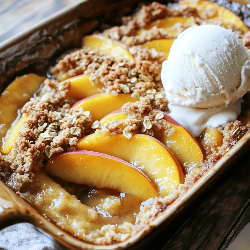 - 6 ripe peaches, peeled and sliced - 1 cup rolled oats - 1 cup all-purpose flour - 1/2 cup brown sugar - 1/2 cup granulated sugar - 1/2 cup unsalted butter, melted - 1 teaspoon ground cinnamon - 1/4 teaspoon nutmeg - 1 tablespoon lemon juice - A pinch of salt Ripe peaches are the star of this dish. They should smell sweet and feel slightly soft. Look for peaches that are firm but give a little when you press them. Soft peaches are best for this dessert. Rolled oats give the crisp its lovely texture. They soak up the peach juices and turn golden in the oven. All-purpose flour helps bind the topping together, adding a nice crunch. - Ice cream or whipped cream - Nutmeg and cinnamon While not required, ice cream or whipped cream adds a creamy touch. They balance the sweet and tart flavors of the peaches. A sprinkle of nutmeg or extra cinnamon gives the dish a warm spice note. - Choosing the best peaches When picking peaches, smell them. If they smell sweet, they are ripe. Look for smooth skin with no bruises. The best time to buy peaches is in late summer. - Substituting sugar or butter You can swap brown sugar for coconut sugar for a different flavor. If you want a lighter crisp, use applesauce in place of butter. This change keeps it moist while cutting fat. For the Full Recipe, check the main recipe section! First, let’s get those peaches ready. I like to use ripe peaches for the best flavor. Start by peeling the peaches. You can use a knife or just blanch them in hot water for a minute. The skin will slide right off. Next, slice the peaches into thin wedges. Aim for about half an inch thick. This size helps them cook evenly. Once sliced, place the peaches in a bowl. Add one tablespoon of lemon juice. This keeps them fresh and adds a nice zing. Then, sprinkle a bit of granulated sugar and a pinch of salt. Toss gently to coat the peaches well. Now, let’s make that delicious crisp topping. In a medium bowl, combine these dry ingredients: - 1 cup rolled oats - 1 cup all-purpose flour - 1/2 cup brown sugar - 1/2 cup granulated sugar - 1 teaspoon ground cinnamon - 1/4 teaspoon nutmeg - A pinch of salt Mix these ingredients until they look well combined. Next, pour in 1/2 cup of melted butter. Use a fork or your hands to mix until crumbly. You want it to look like wet sand. This will give your crisp that perfect texture. Preheat your oven to 350°F (175°C). This step is key. A hot oven helps the crisp bake evenly. Spread the peach mixture evenly in a greased 9x13-inch baking dish. Then, sprinkle the oat topping over the peaches. Make sure to cover them completely. Bake it all in the preheated oven for 30 to 35 minutes. You’ll know it’s done when the top turns golden brown and the peaches bubble up. Once baked, remove it from the oven. Let it cool for at least 10 minutes before you dig in. Enjoy your peach crisp warm, maybe with some ice cream or whipped cream on top. For the full recipe, check the earlier section. To get the best crumbly topping, use cold butter. Cut it into small pieces and mix it with the oats and flour. This gives you that nice, crunchy texture. Don't rush this step; mix until it looks like small crumbs. For the peaches, choose ripe ones. They should feel soft but not mushy. This way, they will become tender while baking but still hold their shape. Peach crisp loves company! Serve it warm with a scoop of ice cream or a dollop of whipped cream on top. The creaminess of the ice cream pairs well with the warm peaches. For portion sizes, think about serving 1/2 cup per person. This amount is just right to enjoy without feeling too full. You can serve peach crisp warm or let it chill for a refreshing cold treat. Both ways taste great! If you want to add a little crunch, sprinkle some nuts or granola on top. This will give your dessert an extra layer of flavor and texture. You can find the full recipe to guide you through making this delightful treat. {{image_2}} To make a vegan peach crisp, you can easily swap a few ingredients. Instead of using regular butter, you can opt for plant-based butter. This keeps the rich flavor while making it dairy-free. You can also replace granulated sugar with coconut sugar or maple syrup. If you need a gluten-free peach crisp, choose gluten-free flour alternatives. Almond flour or coconut flour works well for a tasty crisp. You can also mix in gluten-free oats to keep the texture just right. When baking gluten-free, monitor the crisp closely. It may cook a bit faster than regular recipes. Peach crisp is not just for peaches! You can mix in other fruits like berries or apples. This adds fun flavors and color to your dish. When using different fruits, adjust spices to enhance their taste. For example, add a pinch of nutmeg for apples or some lemon zest for berries. For the full recipe, check the [Full Recipe]. To keep your peach crisp fresh, let it cool first. Cover it tightly with plastic wrap or foil. Store it in the fridge for up to three days. If you want to save it longer, freeze it. Cut the crisp into portions, wrap each piece tightly, and place them in an airtight container. It will last in the freezer for up to three months. Reheating peach crisp is easy. You can use an oven or a microwave. For the oven, preheat it to 350°F (175°C). Place the crisp in an oven-safe dish and cover it with foil. Heat for about 15-20 minutes. This keeps the topping crispy. If using a microwave, heat a single portion for 30 seconds to 1 minute. This method may soften the topping, so serve with a scoop of ice cream to add texture. In the fridge, peach crisp stays fresh for about three days. Signs of spoilage include a sour smell or mold. If you see these signs, it’s best to throw it away. Always check for freshness before enjoying your delicious dessert again. To peel peaches easily, you can use two methods. First, blanch them. Boil water and add the peaches for about 30 seconds. Then, place them in ice water. The skin will slip right off. Second, you can use a sharp knife. Cut a small "X" on the bottom of each peach. This helps the skin to peel off more easily. Yes, you can prepare peach crisp ahead of time. You can mix the peaches and store them in the fridge for up to one day. For the topping, you can make it and keep it in a separate container. When you are ready, just combine them and bake it fresh. This way, you save time on busy days. You can tell your peach crisp is done by its color and smell. Look for a golden brown top. The peaches should bubble around the edges. You can also insert a fork. If it goes in easily, the peaches are tender. Enjoy the sweet aroma as it bakes! Peach crisp is a delightful dessert that combines ripe peaches with a crumbly topping. We discussed key ingredients, including rolled oats and all-purpose flour. You learned step-by-step instructions for making this treat, ensuring perfect texture and flavor. There are tips for vegan and gluten-free options, plus creative serving ideas. In the end, peach crisp is simple and fun to make. Feel free to experiment with flavors and toppings. Enjoy every bite, whether you serve it warm or cold. Happy baking!