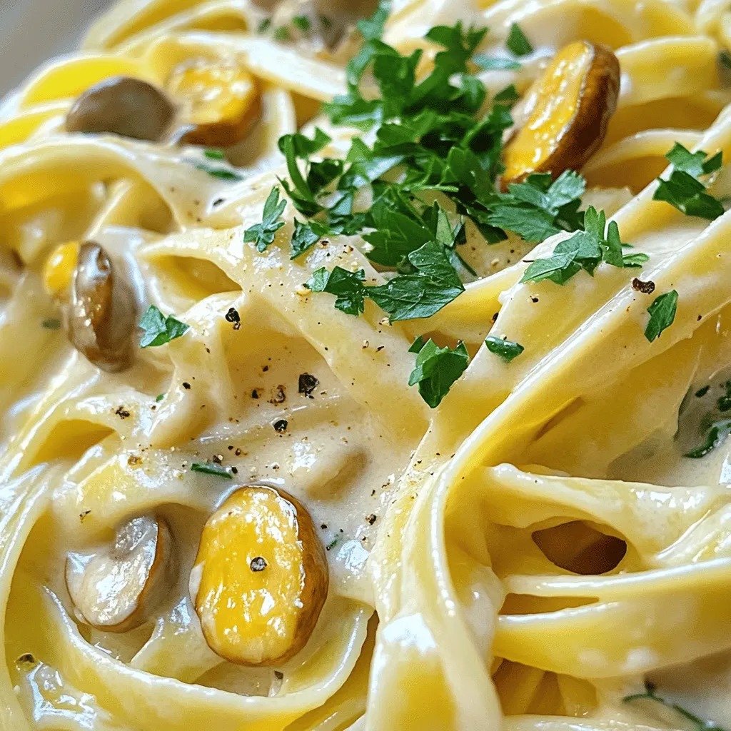 For this creamy Parmesan spinach mushroom pasta, you need a few key items. Here’s what to gather: - 8 oz fettuccine or spaghetti - 2 tablespoons olive oil - 1 small onion, finely diced - 2 cloves garlic, minced - 8 oz mushrooms, sliced (cremini or button) - 4 cups fresh spinach These ingredients create a base full of flavor and texture. The pasta is the heart of the dish. The olive oil, onion, garlic, mushrooms, and spinach bring depth to each bite. Next, let’s talk about the creamy goodness: - 1 cup heavy cream - 1 cup grated Parmesan cheese Heavy cream offers richness, while the Parmesan adds a salty, nutty flavor. Together, they create a luscious sauce that clings to the pasta. Don’t forget to season and add a pop of color: - Salt and pepper to taste - 1 teaspoon Italian seasoning - Fresh parsley, chopped, for garnish These seasonings elevate the dish. The salt and pepper enhance flavors, while Italian seasoning adds warmth. Fresh parsley brings brightness and a lovely finish. For the complete recipe, check out the Full Recipe section. 1. Bringing water to a boil: Start by filling a large pot with water. Make sure to add a good amount of salt. This salt helps flavor the pasta. Place the pot on high heat and wait for it to boil. 2. Cooking pasta to al dente: Once boiling, add your fettuccine or spaghetti. Cook it according to the package instructions. You want it to be al dente, which means it should be firm but cooked through. When done, reserve 1/2 cup of the pasta water, then drain the pasta and set it aside. 1. Heating olive oil: Grab a large skillet and place it on medium heat. Pour in the olive oil and let it warm up. 2. Cooking onion, garlic, and mushrooms: Add the diced onion to the skillet. Sauté it for about 3 to 4 minutes until it softens. Then, stir in the minced garlic and sliced mushrooms. Cook these for around 5 to 7 minutes until the mushrooms turn golden brown. 1. Adding spinach and heavy cream: Mix in the fresh spinach and let it wilt down. This should take about 2 to 3 minutes. Then, lower the heat and pour in the heavy cream, stirring to combine everything. 2. Incorporating Parmesan cheese: Gradually add the grated Parmesan cheese while stirring continuously. Keep stirring until the cheese melts and the sauce becomes smooth. 1. Tossing pasta with sauce: Now, add the cooked pasta to the skillet. Gently toss it with the creamy sauce, making sure every piece of pasta is coated. 2. Adjusting consistency with pasta water: If the sauce is too thick, add a little of the reserved pasta water. Do this slowly until you reach the desired consistency. 3. Final seasoning and presentation: Finally, season the dish with salt, pepper, and Italian seasoning to taste. Give it one last stir. Serve the pasta in bowls and sprinkle with chopped fresh parsley for a pop of color. For the complete process, refer to the Full Recipe. Enjoy your creamy, delicious dish! To get the best texture, cook pasta until al dente. This means it should be firm yet tender. I recommend checking the package for cooking times. For fettuccine or spaghetti, it usually takes about 8 to 10 minutes. Remember to taste it a minute before the time is up. To avoid sticky pasta, make sure to stir while it cooks. This keeps the noodles from clumping together. Also, rinse cooked pasta in cool water briefly if you won't add it to the sauce right away. For a creamy sauce, balance the cream-to-cheese ratio. I use one cup of cream and one cup of Parmesan. This mix gives the sauce a rich flavor. If you prefer thicker sauce, add more cheese. If you want it lighter, use less cream. Taste as you go to find your sweet spot. You can adjust flavors to your liking. Some might like more garlic or a touch of lemon juice. Experimenting with spices adds a fun twist. When storing leftovers, let the pasta cool completely first. Place it in an airtight container. This helps keep it fresh for about three days in the fridge. For reheating, the best method is to use a skillet. Add a splash of water or cream to keep it moist. Heat over low heat, stirring often. This way, your creamy pasta stays delicious and creamy. For more tips, refer to the Full Recipe. {{image_2}} You can easily make this dish vegan. Use plant-based cream instead of heavy cream. For cheese, try cashew cheese or nutritional yeast. You still get that creamy texture and rich flavor. This makes it a great option for those avoiding animal products. Want to make this dish heartier? Add some protein! You can use cooked chicken, shrimp, or even tofu. Just cook the protein separately and mix it in during the last step. This adds flavor and makes the meal more filling. To elevate your pasta, try adding extra herbs and spices. Fresh basil, oregano, or thyme can bring new life to the dish. A pinch of red pepper flakes adds a nice kick. You can always experiment with your favorite flavors. The goal is to make the dish uniquely yours. For more guidance, refer to the Full Recipe. To keep your leftover creamy Parmesan spinach mushroom pasta fresh, refrigerate it. Place the pasta in an airtight container. Make sure it cools down first. It will stay good for about 3 to 5 days in the fridge. When you are ready to eat, check for any signs of spoilage. If it looks or smells off, throw it away. For longer storage, you can freeze the pasta. First, let it cool completely. Then, transfer it to a freezer-safe container. You can also use freezer bags for easier storage. Try to remove as much air as possible. This way, it will stay good for about 2 to 3 months. When you want to enjoy it again, just thaw it overnight in the fridge. Reheating creamy pasta can be tricky. The best method is to use the stove. Place the pasta in a pan over low heat. Add a splash of milk or cream to keep it creamy. Stir it often to avoid sticking. You can also use a microwave. Just cover it with a damp paper towel and heat in short bursts. Stir in between to heat evenly. Enjoy your meal with the same delicious flavors as before. You can use several options to replace heavy cream. Whole milk is one choice. It adds some creaminess but is lighter. You can also blend silken tofu for a vegan twist. Another idea is to mix equal parts of milk and Greek yogurt. This adds richness and protein. To achieve a creamy texture, heat your substitute gently. Stir it in after cooking your vegetables. This way, you keep the flavors bright and fresh. Yes, you can prep this dish ahead of time. Cook the pasta and store it separately. Keep the sauce in the fridge for up to three days. When you are ready to eat, heat the sauce on low. Add the pasta and stir until warm. For best results, do not freeze the sauce. Freezing may change the texture. Fettuccine or spaghetti works well for this creamy dish. Both types hold sauce nicely. If you prefer gluten-free pasta, use a blend made from brown rice or chickpeas. These options give a great taste and texture. You can also try whole-grain pasta for added fiber. It’s a healthy choice that pairs well with the sauce. For the complete recipe of Creamy Parmesan Spinach Mushroom Pasta, check out the [Full Recipe]. This blog post showed you how to make a delicious creamy Parmesan spinach mushroom pasta. You learned about key ingredients like pasta, cream, and spices. You got step-by-step cooking instructions and useful tips for perfect texture and flavors. Plus, I shared ways to store leftovers and variations, like adding protein or making it vegan. With the right ingredients and simple steps, you can create a tasty meal at home. Enjoy experimenting with this recipe and make it your own!