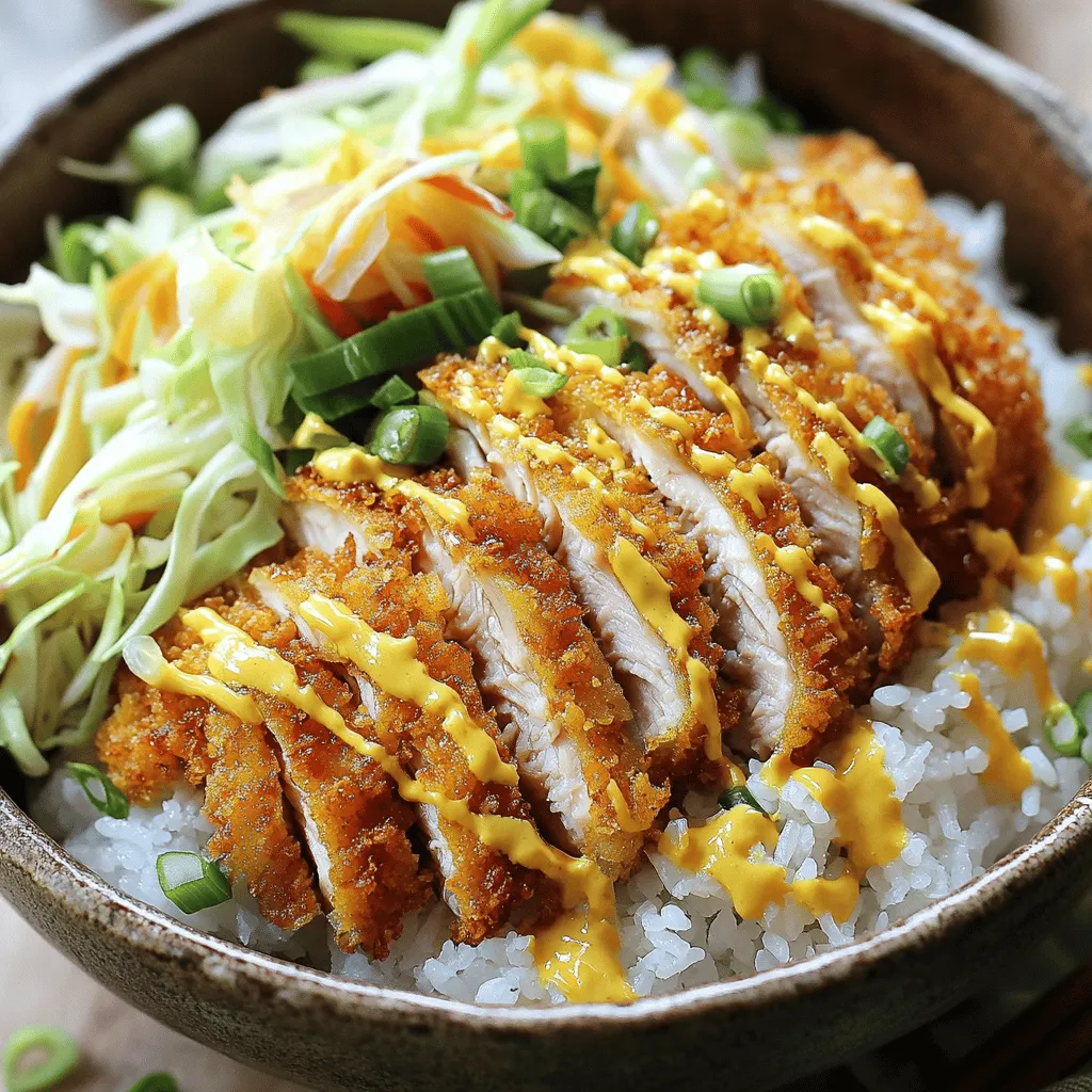 - 2 boneless chicken thighs (or pork loin if preferred) - 1 cup panko breadcrumbs - 1/2 cup all-purpose flour - 2 large eggs - Salt and pepper to taste - Vegetable oil (for frying) - 2 cups cooked jasmine rice - 1 cup shredded cabbage - 2 green onions, sliced - Pickled ginger (for garnish) - 1/4 cup tonkatsu sauce (store-bought or homemade) When I prepare my katsu bowls, I love using fresh chicken thighs. They give a juicy bite. If you prefer pork, that works too! I always use panko breadcrumbs. They provide a great crunch. The flour and eggs help the breadcrumbs stick. Don't forget about the rice! Jasmine rice is my go-to for this dish. It has a mild flavor that pairs well with the katsu. I also add shredded cabbage for some crispiness and freshness. Green onions add a nice pop of color and flavor. For garnish, I like to use pickled ginger. It adds a tangy kick that lifts the dish. Lastly, the star of the show is the tonkatsu sauce. It’s sweet, savory, and pairs perfectly with the crispy katsu. You can find the full recipe with detailed steps and tips to make this dish shine. Enjoy the process and the delicious outcome! Start with two boneless chicken thighs or pork loin. Season them with salt and pepper on both sides. This simple step adds flavor. If you use pork, season it the same way. Coating the meat is key for the crispy texture. A good coat helps the panko stick better and gives crunch. Next, set up your dredging station. You need three bowls. Put flour in one, beaten eggs in the second, and panko breadcrumbs in the last. Now, take one piece of chicken. Dust it with flour first, then dip it into the eggs. Finally, coat it well with panko. Repeat this for the second piece. For frying, heat about 1/4 inch of vegetable oil in a large skillet. Aim for medium-high heat, around 350°F (175°C). To test if the oil is hot enough, drop a few breadcrumbs in. If they sizzle, it’s ready. Carefully add the chicken. Cook for about 5-7 minutes on each side. Look for a golden brown color. Check the internal temperature; it should reach 165°F (74°C). After frying, put the chicken on paper towels to drain the oil. Now it’s time to assemble your katsu bowls. Start with about 1 cup of cooked jasmine rice in each serving bowl. Next, place your sliced chicken on top. Add a handful of shredded cabbage for crunch. Drizzle tonkatsu sauce over everything to enhance the flavor. It adds a sweet and savory touch. Finish with sliced green onions and a bit of pickled ginger on the side for extra zing. Enjoy your meal! For the full recipe, check the details above. To get that perfect crispiness, use panko breadcrumbs. They are lighter than regular crumbs. This lightness helps create a crunchy outer layer. Make sure to press the breadcrumbs onto the meat. This ensures they stick well while frying. Controlling oil temperature is key for great katsu. Use a thermometer to check the oil's heat. Aim for about 350°F (175°C). If the oil is too hot, the coating may burn. If it's too cool, the katsu will soak up too much oil. Frying in small batches helps keep the temperature steady. You can make a tasty tonkatsu sauce at home. Here are the simple ingredients you need: - 1/4 cup ketchup - 2 tablespoons soy sauce - 1 tablespoon Worcestershire sauce - 1 tablespoon sugar - 1 teaspoon Dijon mustard - A pinch of garlic powder Mix these ingredients in a bowl. Stir until smooth. That’s it! Your sauce is ready in minutes. Katsu bowls taste great with sides that add color and crunch. Try serving with: - Steamed broccoli - Edamame - Miso soup These sides bring balance to your meal. For drinks, consider pairing with green tea or a light beer. These drinks enhance the flavors and give an authentic touch to your katsu experience. Enjoy your delicious bowl! {{image_2}} You can switch up the meat in your katsu bowl. For a vegetarian option, use eggplant or tofu. Both become crispy and delicious when coated in panko and fried. For vegans, tofu is the best choice. It absorbs flavors well. For meat lovers, consider using beef or shrimp for katsu. Each protein brings its own unique taste to the dish. Want a kick? Add spicy mayo or chili oil to your tonkatsu sauce. This gives the dish a fun twist. You can also mix in sriracha or wasabi for extra heat. If you run out of tonkatsu sauce, use soy sauce mixed with a bit of sugar and vinegar. This creates a similar sweet and salty flavor. Toppings can make your katsu bowl even better. Try adding avocado slices for creaminess. You can also sprinkle sesame seeds for a nutty crunch. Fresh herbs like cilantro or basil provide a burst of color and flavor. Seasonal garnishes like radish or cherry tomatoes can brighten your dish. These touches make your katsu bowl visually appealing and tasty. To keep your katsu bowls fresh, store them in the fridge. Place the chicken and rice in separate containers. This helps keep the chicken crispy and the rice fluffy. Use airtight containers to avoid moisture. Glass containers work well for this. Make sure to cool everything to room temperature before sealing them. When you reheat your katsu, aim for the best taste. Use an oven or an air fryer to keep the chicken crispy. Preheat your oven to 375°F (190°C). Place the chicken on a baking sheet for about 10 minutes. For the rice, add a splash of water and cover it. This will help the rice stay moist. Microwave the rice for one to two minutes, checking often. If you want to freeze your katsu chicken and rice, do it carefully. Wrap each piece of chicken tightly in plastic wrap. Then, place them in a freezer bag. Keep the rice in a separate container. For thawing, move the chicken to the fridge overnight. Reheat as detailed above. Cooked rice can be reheated straight from the freezer. Just add a little water in a microwave-safe dish and heat. Enjoy your katsu bowl later! To make authentic tonkatsu sauce, you need a few key ingredients. The main components include: - Worcestershire sauce - Soy sauce - Ketchup - Sugar - Mirin (sweet rice wine) - Mustard These ingredients blend to create a rich, tangy sauce. Mix them well for the best flavor. You can adjust sweetness or acidity to suit your taste. Yes, you can use other meats. While chicken and pork are popular, you can try: - Beef: Use thin slices for a different texture. - Tofu: Firm tofu works well for a vegan option. - Eggplant: Breaded and fried eggplant provides a tasty vegetarian dish. Feel free to experiment with proteins that you enjoy. Katsu bowls are great on their own, but pairing them with sides enhances the meal. Consider these options: - Miso soup: A warm, savory addition. - Edamame: Light and healthy. - Pickled vegetables: They add a nice crunch and tang. - Japanese salad: A fresh side with sesame dressing. These sides balance the rich flavors of the katsu. Katsu chicken lasts about 3 to 4 days in the fridge. Make sure to store it in an airtight container. This keeps it fresh and safe to eat. If you see any signs of spoilage, it’s best to discard it. Finding great katsu bowls can be a fun adventure. Look for restaurants known for Japanese cuisine. Some popular spots include: - Local ramen shops: Many serve katsu bowls. - Japanese izakayas: They often feature this dish. - Food trucks: You might find unique katsu variations. Ask friends or check online reviews for recommendations. Enjoy exploring! In this blog post, we explored making katsu bowls with easy ingredients and steps. You learned how to prepare chicken or pork, with tips for frying and serving. We also discussed variations, including vegetarian options, and storing leftovers effectively. Katsu bowls offer great taste with many choices. Enjoy creating and customizing this dish for yourself or others. Happy cooking!