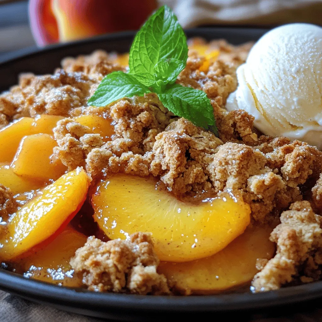 When making peach crisp, both fresh and canned peaches work well. Fresh peaches bring a bright, juicy flavor. They are in season during the summer months. Look for ripe, firm peaches. If you choose canned peaches, opt for those packed in juice or water. Avoid those in heavy syrup. Canned peaches save time and make the recipe easier. Just drain the syrup before use. Both options yield a delicious dessert, so pick what you prefer or have on hand. Here is what you need for a delightful peach crisp: - 4 cups fresh or canned peaches, sliced (if using canned, drain syrup) - 1/4 cup granulated sugar - 1 tablespoon lemon juice - 1 teaspoon ground cinnamon - 1 cup rolled oats - 1/2 cup all-purpose flour - 1/3 cup brown sugar, packed - 1/2 teaspoon baking powder - 1/4 teaspoon salt - 1/2 cup unsalted butter, melted - Vanilla ice cream (for serving, optional) You can easily swap or add ingredients to your peach crisp. If you want a lower sugar option, try using honey or maple syrup. For a gluten-free version, replace all-purpose flour with almond or coconut flour. You can also add nuts, like pecans or walnuts, for a crunchy twist. Want more flavor? Add a pinch of nutmeg or ginger. Feel free to experiment and make this recipe your own! Check the Full Recipe for more details. First, I preheat the oven to 350°F (175°C). This step is key for a nice bake. Next, I grab a 9x13 inch baking dish. I grease it lightly with butter or cooking spray. This helps the crisp come out easily later. Now, I focus on the peaches. If I use fresh peaches, I wash and slice them. I measure about 4 cups. If I choose canned peaches, I drain the syrup first. In a large bowl, I combine the sliced peaches with 1/4 cup granulated sugar, 1 tablespoon lemon juice, and 1 teaspoon ground cinnamon. I mix well until the peaches are coated. Then, I pour this mixture into my greased baking dish. Next, I make the crisp topping. In a separate bowl, I mix 1 cup rolled oats, 1/2 cup all-purpose flour, 1/3 cup brown sugar, 1/2 teaspoon baking powder, and 1/4 teaspoon salt. I stir until combined. Then, I add 1/2 cup melted unsalted butter. I mix until everything is crumbly and well-coated. I sprinkle this topping evenly over the peach mixture in the baking dish. Now, I’m ready to bake! I place the dish in the oven for 30-35 minutes. I wait until the top is golden brown and the peaches are bubbly. After baking, I let it cool for about 10 minutes before serving. This whole process makes a Peach Paradise Crisp that is warm and delicious. For the full recipe, check out the earlier section! To get a golden crisp, use fresh ingredients. Fresh peaches shine in this dessert. If using canned peaches, drain them well. This avoids excess moisture. Mix your topping ingredients in a bowl. Use your hands to blend them. Crumble the mixture over the peaches evenly. This helps with even baking. Bake your peach crisp for 30 to 35 minutes. Keep an eye on the top. It should turn golden brown. The edges will bubble when it's ready. If you want to be sure, use a toothpick. Insert it into the center. If it comes out clean, your crisp is done. Serve your peach crisp warm from the oven. A scoop of vanilla ice cream adds joy. The cold ice cream pairs well with the warm crisp. You can sprinkle cinnamon on top for extra flavor. Fresh mint leaves also make a lovely garnish. Enjoy your Peach Paradise Crisp with family and friends. For the full recipe, check out the details above. {{image_2}} You can mix things up with your peach crisp. Try adding other fruits for fun. Berries, like blueberries or raspberries, add a nice tartness. Apples can bring a crisp texture. Pears also work well, adding sweetness. Just use about 2 cups of mixed fruit with the peaches. This gives your crisp a new twist while keeping it tasty. If you need a gluten-free option, don’t worry. You can easily adapt this recipe. Use gluten-free oats instead of regular rolled oats. Swap the all-purpose flour for almond flour or coconut flour. These options keep your crisp light and delicious. Check the labels on your ingredients to ensure they are gluten-free. Now, everyone can enjoy this treat! Spices can take your peach crisp to the next level. Try adding a pinch of nutmeg for warmth. Cardamom adds a unique flavor that pairs well with peaches. You can also add a splash of vanilla extract for a sweet aroma. Just mix these spices into the peach filling before baking. Your crisp will have an exciting new flavor that will surprise your taste buds. For the full recipe, be sure to follow the steps carefully. After you enjoy your Peach Paradise Crisp, you might have some left. To keep it fresh, store it in an airtight container. If you use a glass dish, cover it with plastic wrap or foil. This helps keep moisture in and prevents drying out. Place the container in the fridge. It will last about three to four days. If you want to keep it longer, consider freezing it. When you are ready to eat the leftover peach crisp, reheating is key. Preheat your oven to 350°F (175°C). Place the crisp in an oven-safe dish. Cover it with foil to prevent it from burning. Heat for about 15 to 20 minutes. You want the top to be warm and crispy. If you like, you can add a scoop of vanilla ice cream on top when serving. Freezing peach crisp is simple. Make sure it has completely cooled first. You can freeze it in the original baking dish or transfer it to a freezer-safe container. Wrap it tightly with plastic wrap and then with aluminum foil. This helps avoid freezer burn. Your peach crisp can last up to three months in the freezer. When you're ready to eat it, thaw it in the fridge overnight. Then, reheat it like before for a warm treat. Yes, you can use frozen peaches for peach crisp. Just make sure to thaw them first. Drain any excess liquid before mixing them with sugar and spices. This step helps keep your crisp from being soggy. To make peach crisp ahead of time, prepare the peach filling and topping separately. Store the peach mixture in the fridge. Keep the topping in an airtight container. When you’re ready to bake, layer the topping over the peaches and bake as directed. Your peach crisp is done when the top is golden brown and the peaches bubble. You can check the edges for a nice golden color. A toothpick inserted into the topping should come out clean. Let it cool for a few minutes before serving. In this blog post, we covered how to make a delicious peach crisp. We looked at the best ingredients, like fresh or canned peaches, and key substitutions. I shared step-by-step instructions for preparing your oven, peaches, and the crunchy topping. We also discussed tips for the perfect bake and serving ideas. Finally, remember that you can adapt this recipe with other fruits and flavors. Whether you store leftovers or freeze it for later, peach crisp is always a treat. Get ready to impress everyone with your tasty dessert!