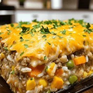 This cheesy ranch ground beef and rice casserole is easy to make. It combines ground beef, rice, and ranch flavors. This dish is filling and great for family dinners. You can find the full recipe above. Here is what you need to make this dish: - 1 lb ground beef - 1 cup uncooked white rice - 2 cups beef broth - 1 packet ranch seasoning mix - 1 cup shredded cheddar cheese - 1 cup frozen mixed vegetables (peas, carrots, and corn) - 1 small onion, diced - 2 cloves garlic, minced - 2 tablespoons olive oil - Salt and pepper to taste - Fresh parsley, chopped (for garnish) Each ingredient plays a key role in this dish: - Ground beef adds protein and richness. It gives a hearty base. - White rice absorbs flavors and fills you up. It creates a nice texture. - Beef broth adds moisture and depth to the dish. It enhances the beef flavor. - Ranch seasoning mix brings a burst of flavor. It adds a tangy twist. - Cheddar cheese melts beautifully, making every bite creamy and cheesy. - Frozen mixed vegetables add color and nutrients. They make the dish more balanced. - Onion and garlic provide a great aroma and base flavor. They make the dish tasty. - Olive oil helps sauté the vegetables and beef. It adds healthy fats. - Salt and pepper enhance all the flavors. They bring everything together. - Fresh parsley adds a pop of color and freshness when serving. Understanding these ingredients helps you appreciate the dish even more. Enjoy preparing this cheesy ranch delight! First, gather all your ingredients. You will need: - 1 lb ground beef - 1 cup uncooked white rice - 2 cups beef broth - 1 packet ranch seasoning mix - 1 cup shredded cheddar cheese - 1 cup frozen mixed vegetables - 1 small onion, diced - 2 cloves garlic, minced - 2 tablespoons olive oil - Salt and pepper to taste - Fresh parsley, chopped Next, preheat your oven to 350°F (175°C). This helps ensure even cooking. In a large skillet, heat the olive oil over medium heat. Add the diced onion and cook until soft, about 3-4 minutes. Then, stir in the minced garlic and cook for another 1-2 minutes. The smell will be amazing! Now, add the ground beef to the skillet. Break it up with a spoon as it cooks. Brown the beef until no pink remains. If there's excess fat, drain it. This keeps your casserole from being greasy. Next, stir in the ranch seasoning mix, uncooked rice, and beef broth. Bring the mixture to a gentle boil. Once boiling, cover the skillet and reduce the heat to low. Let it cook for about 15 minutes. The rice will absorb most of the broth during this time. After 15 minutes, add in the frozen mixed vegetables and half of the shredded cheddar cheese. Mix it all together and season with salt and pepper to taste. Now it’s time to assemble your casserole. Transfer the mixture to a greased 9x13 inch casserole dish. Spread it out evenly. Top with the remaining cheddar cheese. This will give you that melty, cheesy goodness everyone loves. Place the casserole in the preheated oven. Bake for 25-30 minutes. You want the cheese to be bubbly and golden brown. Once done, take it out and let it cool for a few minutes. Garnish with fresh parsley before serving. Enjoy your cheesy ranch ground beef and rice casserole delight! For the complete cooking details, see the Full Recipe. When making Cheesy Ranch Ground Beef and Rice Casserole, avoid these missteps: - Don’t skip the browning: Browning the beef adds rich flavor. - Watch the rice: Make sure the rice is fully cooked before baking. - Use enough liquid: The beef broth is key for moist rice. - Overcrowding the pan: Cook the beef in batches if your skillet is small. To make your casserole even tastier, try these tips: - Add spices: A pinch of paprika or cayenne adds a nice kick. - Use fresh herbs: Fresh parsley or chives brighten the dish. - Mix in a splash of Worcestershire sauce: It deepens the umami flavor. - Experiment with cheese: Blend different cheeses for extra richness. If you’re missing an ingredient, don’t worry! Here are some great swaps: - Ground beef: Use ground turkey or chicken for a lighter option. - Beef broth: Vegetable broth works just as well for a lighter taste. - Frozen vegetables: Fresh veggies can replace frozen ones; just chop them small. - Ranch seasoning: Mix equal parts of garlic powder, onion powder, and dried dill. These tips will help you create a delicious Cheesy Ranch Ground Beef and Rice Casserole. For the full recipe, refer back to the beginning of this article. {{image_2}} You can switch the ground beef for other proteins. Try ground turkey or chicken for a lighter option. They bring a different taste while keeping the dish hearty. If you're feeling adventurous, use ground lamb or pork. Both give a nice twist to the classic flavor. You can also use diced chicken breast for a healthier choice. To make this casserole vegetarian, replace the ground beef with a mix of beans. Black beans or kidney beans work well. You can also add lentils for extra protein. Use vegetable broth instead of beef broth to keep the flavor rich. For a cheesy touch, add more cheddar cheese or try a dairy-free option. You can easily adjust the flavor of your casserole. For a kick, add some diced jalapeños or red pepper flakes. Mix in some spices like cumin or paprika for a different taste. Fresh herbs like cilantro or basil can brighten the dish. If you love cheese, try mixing different types, like pepper jack or mozzarella, for extra creaminess. For more details on making this dish, check the Full Recipe. To keep your Cheesy Ranch Ground Beef and Rice Casserole fresh, store it in an airtight container. Let it cool before sealing. Place it in the fridge for up to three days. Label the container with the date for easy tracking. If you have extra servings, it’s best to store them separately. You can freeze this casserole for later use. First, let it cool completely. Cut it into portions for easy thawing. Wrap each portion tightly in plastic wrap, then place it in a freezer-safe bag. It will stay good for about three months. Remember to label the bags with the date and contents. To reheat, take the casserole out of the fridge or freezer. If frozen, thaw it overnight in the fridge. Preheat your oven to 350°F (175°C). Place the casserole in an oven-safe dish, cover it with foil, and bake for about 20 to 25 minutes. If you want it extra cheesy, uncover it for the last five minutes. You can also use a microwave for quick reheating, but the oven gives better results. Enjoy your delicious meal again! Yes, you can use brown rice. It adds a nutty flavor and more fiber. However, brown rice takes longer to cook. You will need to adjust the cooking time and the amount of broth. I recommend cooking brown rice separately, then mixing it in later. If you don’t have ranch seasoning, use these items: - 1 teaspoon garlic powder - 1 teaspoon onion powder - 1 teaspoon dried dill - 1 teaspoon dried parsley Mix these together for a great flavor. You can also try Italian seasoning for a twist. The casserole lasts about 3 to 4 days in the fridge. Make sure to store it in an airtight container. To reheat, warm it in the oven or microwave until hot. Enjoy it again just like the first time! This blog post covered key ingredients, step-by-step cooking methods, and helpful tips. We explored variations and storage info to keep your dish fresh. Remember, the right ingredients make a big difference. By following these steps, you can create a tasty meal that suits any need. Don’t forget to enjoy the process and tweak recipes to your liking. Happy cooking!