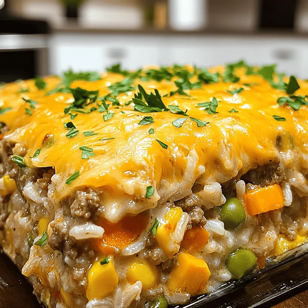This cheesy ranch ground beef and rice casserole is easy to make. It combines ground beef, rice, and ranch flavors. This dish is filling and great for family dinners. You can find the full recipe above. Here is what you need to make this dish: - 1 lb ground beef - 1 cup uncooked white rice - 2 cups beef broth - 1 packet ranch seasoning mix - 1 cup shredded cheddar cheese - 1 cup frozen mixed vegetables (peas, carrots, and corn) - 1 small onion, diced - 2 cloves garlic, minced - 2 tablespoons olive oil - Salt and pepper to taste - Fresh parsley, chopped (for garnish) Each ingredient plays a key role in this dish: - Ground beef adds protein and richness. It gives a hearty base. - White rice absorbs flavors and fills you up. It creates a nice texture. - Beef broth adds moisture and depth to the dish. It enhances the beef flavor. - Ranch seasoning mix brings a burst of flavor. It adds a tangy twist. - Cheddar cheese melts beautifully, making every bite creamy and cheesy. - Frozen mixed vegetables add color and nutrients. They make the dish more balanced. - Onion and garlic provide a great aroma and base flavor. They make the dish tasty. - Olive oil helps sauté the vegetables and beef. It adds healthy fats. - Salt and pepper enhance all the flavors. They bring everything together. - Fresh parsley adds a pop of color and freshness when serving. Understanding these ingredients helps you appreciate the dish even more. Enjoy preparing this cheesy ranch delight! First, gather all your ingredients. You will need: - 1 lb ground beef - 1 cup uncooked white rice - 2 cups beef broth - 1 packet ranch seasoning mix - 1 cup shredded cheddar cheese - 1 cup frozen mixed vegetables - 1 small onion, diced - 2 cloves garlic, minced - 2 tablespoons olive oil - Salt and pepper to taste - Fresh parsley, chopped Next, preheat your oven to 350°F (175°C). This helps ensure even cooking. In a large skillet, heat the olive oil over medium heat. Add the diced onion and cook until soft, about 3-4 minutes. Then, stir in the minced garlic and cook for another 1-2 minutes. The smell will be amazing! Now, add the ground beef to the skillet. Break it up with a spoon as it cooks. Brown the beef until no pink remains. If there's excess fat, drain it. This keeps your casserole from being greasy. Next, stir in the ranch seasoning mix, uncooked rice, and beef broth. Bring the mixture to a gentle boil. Once boiling, cover the skillet and reduce the heat to low. Let it cook for about 15 minutes. The rice will absorb most of the broth during this time. After 15 minutes, add in the frozen mixed vegetables and half of the shredded cheddar cheese. Mix it all together and season with salt and pepper to taste. Now it’s time to assemble your casserole. Transfer the mixture to a greased 9x13 inch casserole dish. Spread it out evenly. Top with the remaining cheddar cheese. This will give you that melty, cheesy goodness everyone loves. Place the casserole in the preheated oven. Bake for 25-30 minutes. You want the cheese to be bubbly and golden brown. Once done, take it out and let it cool for a few minutes. Garnish with fresh parsley before serving. Enjoy your cheesy ranch ground beef and rice casserole delight! For the complete cooking details, see the Full Recipe. When making Cheesy Ranch Ground Beef and Rice Casserole, avoid these missteps: - Don’t skip the browning: Browning the beef adds rich flavor. - Watch the rice: Make sure the rice is fully cooked before baking. - Use enough liquid: The beef broth is key for moist rice. - Overcrowding the pan: Cook the beef in batches if your skillet is small. To make your casserole even tastier, try these tips: - Add spices: A pinch of paprika or cayenne adds a nice kick. - Use fresh herbs: Fresh parsley or chives brighten the dish. - Mix in a splash of Worcestershire sauce: It deepens the umami flavor. - Experiment with cheese: Blend different cheeses for extra richness. If you’re missing an ingredient, don’t worry! Here are some great swaps: - Ground beef: Use ground turkey or chicken for a lighter option. - Beef broth: Vegetable broth works just as well for a lighter taste. - Frozen vegetables: Fresh veggies can replace frozen ones; just chop them small. - Ranch seasoning: Mix equal parts of garlic powder, onion powder, and dried dill. These tips will help you create a delicious Cheesy Ranch Ground Beef and Rice Casserole. For the full recipe, refer back to the beginning of this article. {{image_2}} You can switch the ground beef for other proteins. Try ground turkey or chicken for a lighter option. They bring a different taste while keeping the dish hearty. If you're feeling adventurous, use ground lamb or pork. Both give a nice twist to the classic flavor. You can also use diced chicken breast for a healthier choice. To make this casserole vegetarian, replace the ground beef with a mix of beans. Black beans or kidney beans work well. You can also add lentils for extra protein. Use vegetable broth instead of beef broth to keep the flavor rich. For a cheesy touch, add more cheddar cheese or try a dairy-free option. You can easily adjust the flavor of your casserole. For a kick, add some diced jalapeños or red pepper flakes. Mix in some spices like cumin or paprika for a different taste. Fresh herbs like cilantro or basil can brighten the dish. If you love cheese, try mixing different types, like pepper jack or mozzarella, for extra creaminess. For more details on making this dish, check the Full Recipe. To keep your Cheesy Ranch Ground Beef and Rice Casserole fresh, store it in an airtight container. Let it cool before sealing. Place it in the fridge for up to three days. Label the container with the date for easy tracking. If you have extra servings, it’s best to store them separately. You can freeze this casserole for later use. First, let it cool completely. Cut it into portions for easy thawing. Wrap each portion tightly in plastic wrap, then place it in a freezer-safe bag. It will stay good for about three months. Remember to label the bags with the date and contents. To reheat, take the casserole out of the fridge or freezer. If frozen, thaw it overnight in the fridge. Preheat your oven to 350°F (175°C). Place the casserole in an oven-safe dish, cover it with foil, and bake for about 20 to 25 minutes. If you want it extra cheesy, uncover it for the last five minutes. You can also use a microwave for quick reheating, but the oven gives better results. Enjoy your delicious meal again! Yes, you can use brown rice. It adds a nutty flavor and more fiber. However, brown rice takes longer to cook. You will need to adjust the cooking time and the amount of broth. I recommend cooking brown rice separately, then mixing it in later. If you don’t have ranch seasoning, use these items: - 1 teaspoon garlic powder - 1 teaspoon onion powder - 1 teaspoon dried dill - 1 teaspoon dried parsley Mix these together for a great flavor. You can also try Italian seasoning for a twist. The casserole lasts about 3 to 4 days in the fridge. Make sure to store it in an airtight container. To reheat, warm it in the oven or microwave until hot. Enjoy it again just like the first time! This blog post covered key ingredients, step-by-step cooking methods, and helpful tips. We explored variations and storage info to keep your dish fresh. Remember, the right ingredients make a big difference. By following these steps, you can create a tasty meal that suits any need. Don’t forget to enjoy the process and tweak recipes to your liking. Happy cooking!