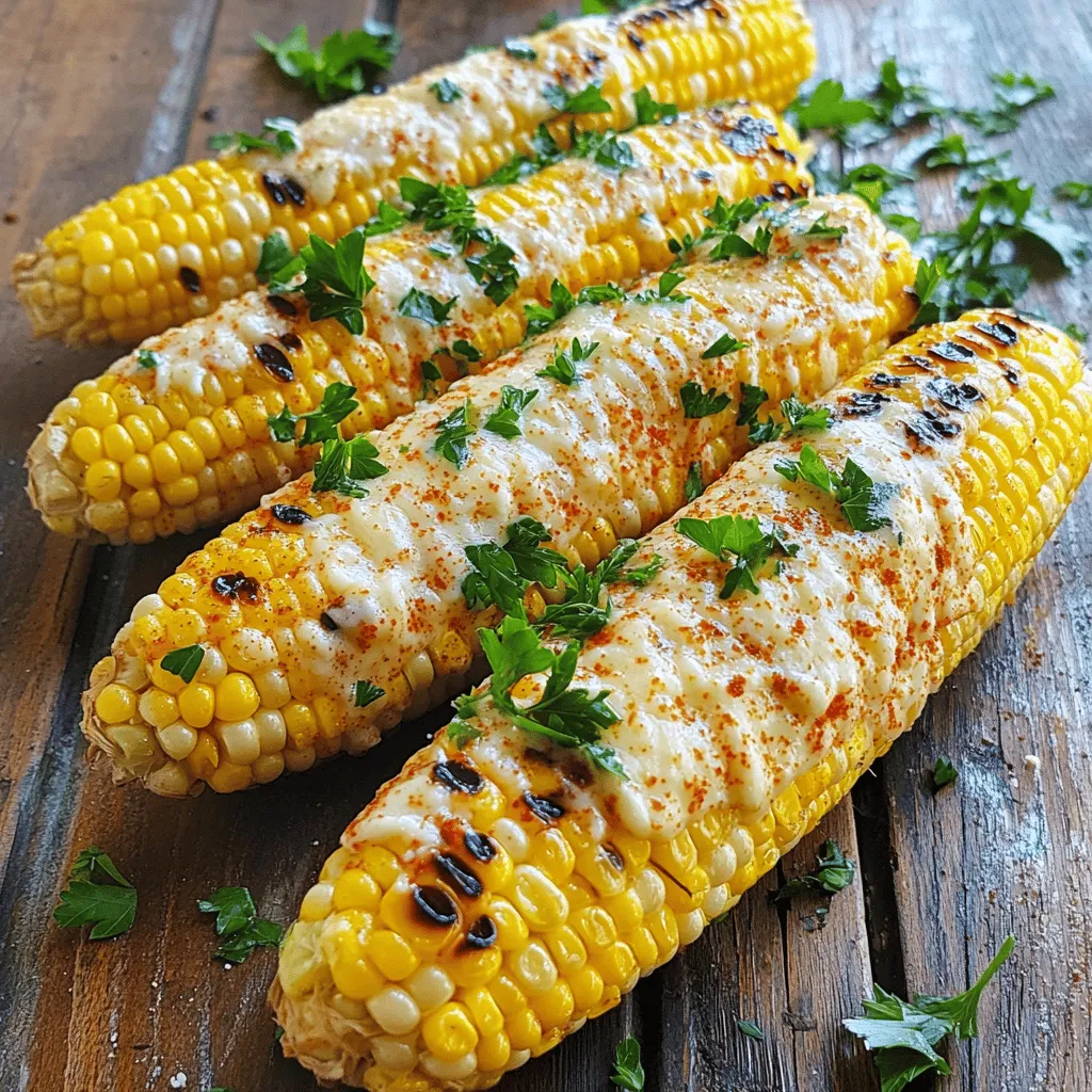 - 4 ears of fresh corn, husked - 1/2 cup unsalted butter, softened - 4 cloves garlic, minced - 2 tablespoons fresh parsley, chopped - 1 tablespoon fresh lemon juice - 1/2 teaspoon paprika - Salt and pepper to taste - Parmesan cheese for garnish (optional) For this garlic butter grilled corn, you need simple, fresh ingredients. Fresh corn is the star here. Choose ears that feel heavy and have bright green husks. The butter adds richness, while garlic gives a bold flavor. Fresh parsley brightens the dish. Lemon juice adds a hint of tartness. Paprika gives a gentle warmth, while salt and pepper enhance all the flavors. If you like, sprinkle Parmesan cheese on top for extra creaminess. Using high-quality ingredients makes a big difference. This dish shines with freshness. You can find most of these items at your local market or grocery store. Remember, the goal is to make this dish easy and tasty. For the full recipe, check the detailed steps above. First, you need to preheat your grill to medium-high heat. This step is key for even cooking. A hot grill will help the corn get those nice grill marks and a smoky flavor. While the grill heats up, ensure the grill grates are clean. Use a grill brush to scrape off any old food particles. A clean grill gives you the best taste. Next, let's make the garlic butter spread. In a small bowl, combine the softened butter with minced garlic and chopped herbs. I like to add fresh parsley for color and taste. Also, squeeze in some lemon juice and sprinkle paprika, salt, and pepper. Mix everything until it’s well blended. This garlic butter will coat the corn and make it super tasty. Now it’s time to grill the corn. Take your husked corn and brush it generously with the garlic butter spread. Make sure every cob is well-coated. Then, wrap each ear of corn in aluminum foil. Sealing it tightly keeps all the flavors locked in. Place the wrapped corn on the grill. Cook it for about 15-20 minutes, turning it every few minutes. You want the corn to be tender but not mushy. When done, carefully unwrap the foil. Be cautious of the steam. You can brush on any leftover garlic butter for extra flavor. If you want to elevate your dish, sprinkle some Parmesan cheese on top. This adds a delightful finish. For the full recipe, check out the details above. When you pick corn, look for bright green husks. The silk should be moist and golden. Squeeze the kernels gently. They should feel plump and firm. Fresh corn smells sweet and grassy. If it feels dry or shriveled, skip it. Always choose corn that is in season for the best taste. To keep corn tender, avoid grilling it too long. Wrap each ear tightly in foil to trap moisture. This helps it steam as it grills. Cook the corn for about 15 to 20 minutes. Turn it every five minutes for even cooking. Check if it’s done by piercing a kernel. If it bursts with juice, it’s ready. You can spice up your garlic butter grilled corn in many ways. Try adding chili powder for heat. Lime juice gives a zesty twist. Fresh herbs like basil or cilantro can brighten the flavor. You can also sprinkle crumbled feta cheese for a salty kick. Every twist makes it unique and exciting. For the full recipe, check out the Garlic Butter Grilled Corn recipe. {{image_2}} You can easily change up the taste of garlic butter grilled corn. One way is by adding chili powder. This spice gives the corn a nice kick. You can also squeeze fresh lime juice over the corn. This brightens up the flavor and adds a zesty note. Another fun idea is to try different cheese toppings. You can use feta or cotija cheese for a salty twist. Just sprinkle it on right before serving for a tasty finish. If you don’t have a grill, don’t worry! You can cook corn in the oven or on the stovetop. For the oven, wrap the corn in foil and bake at 400°F for 25-30 minutes. This method keeps the corn juicy and flavorful. On the stovetop, boil the corn in water for about 7-10 minutes. Then, you can brush on garlic butter as you would on the grill. Both methods work well and still give you a delicious result. Want to make this dish vegan? You can substitute the butter with a plant-based option. Look for vegan butter or even olive oil. Both choices will keep the corn moist. For cheese, try using nutritional yeast. It gives a cheesy flavor without dairy. Sprinkle it on before serving for that extra savory touch. Explore these variations to make garlic butter grilled corn your own! For more tips and a full recipe, check out the Full Recipe section. To keep your garlic butter grilled corn fresh, wrap it tightly in plastic wrap or foil. Store it in the fridge for up to three days. This helps lock in flavors and moisture. If you want to avoid sogginess, don’t add any extra butter before storing. When it's time to enjoy your leftovers, reheat them carefully. The best way is to use a grill or stovetop. Heat the corn on medium heat for about five minutes, turning often. This method will warm the corn without making it dry. If you prefer the microwave, cover the corn with a damp paper towel. Heat in short bursts of 30 seconds until hot. Yes, you can freeze grilled corn! To do this, allow it to cool completely. Wrap each ear in plastic wrap, then place them in a freezer bag. Make sure to squeeze out as much air as possible. Frozen corn can last up to three months. When you’re ready to eat it, thaw in the fridge overnight before reheating. Enjoy the sweet summer flavor even in the colder months! Grilling corn takes about 15 to 20 minutes. Start by preheating your grill to medium-high heat. Wrap each ear in foil after brushing with garlic butter. Place them on the grill. Turn them every few minutes. The corn is done when it feels tender. Always check a piece to ensure it is cooked just right. You can use frozen corn, but fresh corn is best. If you use frozen corn, thaw it first. Grill it in a basket or on skewers. This method helps keep the corn from falling apart. The flavors of the garlic butter will still shine through. Garlic butter grilled corn pairs well with many dishes. Serve it with grilled meats like chicken or steak. It also complements salads and pasta dishes. For a light meal, try it with a fresh tomato salad. You can also enjoy it as a snack on its own. For the complete recipe, check out the Full Recipe link. In this blog post, we explored how to make delicious garlic butter grilled corn. We covered key ingredients, step-by-step grilling instructions, and tips for the best results. Remember to choose fresh corn for great flavor. You can also try variations to suit your taste or diet. Finally, proper storage and reheating ensure you enjoy leftovers. Enjoy this tasty dish with friends and family for a delightful treat. Grilled corn makes any meal better!