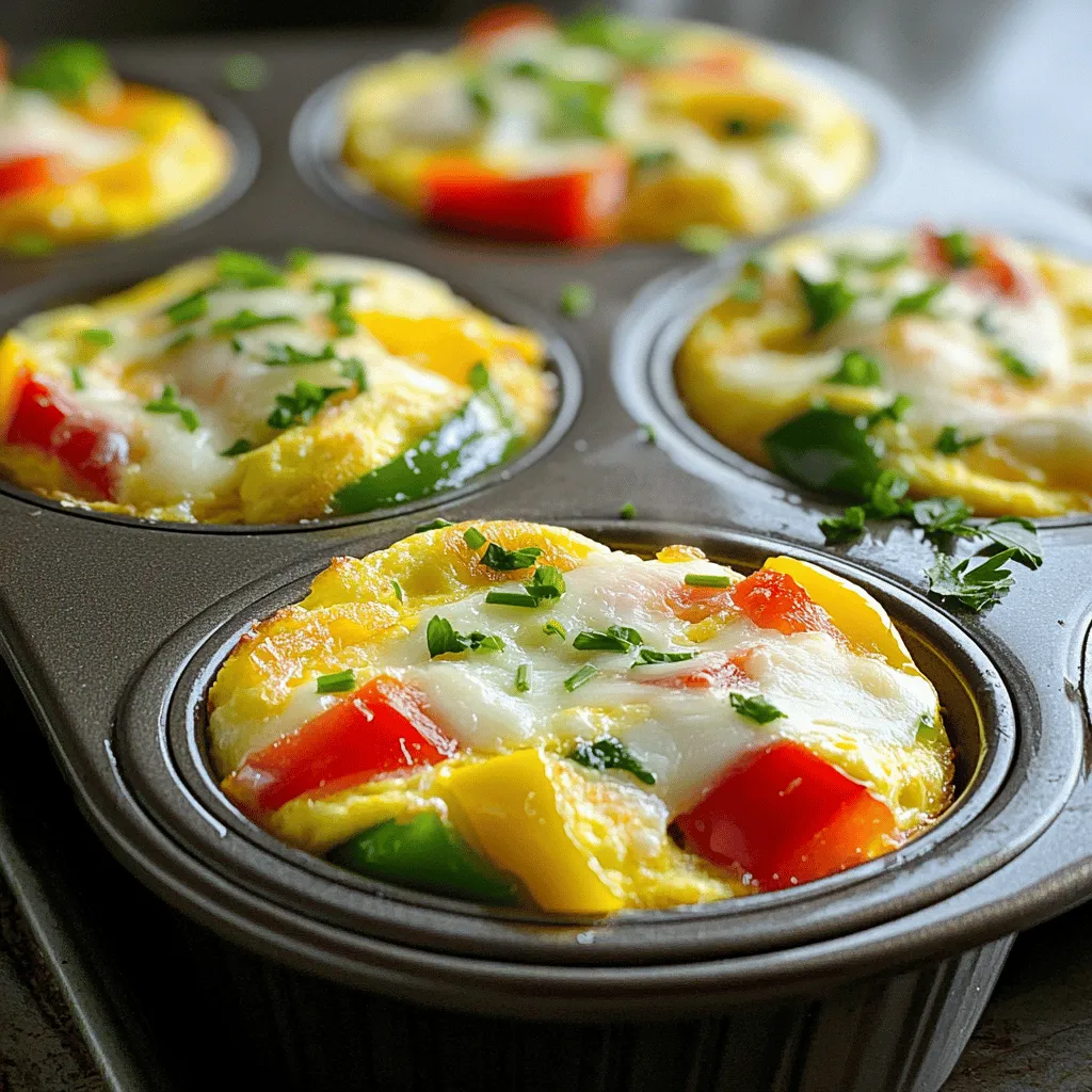 To make tasty mini breakfast omelets, you need simple, fresh ingredients. Here’s what you’ll need: - 6 large eggs - 1/4 cup milk - 1/2 cup bell peppers, finely chopped (mix of red, green, and yellow) - 1/4 cup red onion, finely chopped - 1/2 cup spinach, chopped - 1/2 cup shredded cheese (cheddar or mozzarella) - 1/4 cup cooked and crumbled turkey sausage or veggie sausage - Salt and pepper to taste - Fresh herbs (like chives or parsley), for garnish These ingredients offer flavor and nutrition. Eggs provide protein, while veggies add vitamins and minerals. Cheese gives a creamy texture, while sausage adds heartiness. You can easily swap out some ingredients in this recipe. Here are a few ideas: - Eggs: Use egg whites or a plant-based egg substitute for a lighter version. - Milk: Swap cow's milk for almond or oat milk to make it dairy-free. - Veggies: Try mushrooms, zucchini, or kale for a different taste. - Cheese: Use feta or goat cheese for a tangy flavor. - Sausage: Replace turkey sausage with ham or leave it out for a veggie option. These simple swaps let you customize your mini breakfast omelets to suit your taste or dietary needs. Each mini breakfast omelet is packed with nutrition. Here’s a quick look at what you get: - Calories: About 80 per omelet - Protein: Approximately 6 grams - Carbs: Roughly 2 grams - Fat: About 5 grams - Fiber: Less than 1 gram These omelets are low in carbs and high in protein. They make a great breakfast for busy mornings. Plus, they are easy to prepare and can be made in advance. Check out the Full Recipe to get started! Start by preheating your oven to 350°F (175°C). This step is vital for cooking your mini omelets evenly. While the oven warms up, grab a muffin tin. Grease it with non-stick spray or butter. This will help the omelets slide out easily after baking. Make sure each cup is well-coated to avoid sticking. In a large bowl, crack 6 large eggs. Add 1/4 cup of milk. Whisk these together until smooth. Next, season with salt and pepper to taste. This little step adds a big flavor boost. Now, stir in 1/2 cup of finely chopped bell peppers. You can mix red, green, and yellow for color. Add 1/4 cup of finely chopped red onion and 1/2 cup of chopped spinach. These veggies not only add taste but also nutrition. Then, toss in 1/2 cup of shredded cheese and 1/4 cup of cooked, crumbled turkey sausage or veggie sausage. Mix everything well until it's evenly combined. Carefully pour the egg mixture into each muffin cup. Fill them about 3/4 of the way full to allow space for rising. Place the muffin tin in your preheated oven. Bake for about 18 to 20 minutes. They should puff up and turn a lovely golden color. To check if they are done, insert a toothpick in the center. If it comes out clean, they’re ready! Once baked, remove them from the oven and let them cool slightly. Use a butter knife to loosen the edges. Gently lift the mini omelets from the tin. Serve them warm, garnished with fresh herbs for that extra touch of flavor. Enjoy making these mini breakfast omelets packed with flavor and nutrition! For the complete recipe, refer to the Full Recipe section. To make your mini breakfast omelets fluffy, focus on whisking. Whisk the eggs and milk well. This adds air, making them rise. Use fresh eggs for the best texture. Cooking at the right temperature is key. Bake at 350°F (175°C) for a steady cook. Avoid opening the oven too soon; this can cause them to deflate. One common mistake is overfilling the muffin cups. Fill them only three-quarters full. This allows room for the omelets to puff up. Another mistake is not greasing the tin well. Use non-stick spray or butter to prevent sticking. If they stick, they may break when you try to lift them out. To save time, prep your ingredients ahead. Chop your veggies and cook your sausage the night before. Store them in the fridge. You can also double the recipe. Bake a batch and store leftovers for later. Mini breakfast omelets are great for quick meals. For the full recipe, check out the detailed instructions above. {{image_2}} You can mix it up with many tasty fillings. Here are some ideas: - Meats: Add cooked bacon, ham, or chicken for a protein boost. - Veggies: Try zucchini, mushrooms, or tomatoes for extra flavor. - Cheese: Swap in feta, goat cheese, or pepper jack for a new kick. Feel free to get creative! Each filling adds a unique taste. You can easily make these omelets vegetarian or vegan. For vegetarian: - Use plant-based sausage instead of turkey sausage. - Add more veggies like kale or broccoli. For vegan omelets: - Substitute eggs with a mix of chickpea flour and water. - Use tofu for creaminess. Blend it with turmeric for color. Both options taste great and are full of nutrients. Adding spices can elevate your mini breakfast omelets. Here are some suggestions: - Salt and pepper: Basic but essential for flavor. - Paprika: Adds warmth and a slight smokiness. - Garlic powder: Offers a savory depth. - Fresh herbs: Chives, parsley, or cilantro brighten the dish. You can also drizzle a little hot sauce for a spicy kick. Each spice enhances the flavor, making your omelets even more delicious! To keep your mini breakfast omelets fresh, let them cool first. Then, place them in an airtight container. You can store them in the fridge for up to three days. If you want to keep them longer, freezing is a great option. When you're ready to enjoy your mini omelets again, use the microwave. Place one or two omelets on a microwave-safe plate. Heat them for about 30-60 seconds. Check to see if they are warm enough. If not, heat in 15-second bursts until hot. You can also reheat them in an oven at 350°F (175°C) for 10 minutes. This way, they stay nice and fluffy. To freeze your mini breakfast omelets, wrap each one in plastic wrap or aluminum foil. Place wrapped omelets in a freezer bag. Label the bag with the date. They will last up to two months in the freezer. When you're ready to eat them, thaw them overnight in the fridge. Then, reheat as mentioned above. This method keeps them tasty and full of flavor. For the full recipe, check out the section earlier in the article! You can add many tasty ingredients to your mini omelets. Here are some ideas: - Cooked bacon or ham - Diced tomatoes - Mushrooms - Zucchini - Broccoli - Feta cheese Feel free to mix and match based on your taste. These ingredients add flavor and nutrition to your dish. To prevent sticking, grease your muffin tin well. You can use non-stick spray or butter. Make sure to cover each cup evenly. This will help your mini omelets slide out easily after baking. Yes, you can prepare mini breakfast omelets ahead. Bake them, let them cool, then store them in the fridge. They can last up to three days. Just remember to keep them in an airtight container. To reheat, place your mini omelets in the microwave. Heat them for about 30 seconds to 1 minute. Check if they are warm enough before serving. You can also reheat them in the oven at 350°F for 10 minutes. For the complete recipe, check out Mini Breakfast Omelets. Mini breakfast omelets are simple to make and full of flavor. You learned key ingredients, cooking tips, and variations. We covered how to achieve fluffy omelets and save time. I also shared storage advice for leftovers. In conclusion, you can enjoy delicious mini omelets any time. With practice, you'll create great meals that everyone loves. Explore different fillings and make them your own!