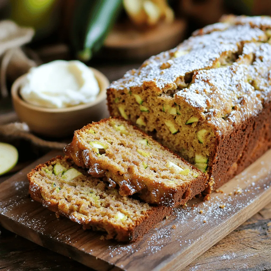 To make the best apple cinnamon zucchini bread, you need fresh ingredients. Here’s what you will use: - 1 ½ cups grated zucchini (about 2 medium zucchinis) - 1 cup peeled and grated apple (about 1 medium apple) - 2 cups all-purpose flour - 1 teaspoon baking soda - 1 teaspoon baking powder - 1 teaspoon ground cinnamon - ½ teaspoon ground nutmeg - ½ teaspoon salt - 1 cup granulated sugar - ½ cup brown sugar, packed - ½ cup vegetable oil - 3 large eggs - 1 teaspoon vanilla extract These ingredients create a moist and flavorful bread. Zucchini keeps it tender, while apple adds sweetness. The spices bring warmth and depth. You can make this bread even more special with add-ins. Here are some great options: - ½ cup chopped walnuts - ½ cup raisins or dried cranberries Adding nuts gives a nice crunch. Dried fruit adds a burst of sweetness. You can mix and match to suit your taste. Each bite can be a little different! For the full recipe, check out the details above. First, you need to grate the zucchini and apple. Use a box grater or food processor. You want about 1 ½ cups of zucchini and 1 cup of apple. This adds moisture and flavor to your bread. After grating, place them in a bowl. Let them drain for about 10 minutes. Use a clean cloth to press lightly. This removes extra moisture. Next, grab your dry ingredients. In a large bowl, mix 2 cups of flour, 1 teaspoon of baking soda, 1 teaspoon of baking powder, 1 teaspoon of ground cinnamon, ½ teaspoon of ground nutmeg, and ½ teaspoon of salt. Whisk these well. This blend gives your bread great flavor and texture. Now, let’s make the wet mixture. In another bowl, beat together 1 cup of granulated sugar, ½ cup of brown sugar, and ½ cup of vegetable oil. Mix until smooth. Then add 3 large eggs, one at a time. Mix well after each one. Finally, stir in 1 teaspoon of vanilla extract. This adds a nice aroma and taste. Once mixed, gradually add the dry ingredients to the wet mixture. Stir until just combined. Be careful not to overmix. You want a few lumps in your batter. This helps keep the bread light and fluffy. Now, fold in your drained zucchini and apple mixture. Make sure they are evenly spread throughout the batter. If you like, add ½ cup of chopped walnuts and/or ½ cup of raisins or dried cranberries. These add extra texture and flavor. Pour the batter into your prepared loaf pan. Use a spatula to smooth the top. This helps it bake evenly. Then, place it in your preheated oven at 350°F (175°C). Bake for 55 to 65 minutes. Check doneness with a toothpick. It should come out clean when inserted into the center. Once baked, let the bread cool in the pan for about 10 minutes. After that, transfer it to a wire rack to cool completely. This keeps it from getting soggy. Now you're ready to enjoy your delicious apple cinnamon zucchini bread! For all the details, refer to the Full Recipe. To get the best texture in your apple cinnamon zucchini bread, avoid overmixing. When you mix, do it just enough to combine the wet and dry ingredients. Overmixing can make your bread dense. A few lumps in the batter are okay. This will give your bread a light and fluffy texture. Next, ensure the right moisture content. Grate your zucchini and apple, then let them drain for about 10 minutes. Press them lightly to remove excess water. Too much moisture can make the bread soggy. To boost flavor, try adding spices like allspice or ginger. These spices can add warmth and depth. You can also play with your sugar choices. For a healthier option, use honey or maple syrup instead of granulated sugar. This will give your bread a unique taste. When serving your bread, slice it and place it on a nice wooden board. This makes for a great display. You can dust it with powdered sugar for a sweet touch. Consider adding a side of cream cheese spread for extra flavor. This simple addition can take your bread to the next level. For the full recipe, check out the World's Best Apple Cinnamon Zucchini Bread guide. {{image_2}} For a gluten-free version of this bread, you can use almond flour or coconut flour. These flours add a nice flavor and texture. You may need to adjust the baking time. Gluten-free bread often bakes faster, so start checking at 45 minutes. You can change the flavor of this bread with the seasons. Try adding pumpkin for a fall twist. You can also mix in spices like allspice or ginger. For summer, use fresh berries or peaches instead of apples. They will add a fun burst of flavor. If you want a vegan version, replace the eggs with flaxseed meal. Mix 1 tablespoon of flaxseed meal with 2.5 tablespoons of water for each egg. This helps bind the bread together. For oils, you can use coconut oil or applesauce instead of vegetable oil. This keeps the bread moist and adds flavor. To keep your apple cinnamon zucchini bread fresh, use an air-tight container. This helps to lock in moisture and flavor. It's best to store it at room temperature if you plan to eat it within a few days. If you need to keep it longer, put it in the refrigerator. Just remember, cold temps can change the texture. To freeze your bread, first, let it cool completely. Then, wrap it tightly in plastic wrap or aluminum foil. Place it in a freezer bag or container. This way, it stays fresh and avoids freezer burn. When you want to enjoy it again, just take it out and let it thaw overnight in the fridge or at room temperature. This method lets you savor the delicious taste of your homemade bread whenever you want. If you want the full recipe, you can find it above! To keep your zucchini bread moist, use fresh zucchini. Grate it, then drain any excess water. This step is key. Adding apples also helps with moisture. Use both granulated and brown sugar for a sweet touch. Bake the bread until just done, as overbaking dries it out. Yes, you can use yellow squash in place of zucchini. They have similar moisture content and flavor. Just make sure to grate and drain it like zucchini. This swap will still give you a tasty bread. Your Apple Cinnamon Zucchini Bread can last up to a week when stored properly. Keep it in an airtight container at room temperature. If you want it to last longer, you can refrigerate it for about two weeks. Absolutely! You can make this bread a day or two ahead of time. Let it cool fully before wrapping it. Store it in an airtight container. For longer storage, freeze it for up to three months. Just thaw in the fridge before serving. For the full recipe, see the section above. You learned how to make delicious Apple Cinnamon Zucchini Bread. We covered essential ingredients, step-by-step instructions, tips for texture, and variations. By following these steps, you can create a tasty treat for any occasion. Remember to adjust for dietary needs and storage tips for freshness. This bread is simple and fun to make. Enjoy the process and share this treat with friends. Happy baking!