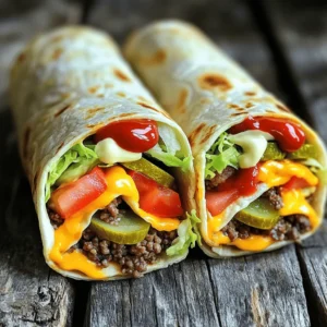 - 1 lb ground beef - 1 tablespoon seasoning mix (e.g., garlic powder, onion powder, paprika) - 4 large flour tortillas - ½ cup shredded lettuce - ½ cup diced tomatoes - ½ cup pickles, sliced - ½ cup shredded cheddar cheese - ¼ cup mayonnaise - ¼ cup ketchup - 2 tablespoons mustard - 1 tablespoon apple cider vinegar - Salt and pepper to taste For the Big Mac Wraps, I start with ground beef. It gives the wraps that hearty flavor. I mix in a simple seasoning blend. Garlic powder, onion powder, and paprika work wonders. This blend adds depth to the beef. Next, I grab large flour tortillas. They need to be big enough to hold all the tasty fillings. Fresh veggies come next. I use shredded lettuce and diced tomatoes for crunch. Sliced pickles add a zesty kick. Cheese is essential too. I use shredded cheddar for a rich taste. Now, let's talk sauce. For that classic Big Mac flair, I whip up a special sauce. It's a mix of mayonnaise, ketchup, mustard, and apple cider vinegar. This sauce ties all the flavors together. Make sure to season everything well with salt and pepper. This ensures each bite is full of flavor. These ingredients combine to create a fun twist on a classic meal. For the full recipe with instructions, check the section above. To brown ground beef, use a large skillet over medium heat. Break the beef into small pieces with a spatula while it cooks. This helps it cook evenly. Cook until the beef is brown with no pink spots. Drain off any extra fat to keep it lean. Next, sprinkle your seasoning mix over the beef. I like to use garlic powder, onion powder, and paprika. This mix gives the beef a nice flavor. Add salt and pepper to taste. Stir well to combine everything. Cook for about 2-3 more minutes to let the flavors blend. Remove the skillet from heat and set it aside. For the special sauce, you'll need a few simple ingredients. Gather mayonnaise, ketchup, mustard, and apple cider vinegar. In a small bowl, mix them together. Start with ¼ cup of mayonnaise, ¼ cup of ketchup, and 2 tablespoons of mustard. Add 1 tablespoon of apple cider vinegar for a tangy kick. Stir well until everything is smooth. Taste the sauce and adjust the flavors if needed. You might want more ketchup for sweetness or more mustard for a kick. This sauce is what makes the wraps taste like a classic Big Mac. Now it’s time to assemble your wraps. Lay out the flour tortillas on a clean surface. This step is important for even wrapping. Spread a generous tablespoon of the special sauce on each tortilla. Make sure to cover it well for maximum flavor. Next, evenly distribute the seasoned ground beef down the center of each tortilla. Then, layer on shredded lettuce, diced tomatoes, pickles, and shredded cheddar cheese. This adds crunch and freshness to your wraps. For wrapping, fold in the sides of the tortilla over the filling. Then roll it from the bottom up, keeping everything tightly wrapped. If you want extra crispiness, place the wraps seam-side down in a skillet over medium heat. Toast for 1-2 minutes on each side until golden brown. Enjoy your Big Mac Wraps! For the full recipe, click here. To enhance the taste of your Big Mac Wraps, consider adding extra spices and herbs. I love using: - 1 teaspoon of dried oregano - 1 teaspoon of chili powder - 1 teaspoon of cumin These spices add depth and warmth to the dish. For tender beef, cook it over medium heat. This allows the fat to render slowly. Don't rush the cooking process. It will keep the beef juicy and flavorful. Keeping your wraps intact is key. After you fill the tortilla, fold the sides in first. Then, roll from the bottom up tightly. This method helps seal in all the goodness. To add a nice crunch, toast your wraps. Heat a skillet over medium heat. Place the wraps seam-side down and toast for 1-2 minutes on each side. This step gives a delightful texture. Big Mac Wraps pair well with simple sides. I recommend serving them with: - Sweet potato fries - Fresh fruit salad - Crispy onion rings For gatherings, arrange the wraps on a platter. Cut them in half for easy serving. You can also add a small bowl of extra special sauce for dipping. It makes the meal even more fun! {{image_2}} You can switch up the protein in your Big Mac Wraps. Ground turkey or chicken works great. For a twist, try using shrimp or tofu. If you're vegan or vegetarian, you can use black beans or lentils. Both options add protein and flavor. Adding sauces can change the game. Try sriracha for a spicy kick or barbecue sauce for a smoky vibe. You might also consider ranch dressing for creaminess. For toppings, think outside the box. Sliced jalapeños add heat, while avocado gives a smooth texture. You can also try crunchy onions for an extra bite. If you're watching carbs, low-carb tortillas are a smart choice. These wraps still taste great but have fewer carbs. To cut calories, use less cheese or opt for Greek yogurt instead of mayonnaise. You can also load up on veggies. They add volume without many calories. This way, you can enjoy a Big Mac Wrap that's tasty and lighter. For the complete guide on making these wraps, check the Full Recipe. To keep your Big Mac Wraps fresh, store them in the fridge. Wrap each one tightly in plastic wrap or foil. Place them in an airtight container to avoid moisture. This method helps keep the wraps from drying out. Your leftovers will last about three days in the fridge. When you’re ready to enjoy them again, choose the right method to reheat. The best way is to use a skillet. Heat it over medium-low heat. Place the wrap seam-side down for a few minutes until warm. This helps keep the wrap crispy. You can also use a microwave, but this might make the wrap soggy. Can you freeze Big Mac Wraps? Yes! You can freeze them for later. Just make sure they are tightly wrapped. They can last up to three months in the freezer. When you want to eat one, thaw it in the fridge overnight before reheating. Meal prepping makes life easier. You can prepare these wraps in advance for quick meals. Cook the beef and assemble the wraps, but do not add fresh veggies yet. Instead, store the cooked wraps in the fridge for a few days. To freeze for meal prep, follow the same steps as before. Wrap them tightly and store in a freezer-safe bag. When you are ready to eat, thaw and add fresh veggies for the best taste. Enjoy your quick and delicious meals! Check out the Full Recipe for more details on making these tasty wraps. A Big Mac Wrap features tasty ingredients that bring joy to your meal. Here’s what you need: - 1 lb ground beef - 1 tablespoon seasoning mix (garlic powder, onion powder, paprika) - 4 large flour tortillas - ½ cup shredded lettuce - ½ cup diced tomatoes - ½ cup sliced pickles - ½ cup shredded cheddar cheese - ¼ cup mayonnaise - ¼ cup ketchup - 2 tablespoons mustard - 1 tablespoon apple cider vinegar - Salt and pepper to taste These ingredients blend well to create a fun twist on the classic Big Mac. The Big Mac Wrap offers a unique taste and texture compared to the burger. You enjoy the same classic flavors but in a new form. The wrap is soft and chewy, while the burger has a firm bun. In a Big Mac Wrap, you get warm, seasoned beef with fresh veggies in every bite. The special sauce spreads evenly, adding creaminess. This makes each mouthful burst with flavor, unlike the layered structure of a burger. Currently, Big Mac Wraps are not on the regular McDonald's menu. They sometimes offer special promotions or limited-time items, so keep an eye out for changes. You might find similar wraps or menu items at some locations. Yes! You can make a gluten-free Big Mac Wrap easily. Here are some swaps you can use: - Replace flour tortillas with gluten-free wraps made from rice or corn. - Check the labels on sauces to ensure they are gluten-free. Brands like Sir Kensington’s offer gluten-free mayonnaise. These simple changes let you enjoy the flavors without the gluten! Big Mac Wraps are fun to make and tasty to eat. You learned how to create the wraps using ground beef, fresh veggies, and a special sauce. Following step-by-step directions helps you cook the beef, mix the sauce, and assemble the wraps just right. With tips for flavor, wrapping, and serving, you can impress anyone at your table. Feel free to customize the wraps to suit your taste or health goals. Enjoy your delicious Big Mac Wraps, and don’t forget to share this recipe with friends!