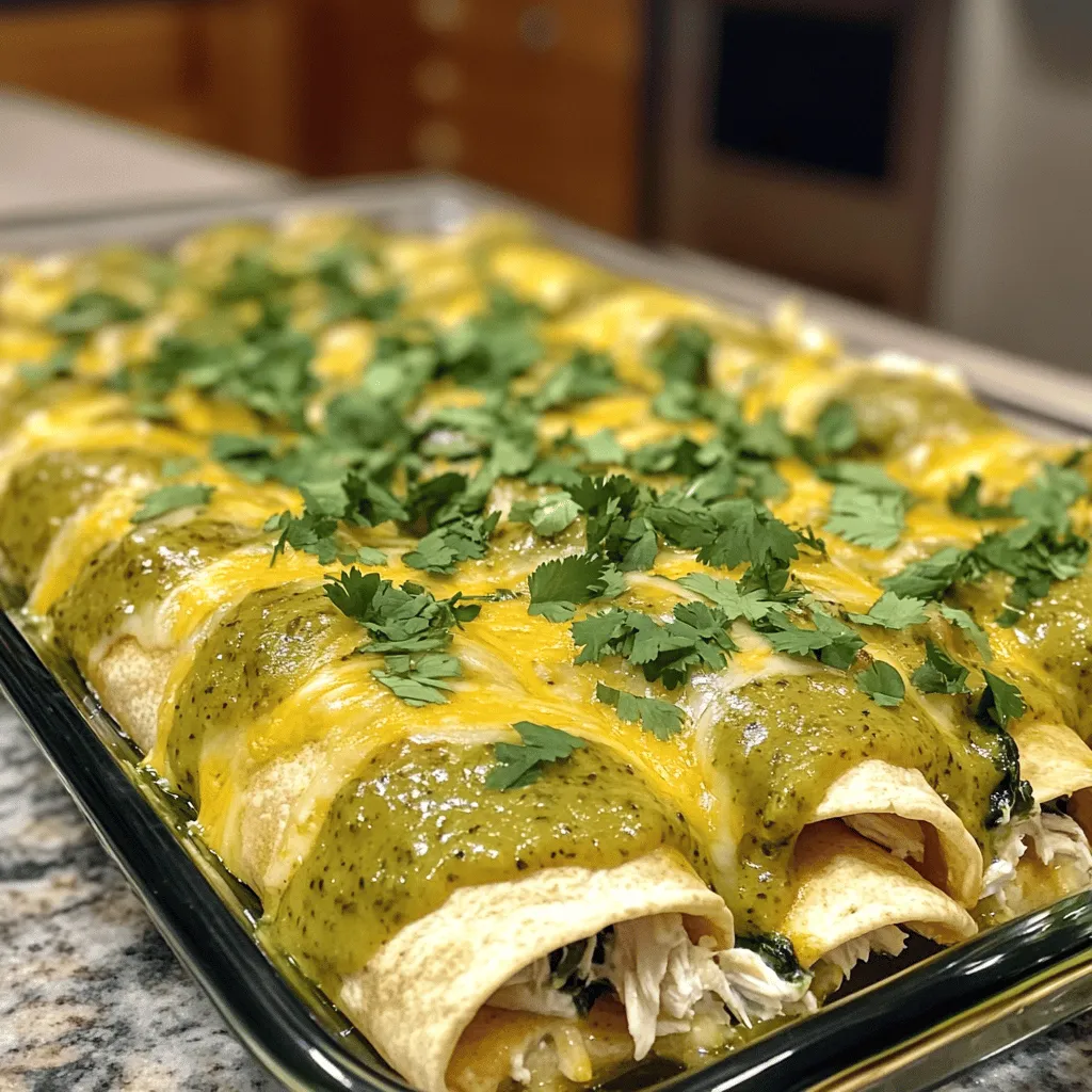- 2 cups shredded cooked chicken - 1 cup Greek yogurt - 1 cup low-fat sour cream - 1 can (10 oz) green enchilada sauce - 1 cup low-fat shredded Monterey Jack cheese - 1 cup fresh spinach, chopped - 8 small whole wheat tortillas The main ingredients make this dish both tasty and light. I use shredded cooked chicken for protein. Greek yogurt adds creaminess and tang. Low-fat sour cream keeps it light but still rich. Green enchilada sauce brings spice and flavor. Low-fat shredded Monterey Jack cheese gives a nice melt. Fresh spinach adds color and nutrients. Finally, whole wheat tortillas are perfect for wrapping. - 1 teaspoon garlic powder - 1 teaspoon onion powder - Salt and pepper to taste - Fresh cilantro for garnish (optional) Seasoning is key to flavor. Garlic powder and onion powder add depth. Use salt and pepper to enhance taste. Fresh cilantro can brighten the dish, but it's optional. - Alternatives for Greek yogurt and sour cream: You can use dairy-free yogurt or cashew cream. - Low-carb tortilla options: Try almond flour or cauliflower tortillas. - Cheese substitutes: Vegan cheese or nutritional yeast work well. These substitutions let you customize the recipe. They help meet your dietary needs or preferences. You can still enjoy these enchiladas in many ways! For the full recipe, check out the complete guide. To start, shred your cooked chicken into bite-sized pieces. You can use rotisserie chicken for quick prep. Next, chop one cup of fresh spinach. Make sure it is in small pieces so it mixes well in the filling. This step adds color and nutrients to your dish. Take one whole wheat tortilla and place about ⅓ cup of your chicken mixture in the center. Roll the tortilla tightly, keeping the filling inside. Place it seam side down in a greased 9x13 inch baking dish. Repeat this step for all your tortillas until you fill the dish. Cover the dish with aluminum foil to keep the moisture in. Bake in your preheated oven at 350°F for 20 minutes. After that, remove the foil and add the rest of your cheese on top. Bake for another 10 minutes, or until the cheese is melted and bubbly. Enjoy your Skinny White Chicken Enchiladas! For the full recipe, check out the earlier section. To keep your enchiladas moist, use shredded chicken that is juicy. You can also mix in Greek yogurt with the chicken to add creaminess. When rolling tortillas, warm them first. This helps prevent tears and makes them easier to handle. A quick 10 seconds in the microwave can work wonders. To make these enchiladas even lighter, swap low-fat sour cream for plain Greek yogurt. You can also use whole wheat tortillas to add fiber. Adding more veggies is easy. Try mixing in chopped bell peppers or zucchini for extra color and nutrition. Serve these enchiladas with a fresh salad for a light meal. A side of brown rice also pairs well. For dipping sauces, try a tangy salsa or a green sauce to enhance the flavors. If you want more zing, add a squeeze of lime on top! {{image_2}} You can easily make a meatless version of these enchiladas. Use beans and vegetables instead of chicken. Black beans or pinto beans work well. Add chopped bell peppers, zucchini, or mushrooms for flavor and texture. This option is healthy and still very filling. If you love heat, try a spicy version! Add diced jalapeños to the chicken mix or use a spicy enchilada sauce. You can also sprinkle some red pepper flakes on top before baking. This will give your dish a nice kick. To make the enchiladas dairy-free, swap out the cheese and sour cream. Use cashew cream or a dairy-free yogurt instead. Nutritional yeast can add a cheesy flavor without the dairy. This way, everyone can enjoy the dish. For more details, check the Full Recipe. To keep your Skinny White Chicken Enchiladas fresh, store leftovers in an airtight container. Make sure to let them cool down before you put them in the fridge. They will stay good for up to three days. If you want to keep them fresh longer, add a layer of foil over the container. This helps prevent moisture loss and keeps the enchiladas tasty. You can also freeze these enchiladas for future meals. Wrap each enchilada tightly in plastic wrap, then place them in a freezer-safe bag. This method helps to protect them from freezer burn. When you are ready to eat, thaw them in the fridge overnight. To reheat, bake them at 350°F (175°C) for about 25 minutes. Cover them with foil for the first 15 minutes, then remove it to let the cheese bubble. If stored properly, these enchiladas can last up to three days in the fridge. In the freezer, they can last for up to three months. Always check for signs of spoilage, like strange smells or changes in texture. If you notice any, it's best to toss them. Enjoy your healthy meal! Yes, you can prepare these enchiladas ahead of time. Just follow the recipe up to the baking step. Once you fill the tortillas and place them in the dish, cover it with plastic wrap or foil. Store it in the fridge for up to 24 hours. When you're ready to bake, remove the cover and bake as directed. This makes weeknight dinners easy and quick! Yes, these enchiladas can be gluten-free! Just swap regular tortillas for gluten-free ones. Many brands offer gluten-free options made from rice or corn. Always check the label to ensure they fit your needs. To make a complete meal, serve these enchiladas with: - A fresh green salad - Mexican rice or quinoa - Black beans for extra protein - Sliced avocado or guacamole - Salsa or sour cream on the side These sides will balance the flavors and make your meal even more filling. These Skinny White Chicken Enchiladas are easy to make and delicious. You learned about the main ingredients, step-by-step instructions, and tips for the best results. You can also try variations like vegetarian or spicy options. Remember to store leftovers properly for lasting freshness. Enjoy these enchiladas with fresh sides or dips. Your meal will be tasty and healthy. Cooking is fun, and you can easily customize this dish to suit your taste. Try them today!