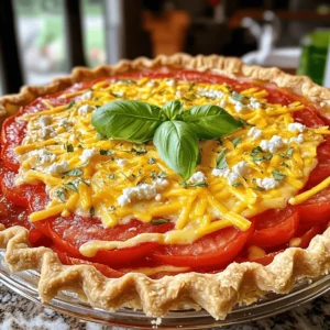 To make the perfect Southern tomato pie, you need a few key ingredients. This pie shines with fresh tomatoes and creamy goodness. Here’s what you’ll need: - 2 cups fresh ripe tomatoes, sliced - 1 teaspoon salt - 1 teaspoon black pepper - 1 cup mayonnaise - 1 cup shredded cheddar cheese - ½ cup crumbled feta cheese - 1 store-bought pie crust (or homemade if preferred) - 1 tablespoon olive oil - 1 teaspoon Dijon mustard These ingredients work together to create a rich, savory dish. The tomatoes add a burst of flavor, while the cheeses give a creamy texture. Herbs and cheeses elevate your tomato pie. I suggest using fresh basil and parsley for a garden-fresh taste. They add a nice aroma and flavor that brightens each bite. For cheese, cheddar and feta are my favorites. Cheddar melts beautifully, while feta adds a tangy kick. If you want to experiment, consider adding a few optional ingredients. Chopped green onions or garlic can add depth to your pie. You might also try adding cooked bacon or ham for extra richness. Each option brings a new twist to this classic dish. Remember, the goal is to enhance the flavors without overshadowing the tomatoes. For the full step-by-step instructions on how to prepare this delightful dish, check out the Full Recipe. Enjoy crafting your Southern tomato pie! First, slice the fresh tomatoes. Use about 2 cups. This is key for flavor. Next, sprinkle the sliced tomatoes with salt. This step draws out extra moisture. Place them in a colander and let them rest for 20 minutes. After that, gently pat the tomatoes dry with paper towels. This helps keep the pie from being soggy. Now, grab a mixing bowl. Combine mayonnaise, cheddar cheese, feta cheese, black pepper, basil, parsley, and Dijon mustard. Mix until everything blends well. Next, roll out your pie crust. Fit it into a 9-inch pie dish. Trim any excess crust hanging over the edges. Begin layering the pie. Start with half the tomato slices. Add half the cheese mixture next. Repeat this step with the rest of the tomatoes and cheese mixture. Finally, drizzle olive oil over the top for extra flavor. Preheat your oven to 375°F (190°C). Place the pie in the oven and bake for 30 to 35 minutes. You want the pie to be golden and bubbly. Once done, take it out and let it cool for 10 to 15 minutes. This cooling time helps it set. Now your Southern Tomato Pie is ready to slice and serve! For full instructions, check the Full Recipe. For a great crust, use a store-bought pie crust or make your own. Chill the dough before rolling it out. This makes it easier to work with. When you fit the crust into the pie dish, make sure there are no air bubbles. Press it down gently to avoid gaps. Pre-bake the crust for about 10 minutes. This step ensures a crispy base when you add the filling. Tomatoes are juicy, so draining them is key. Sprinkle salt on the sliced tomatoes and let them sit. This draws out moisture and keeps the pie from being soggy. When mixing the cheese and mayo, balance flavors with herbs like basil and parsley. This adds freshness to the dish. Using a mix of cheddar and feta gives a rich taste, while also adding creamy texture. One mistake is using too many tomatoes. Stick to the recipe for the best result. If you skip draining the tomatoes, your pie may turn out runny. Another pitfall is overbaking. Keep an eye on your pie and take it out when it’s golden brown. Lastly, let the pie cool before slicing. This helps it hold its shape better. For more detailed instructions, refer to the Full Recipe. {{image_2}} You can add bacon or ham for a meatier flavor. Cook the bacon until crispy. Chop it into small pieces. Layer it with your tomatoes and cheese mixture. This adds a nice salty bite. If you choose ham, smoked ham works well. Both options bring warmth and depth to the pie. Cheese can change the whole pie. While cheddar and feta are great, you can mix it up. Try mozzarella for a milder taste. Goat cheese adds creaminess and a tangy kick. Mixing cheeses can give new flavors. Just keep the same total amount of cheese. This way, the texture stays perfect. If you want a vegetarian or vegan pie, it’s easy to adapt. For a vegetarian version, skip the meat and add more veggies. Spinach or zucchini works great. For a vegan option, replace mayonnaise with cashew cream or vegan mayo. Use a plant-based cheese for flavor. This way, everyone can enjoy a slice. Feel free to explore these variations and make the recipe your own! Check out the Full Recipe for more details on making this delicious Southern dish. To store your leftover Southern Tomato Pie, let it cool completely. Wrap it tightly in plastic wrap or aluminum foil. You can also use an airtight container. This keeps the pie fresh for up to three days in the fridge. If you know you won't eat it soon, freezing is a great option. If you choose to freeze your Southern Tomato Pie, slice it first. This makes it easier to reheat later. Wrap each slice in plastic wrap, then place them in a freezer bag. Remove as much air as possible to prevent freezer burn. This way, it will last for about three months. When ready to enjoy, thaw it in the fridge overnight before reheating. To reheat, preheat your oven to 350°F (175°C). Place the pie or slices on a baking sheet. Cover it with aluminum foil to keep it moist. Bake for about 20-25 minutes, or until heated through. If you want a crispier top, remove the foil for the last five minutes. Enjoy your pie warm for the best flavor. You can use Greek yogurt instead of mayonnaise. It gives a nice tangy flavor. Sour cream works well too. Both options keep the pie creamy. You might even try a mix of yogurt and mustard for a unique taste. Remember to maintain the same amount in your recipe. Yes, you can make Southern Tomato Pie in advance. Prepare the pie and chill it before baking. Cover it tightly with plastic wrap. You can store it in the fridge for up to two days. When ready to enjoy, bake it right from the fridge. This saves time on busy days. The pie is done when it is golden brown on top. The filling should be bubbly and hot. You can check by inserting a knife in the center. If it comes out clean, your pie is ready. Allow it to cool for a bit before slicing. This helps it set nicely. Southern Tomato Pie mixes tasty ingredients and steps. From prepping tomatoes to creating a perfect pie, you can bring joy to your table. Remember to balance flavors and avoid common mistakes for the best result. Feel free to explore variations and make the recipe your own. When done, store leftovers right to enjoy later. With these tips and tricks, you’ll master this classic dish. Get ready to impress your friends and family with your cooking skills. Enjoy every slice!