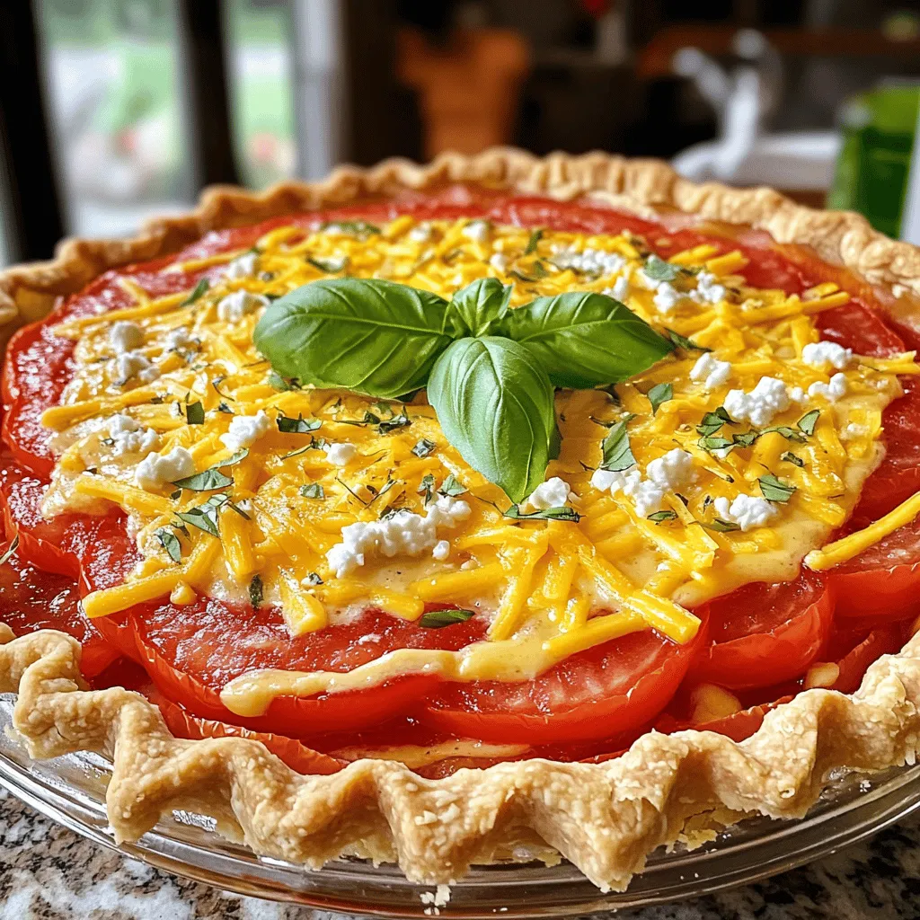 To make the perfect Southern tomato pie, you need a few key ingredients. This pie shines with fresh tomatoes and creamy goodness. Here’s what you’ll need: - 2 cups fresh ripe tomatoes, sliced - 1 teaspoon salt - 1 teaspoon black pepper - 1 cup mayonnaise - 1 cup shredded cheddar cheese - ½ cup crumbled feta cheese - 1 store-bought pie crust (or homemade if preferred) - 1 tablespoon olive oil - 1 teaspoon Dijon mustard These ingredients work together to create a rich, savory dish. The tomatoes add a burst of flavor, while the cheeses give a creamy texture. Herbs and cheeses elevate your tomato pie. I suggest using fresh basil and parsley for a garden-fresh taste. They add a nice aroma and flavor that brightens each bite. For cheese, cheddar and feta are my favorites. Cheddar melts beautifully, while feta adds a tangy kick. If you want to experiment, consider adding a few optional ingredients. Chopped green onions or garlic can add depth to your pie. You might also try adding cooked bacon or ham for extra richness. Each option brings a new twist to this classic dish. Remember, the goal is to enhance the flavors without overshadowing the tomatoes. For the full step-by-step instructions on how to prepare this delightful dish, check out the Full Recipe. Enjoy crafting your Southern tomato pie! First, slice the fresh tomatoes. Use about 2 cups. This is key for flavor. Next, sprinkle the sliced tomatoes with salt. This step draws out extra moisture. Place them in a colander and let them rest for 20 minutes. After that, gently pat the tomatoes dry with paper towels. This helps keep the pie from being soggy. Now, grab a mixing bowl. Combine mayonnaise, cheddar cheese, feta cheese, black pepper, basil, parsley, and Dijon mustard. Mix until everything blends well. Next, roll out your pie crust. Fit it into a 9-inch pie dish. Trim any excess crust hanging over the edges. Begin layering the pie. Start with half the tomato slices. Add half the cheese mixture next. Repeat this step with the rest of the tomatoes and cheese mixture. Finally, drizzle olive oil over the top for extra flavor. Preheat your oven to 375°F (190°C). Place the pie in the oven and bake for 30 to 35 minutes. You want the pie to be golden and bubbly. Once done, take it out and let it cool for 10 to 15 minutes. This cooling time helps it set. Now your Southern Tomato Pie is ready to slice and serve! For full instructions, check the Full Recipe. For a great crust, use a store-bought pie crust or make your own. Chill the dough before rolling it out. This makes it easier to work with. When you fit the crust into the pie dish, make sure there are no air bubbles. Press it down gently to avoid gaps. Pre-bake the crust for about 10 minutes. This step ensures a crispy base when you add the filling. Tomatoes are juicy, so draining them is key. Sprinkle salt on the sliced tomatoes and let them sit. This draws out moisture and keeps the pie from being soggy. When mixing the cheese and mayo, balance flavors with herbs like basil and parsley. This adds freshness to the dish. Using a mix of cheddar and feta gives a rich taste, while also adding creamy texture. One mistake is using too many tomatoes. Stick to the recipe for the best result. If you skip draining the tomatoes, your pie may turn out runny. Another pitfall is overbaking. Keep an eye on your pie and take it out when it’s golden brown. Lastly, let the pie cool before slicing. This helps it hold its shape better. For more detailed instructions, refer to the Full Recipe. {{image_2}} You can add bacon or ham for a meatier flavor. Cook the bacon until crispy. Chop it into small pieces. Layer it with your tomatoes and cheese mixture. This adds a nice salty bite. If you choose ham, smoked ham works well. Both options bring warmth and depth to the pie. Cheese can change the whole pie. While cheddar and feta are great, you can mix it up. Try mozzarella for a milder taste. Goat cheese adds creaminess and a tangy kick. Mixing cheeses can give new flavors. Just keep the same total amount of cheese. This way, the texture stays perfect. If you want a vegetarian or vegan pie, it’s easy to adapt. For a vegetarian version, skip the meat and add more veggies. Spinach or zucchini works great. For a vegan option, replace mayonnaise with cashew cream or vegan mayo. Use a plant-based cheese for flavor. This way, everyone can enjoy a slice. Feel free to explore these variations and make the recipe your own! Check out the Full Recipe for more details on making this delicious Southern dish. To store your leftover Southern Tomato Pie, let it cool completely. Wrap it tightly in plastic wrap or aluminum foil. You can also use an airtight container. This keeps the pie fresh for up to three days in the fridge. If you know you won't eat it soon, freezing is a great option. If you choose to freeze your Southern Tomato Pie, slice it first. This makes it easier to reheat later. Wrap each slice in plastic wrap, then place them in a freezer bag. Remove as much air as possible to prevent freezer burn. This way, it will last for about three months. When ready to enjoy, thaw it in the fridge overnight before reheating. To reheat, preheat your oven to 350°F (175°C). Place the pie or slices on a baking sheet. Cover it with aluminum foil to keep it moist. Bake for about 20-25 minutes, or until heated through. If you want a crispier top, remove the foil for the last five minutes. Enjoy your pie warm for the best flavor. You can use Greek yogurt instead of mayonnaise. It gives a nice tangy flavor. Sour cream works well too. Both options keep the pie creamy. You might even try a mix of yogurt and mustard for a unique taste. Remember to maintain the same amount in your recipe. Yes, you can make Southern Tomato Pie in advance. Prepare the pie and chill it before baking. Cover it tightly with plastic wrap. You can store it in the fridge for up to two days. When ready to enjoy, bake it right from the fridge. This saves time on busy days. The pie is done when it is golden brown on top. The filling should be bubbly and hot. You can check by inserting a knife in the center. If it comes out clean, your pie is ready. Allow it to cool for a bit before slicing. This helps it set nicely. Southern Tomato Pie mixes tasty ingredients and steps. From prepping tomatoes to creating a perfect pie, you can bring joy to your table. Remember to balance flavors and avoid common mistakes for the best result. Feel free to explore variations and make the recipe your own. When done, store leftovers right to enjoy later. With these tips and tricks, you’ll master this classic dish. Get ready to impress your friends and family with your cooking skills. Enjoy every slice!