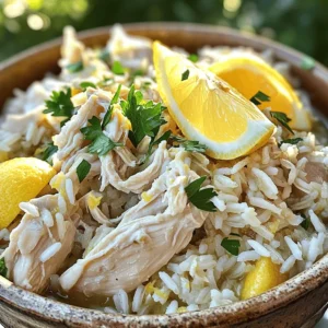 Slow Cooker Lemon Herb Chicken and Rice is a simple dish. It features tender chicken, fluffy rice, and bright lemon flavor. The slow cooker makes this meal easy and hands-off. - 4 boneless, skinless chicken thighs - 1 cup long-grain white rice - 1 medium onion, finely chopped - 3 cloves garlic, minced - 2 cups chicken broth - 1 lemon, zested and juiced - 1 teaspoon dried thyme - 1 teaspoon dried oregano - 1 tablespoon olive oil - Salt and pepper to taste - Fresh parsley, chopped (for garnish) Each ingredient plays a key role. The chicken provides protein, while the rice acts as a base. Onion and garlic add depth. Lemon brightens the dish with its zest and juice. Finally, herbs bring fresh flavors. You can find the full recipe above for detailed cooking steps! Before you start, season the chicken thighs. Use salt, pepper, thyme, and oregano. Make sure each piece is well coated. This helps the chicken taste great. You can sear the chicken for extra flavor. Heat olive oil in a skillet over medium heat. Add the seasoned chicken and cook for 3-4 minutes on each side. When it's golden brown, remove it from the heat. If you want to skip this step, just add the raw chicken to the slow cooker. Start by adding chopped onion and minced garlic to the bottom of the slow cooker. This base adds a sweet flavor. Next, place the chicken thighs on top of the onion and garlic. Evenly sprinkle the rice over the chicken. Pour chicken broth and lemon juice over everything. Make sure the rice gets soaked. Add lemon zest on top. Cover the slow cooker with the lid. Cook on low for 4-6 hours or on high for 2-3 hours. The chicken will be tender, and the rice will be fluffy. When cooking is done, take the chicken out. Use two forks to shred it into smaller pieces. Return the shredded chicken to the slow cooker. Gently stir everything together. This blends the flavors. Serve the dish hot, garnished with fresh parsley for a lovely pop of color. To boost the flavor of your slow cooker lemon herb chicken and rice, follow these tips: - Use Fresh Herbs: Fresh parsley adds great taste. If you can, use it instead of dried. - Sear the Chicken: Searing the chicken adds depth. It's not required but does enhance flavor. - Add Citrus Zest: Lemon zest brings a bright note. Use it right before serving for the best impact. - Include Extra Garlic: If you love garlic, feel free to add more. It makes the dish even tastier. Different slow cookers cook at different rates. Here’s how to adjust: - Traditional Slow Cookers: Cook on low for 4-6 hours or high for 2-3 hours. - Programmable Slow Cookers: These may cook faster. Always check for doneness earlier. - High-Efficiency Models: If you have one, reduce cooking time by about 30 minutes for each setting. Avoid these common pitfalls to ensure a perfect dish: - Skipping the Seasoning: Make sure to season the chicken well. This step is key to flavor. - Overcrowding the Cooker: Don’t add too many ingredients. This can lead to uneven cooking. - Not Checking for Doneness: Always check the chicken's internal temperature. It should reach 165°F. - Ignoring the Rest Time: Let the dish sit for a few minutes after cooking. This helps flavors meld. For a full recipe, check the detailed instructions to ensure a delightful meal. {{image_2}} You can easily swap ingredients to fit your needs. For gluten-free options, use rice that is certified gluten-free. If you want a low-carb choice, replace rice with cauliflower rice. For dairy-free needs, ensure your broth has no dairy. If you avoid chicken, try tofu or chickpeas for a plant-based meal. These swaps keep the dish tasty while meeting your needs. Adding vegetables boosts nutrition and flavor. You can toss in chopped carrots, bell peppers, or peas. These add color and make the dish more filling. For greens, try spinach or kale. Add them near the end of cooking to keep them vibrant. This way, you get a wholesome meal packed with vitamins. You can change the flavor profile with simple tweaks. For a spicy kick, add red pepper flakes or diced jalapeños. If you prefer a creamier texture, stir in some cream cheese or coconut milk towards the end. For a zesty twist, mix in capers or olives. Adjusting flavors makes the dish fun and unique every time. For the full recipe, visit the recipe section above. To store leftovers from the Slow Cooker Lemon Herb Chicken and Rice, let it cool first. Use airtight containers to keep the meal fresh. This method keeps flavors intact and prevents spoilage. Place the chicken and rice in the fridge within two hours of cooking. Consume leftovers within three to four days for the best taste. If you want to save some for later, freezing is a great option. Divide the chicken and rice into smaller portions. Use freezer-safe bags or containers to prevent freezer burn. Label each container with the date. This way, you can enjoy your meal up to three months later. Thaw overnight in the fridge before reheating. To reheat your meal, you have a few options. The microwave is quick, but the stovetop keeps it moist. If using the stovetop, add a splash of chicken broth to the pan. Heat over medium until warm. Stir often to avoid sticking. If reheating in the microwave, cover it to trap steam. Heat in short intervals, stirring in between. Enjoy your meal just like the first time with these simple steps! You can store Slow Cooker Lemon Herb Chicken and Rice in the fridge for up to four days. Make sure to keep it in an airtight container. This helps keep the flavors fresh and tasty. If you want to keep it longer, consider freezing it. Yes, you can use brown rice instead of white. However, brown rice takes longer to cook. You should cook it on low for six to eight hours instead of four to six. This change ensures the rice cooks fully and absorbs the flavors well. Absolutely! This recipe is great for meal prep. You can make a big batch and divide it into servings. Just store them in separate containers. It makes for easy lunches or dinners throughout the week. Some great sides to serve with Slow Cooker Lemon Herb Chicken and Rice include steamed broccoli, mixed greens, or a simple salad. You can also add crusty bread or lemon wedges for extra flavor. These sides complement the dish and create a balanced meal. In this post, we explored a simple recipe for slow cooker lemon herb chicken and rice. We covered essential ingredients, including chicken, rice, broth, and fresh herbs. You learned how to prepare, cook, and serve this dish, plus tips to boost flavor. We also discussed storage options to keep your meal fresh. Now, you have the tools to make a tasty meal. Try adding your twist to the recipe. Enjoy your cooking adventure with this dish!