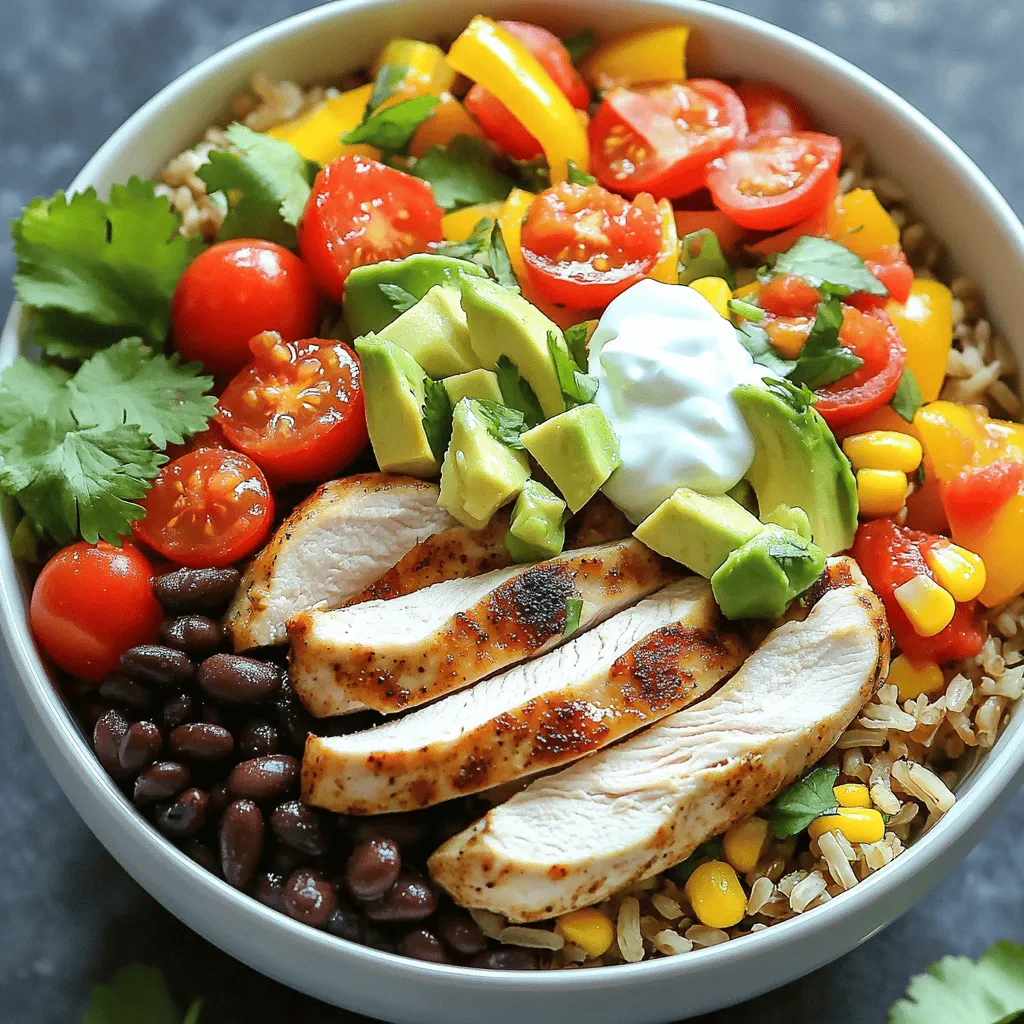 - 2 boneless, skinless chicken breasts - 1 tablespoon olive oil - 1 teaspoon chili powder - 1 teaspoon cumin - 1 teaspoon smoked paprika - 1 teaspoon garlic powder - Salt and pepper to taste - 1 cup brown rice, rinsed - 2 cups chicken broth (or water) The main items in this recipe are the chicken breasts, spices, and rice. The chicken provides protein and flavor. The spices add warmth and depth. Brown rice serves as a hearty base, making the dish filling. Using chicken broth instead of water enhances the rice's taste. - 1 bell pepper, diced - 1 avocado, diced - 1 cup cherry tomatoes, halved - 1/4 cup fresh cilantro, chopped Fresh produce brightens the bowl. The bell pepper adds crunch and color. Avocado brings creaminess and healthy fats. Cherry tomatoes add sweetness, while cilantro adds freshness. Each ingredient boosts the flavor and nutrition of the dish. - Salsa, for serving - Greek yogurt or sour cream, for serving - Juice of 1 lime Toppings make the meal special. Salsa adds zest and spice, while Greek yogurt or sour cream gives creaminess. A squeeze of lime juice brightens everything and ties it together. These elements make your chicken burrito bowl more enjoyable. For the full recipe, check the details above. First, prepare the marinade. In a bowl, mix together: - 1 tablespoon olive oil - 1 teaspoon chili powder - 1 teaspoon cumin - 1 teaspoon smoked paprika - 1 teaspoon garlic powder - Salt and pepper to taste Next, coat the chicken breasts well in the marinade. Make sure every part gets covered. Let the chicken marinate for at least 30 minutes for the best flavor. To cook the rice, bring 2 cups of chicken broth or water to a boil in a medium saucepan. Once boiling, add 1 cup of rinsed brown rice. Lower the heat, cover the pot, and let it simmer. It should cook for about 40-45 minutes, or until the rice is tender and the liquid is absorbed. After that, remove it from heat. While the rice cooks, preheat a grill pan or skillet over medium-high heat. Place the marinated chicken breasts in the pan. Cook them for 6-7 minutes on each side. You want the chicken to reach an internal temperature of 165°F (75°C). Once done, remove the chicken from heat, let it rest for a few minutes, then slice it into strips. While the chicken is cooking, it’s time to sauté the bell pepper. Dice the bell pepper and add it to a pan with a bit of olive oil over medium heat. Sauté for about 5 minutes until it becomes soft and fragrant. Now, it’s time to build your bowl! Start with a base of the cooked brown rice. Layer on the sautéed bell pepper, black beans, corn, and sliced chicken. Add diced avocado and halved cherry tomatoes on top. For a finishing touch, drizzle with lime juice, sprinkle fresh cilantro, and add a dollop of salsa and Greek yogurt or sour cream. For the full recipe, check out the detailed instructions and ingredient list to create this tasty meal! Best marinating time Marinate the chicken for at least 30 minutes. This allows the flavors to soak in well. For more flavor, try to marinate it for up to 2 hours. This gives the spices time to work their magic. Achieving the right doneness Cook the chicken until it reaches 165°F (75°C). Use a meat thermometer for accuracy. This ensures your chicken stays juicy and safe to eat. Let the chicken rest for a few minutes before slicing. This helps keep it moist. Substitutes for brown rice If you want a change, use quinoa or cauliflower rice. Quinoa is packed with protein and cooks quickly. Cauliflower rice offers a low-carb option that still tastes great. Cooking aids or gadgets A rice cooker can make cooking rice easy. It cooks the rice evenly and frees you up for other tasks. If you don’t have one, a pot with a lid works well too. Just keep an eye on the time to avoid overcooking. Additional spices to consider Try adding cayenne pepper or smoked salt for extra kick. These spices boost the flavor without much effort. A dash of lime zest can brighten up the dish too. Complementary sauces or dressings Salsa is a classic choice, but you can try others too. A drizzle of chipotle sauce or a creamy avocado dressing can add a nice twist. These sauces enhance the flavor and make your bowl unique. For the complete step-by-step process to create this delicious dish, check out the Full Recipe. {{image_2}} You can make a tasty burrito bowl without chicken. Try using plant-based proteins like tofu or tempeh. These options are healthy and full of flavor. You can also use black beans or lentils for protein. If you want grains, swap brown rice for quinoa or cauliflower rice. Both options are nutritious and crunchy. If you love heat, add jalapeños or a splash of hot sauce. These additions will make your bowl zesty. You can also use spicy seasoning blends like taco seasoning for extra flavor. Just sprinkle it over your chicken or veggies as they cook. This will give your dish a delightful kick. For a low-carb option, skip the rice and use more veggies. You can add leafy greens like spinach or kale. If you're counting calories, reduce the amount of oil in the recipe. You can also use Greek yogurt instead of sour cream. This swap cuts fat and adds protein. These variations let you customize your chicken burrito bowl. They help you enjoy the dish in different ways. For the full recipe, check the earlier section. Enjoy your cooking adventure! To keep your chicken burrito bowl fresh, store leftovers in airtight containers. This keeps moisture in and prevents any odors from your fridge. You can safely store the bowl for up to 3 days in the fridge. Make sure to let it cool to room temperature before sealing. You can freeze components of the burrito bowl to enjoy later. Cooked chicken, rice, and beans freeze well. Place them in freezer-safe bags or containers. For the best taste, use them within 2 to 3 months. When you are ready to eat, thaw overnight in the fridge. Reheat in a microwave or on the stove until hot throughout. Prepping your chicken burrito bowl ahead saves time on busy days. Cook the chicken and rice in advance, then store them separately. You can also chop your veggies ahead of time. Assemble the bowl just before serving for the best flavor and texture. If you want to store assembled bowls, keep the toppings separate to prevent sogginess. You can use many tasty protein sources in your bowl. Here are some great options: - Tofu: Use firm or extra-firm tofu. It takes on flavors well. - Tempeh: This is a great plant-based option with a nutty taste. - Ground beef or turkey: Cook it with spices for a hearty flavor. - Shrimp: Quick to cook and adds a nice touch to your bowl. - Beans: Extra black beans or other beans work for a protein boost. Making a gluten-free chicken burrito bowl is simple. Use these tips: - Rice: Always choose gluten-free rice like brown or white rice. - Beans: Canned black beans are gluten-free. Just rinse them well. - Sauces: Check labels on salsa and yogurt. Many are gluten-free. - Tortillas: If you want to add tortillas, use gluten-free options. Yes, you can meal prep the Chicken Burrito Bowls! Here’s how: - Cook the chicken: Follow the recipe and slice it when cool. - Prepare the rice: Cook a big batch and store it in the fridge. - Store veggies: Chop and keep bell peppers, avocado, and tomatoes ready. - Assemble bowls: Put everything in containers and store in the fridge. - Reheat: Simply warm the rice and chicken before serving. Many places serve delicious Chicken Burrito Bowls. Here are some popular options: - Local Mexican restaurants: They often have fresh and flavorful bowls. - Food trucks: Check for trucks that specialize in burritos or bowls. - Chain restaurants: Some chains have good options for quick meals. - Delivery services: Use apps to find local spots with great ratings. Toppings can make your bowl even better. Here are some ideas: - Cheese: Shredded cheese adds creaminess and flavor. - Jalapeños: For some heat, slice fresh or pickled jalapeños. - Sour cream or Greek yogurt: Both add a rich and tangy taste. - Chopped green onions: These add a fresh and crunchy touch. - Lime wedges: Squeeze fresh lime juice for a zesty kick. For a full recipe, check the [Full Recipe]. This blog post covered how to create a delicious Chicken Burrito Bowl. We discussed the main ingredients, from chicken breasts to fresh produce. You learned step-by-step instructions on marinating, cooking, and assembling your bowl. We also shared tips for perfecting your meal and variations for diets and flavor preferences. Finally, we explored storage methods and answered common questions. Enjoy crafting this tasty dish, and don't hesitate to personalize it. Your cooking can be simple, fun, and packed with good flavors!