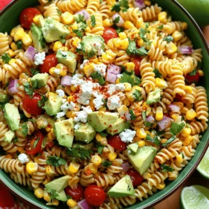 - 8 oz fusilli or bowtie pasta - 1 cup frozen corn (or fresh corn, grilled and cut off the cob) - 1 red bell pepper, diced - 1/2 cup red onion, finely chopped - 1 avocado, diced - 1/2 cup cherry tomatoes, halved - 1/4 cup fresh cilantro, chopped - 1/2 cup crumbled queso fresco or feta cheese - 2 tablespoons mayonnaise - 2 tablespoons Greek yogurt - 1 tablespoon lime juice - 1 teaspoon chili powder - Salt and pepper to taste To make Tasty Mexican Street Corn Pasta Salad, you need fresh and simple ingredients. Each item adds flavor and crunch. The pasta gives a nice base, while the corn brings sweetness. The bell pepper adds color and a crisp bite. Red onion gives a bit of zing, and avocado adds creaminess. Cherry tomatoes pop with juice, while cilantro gives a fresh, herby taste. Cheese adds a rich finish. For the dressing, mayonnaise and Greek yogurt blend well. Lime juice and chili powder kick up the flavor. Salt and pepper balance everything out. Now that you see the list, you can easily gather what you need. The Full Recipe will guide you through making this delightful dish step by step. Enjoy the process and the tasty results! 1. Cook the pasta until it is al dente, following the package instructions. 2. Drain the pasta and rinse it under cold water to cool it down. 1. In a large bowl, combine the cooled pasta with the vegetables. This includes corn, red bell pepper, red onion, avocado, cherry tomatoes, and cilantro. 2. In a small bowl, whisk together mayonnaise, Greek yogurt, lime juice, chili powder, salt, and pepper. This makes a creamy dressing. 1. Pour the dressing over the pasta and veggies. Toss gently to coat everything well. 2. Add the crumbled queso fresco or feta cheese. Fold it in carefully to mix. You can find the Full Recipe for more details. Enjoy your colorful and tasty dish! To keep your pasta al dente, cook it until it's just firm. Follow the package instructions but check a minute early. Drain the pasta and rinse it under cold water. This stops the cooking and keeps it from sticking. When choosing corn, both frozen and fresh are great. Frozen corn is easy and cooks quickly. If using fresh corn, grill it for a smoky taste before cutting it off the cob. This adds a nice depth to your salad. To spice things up, try adding cumin or smoked paprika. These spices bring warmth and depth to the dish. You can also add fresh herbs like parsley or dill for a twist. Taste your salad before serving. Adjust the seasoning by adding more salt, pepper, or lime juice. This ensures the flavors pop and suit your taste. For a stunning presentation, serve your salad in a large bowl. You can also use individual portions for a fun touch. Garnish with extra cilantro and a sprinkle of chili powder to add color. Lime wedges on the side give a zesty kick and look pretty. This small detail makes your dish even more inviting. Enjoy your Tasty Mexican Street Corn Pasta Salad with friends! {{image_2}} You can switch up the pasta in this salad. Try using whole wheat or gluten-free pasta. Quinoa is a great grain option, too. You can also add proteins like grilled chicken or black beans for a heartier meal. They add flavor and texture. To make this salad vegan, skip the cheese and use a plant-based yogurt. You can also replace mayonnaise with avocado for creaminess. For a gluten-free option, choose rice pasta or a grain like quinoa. This way, everyone can enjoy the dish! In summer, use fresh corn and ripe tomatoes. In fall, add roasted sweet potatoes and jalapeños for a spicy kick. During holidays, consider mixing in cranberries or nuts for a festive twist. Each season brings new flavors to this tasty salad! Store any leftovers in a sealed container. Use glass or plastic containers with tight lids. This keeps the pasta salad fresh and tasty. Place the salad in the fridge right away. It will stay good for about 3 to 5 days. Always check for any signs of spoilage before eating. Can you freeze pasta salad? Yes, you can freeze it. However, some ingredients may change in texture. To freeze, put the salad in an airtight container. Make sure to leave some space at the top, as it will expand. To reheat, thaw in the fridge overnight. Then, give it a good stir before serving. How long does it last in the fridge? Tasty Mexican street corn pasta salad stays fresh for up to 5 days. Look for signs of spoilage, such as off smells or discoloration. If it smells sour or has changed color, it’s best to throw it out. Always trust your senses when it comes to food safety. Mexican street corn, known as elote, is a popular snack in Mexico. It features grilled corn on the cob coated in creamy sauces and spices. The main ingredients include: - Corn on the cob - Mayonnaise - Lime juice - Chili powder - Cheese, often cotija or queso fresco - Fresh cilantro These flavors blend to create a sweet, spicy, and tangy treat. You can taste the smoky notes from the grilled corn, mixed with creamy and zesty toppings. Yes, you can prepare this salad ahead of time. Here are some tips: - Cook the pasta and let it cool. - Chop the veggies and store them in the fridge. - Prepare the dressing but keep it separate until serving. This way, you can mix it all together right before you eat. It tastes even better after the flavors combine. Store it in an airtight container for up to three days. To add more heat to this salad, consider these options: - Include diced jalapeños for fresh heat. - Mix in some hot sauce to the dressing. - Sprinkle extra chili powder or cayenne pepper on top. Start with a little, then taste. You can always add more spice if you want it hotter. This salad pairs well with many dishes. Here are a few ideas: - Grilled chicken or shrimp for protein. - Tacos or quesadillas for a fun meal. - Chips and salsa for a crunchy side. These options create a full, tasty meal that everyone will enjoy. Check out the Full Recipe for more details! This recipe for Mexican Street Corn Pasta Salad blends colorful veggies, pasta, and creamy dressing. You learned how to mix ingredients, add flavor, and present the dish beautifully. With tips for swaps and storage, you can customize this salad to fit your needs. Keep experimenting with flavors and ingredients. Enjoy creating your unique take on this tasty dish!
