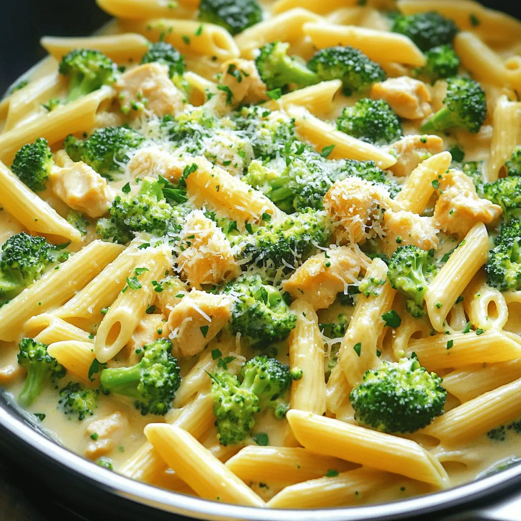 - 2 cups penne pasta - 1 lb boneless skinless chicken breasts, diced - 2 cups broccoli florets - 1 cup heavy cream - 1 cup grated Parmesan cheese - 1 tablespoon olive oil - 2 cloves garlic, minced - Salt and pepper to taste - 1 teaspoon Italian seasoning - ½ teaspoon red pepper flakes - Fresh parsley for garnish When I create Creamy Broccoli and Chicken Penne, I focus on fresh ingredients. The penne pasta serves as a great base, soaking up the creamy sauce. I always choose boneless, skinless chicken breasts for their tenderness. Diced into bite-sized pieces, they cook quickly and blend well with the flavors. Broccoli florets add color and crunch. They cook quickly, so they stay bright green and tasty. The heavy cream is key to making this dish rich and smooth. Parmesan cheese thickens the sauce, adding a savory touch. In the seasoning category, I love using olive oil to cook the chicken. Garlic brings out the best in the other ingredients. Salt and pepper are essential for flavor, making the dish more enjoyable. For those who want to elevate their meal, the optional add-ins can make a big difference. Italian seasoning adds warmth and depth. Red pepper flakes can give a hint of heat, perfect for spice lovers. Finally, a sprinkle of fresh parsley brightens the dish and adds a pop of color. For the full recipe, check out the detailed steps to make this dish shine! - Bring a large pot of salted water to a boil. - Cook penne pasta until al dente (10-12 minutes). Start by boiling the water with salt. This adds flavor to the pasta. Once boiling, add the penne. Stir it gently to prevent sticking. Cook until it’s firm yet tender, or al dente. This means it has a slight bite to it. - Sauté diced chicken in olive oil until golden brown (5-7 minutes). - Add garlic and cook for 1-2 minutes. In a large skillet, heat the olive oil over medium heat. Add your diced chicken. Let it cook until it turns golden brown. This takes about 5 to 7 minutes. Season with salt and pepper for extra flavor. Next, add the minced garlic. Cook for 1 to 2 minutes until it smells great. - Stir in broccoli florets and cook until tender (3-4 minutes). - Combine heavy cream and Parmesan cheese; stir until creamy. Now, toss in the broccoli florets. Cook them for about 3 to 4 minutes. They should be bright green and tender. Reduce the heat and pour in the heavy cream. Keep stirring as you add the grated Parmesan cheese. Mix until it becomes creamy and smooth. - Drain pasta and toss with chicken and sauce mixture. - Ensure pasta is well coated before serving. Once the pasta is ready, drain it well. Add it to the skillet with the creamy chicken and broccoli. Toss everything together. Make sure the pasta is coated well with the sauce. Serve hot, and enjoy this creamy broccoli and chicken penne delight! For the complete recipe, check out the Full Recipe. - Use fresh ingredients for the best flavor. Fresh broccoli and chicken make a big difference. - Adjust seasoning to match your taste. Try adding more salt or pepper if needed. - Don’t overcook the broccoli. It should stay bright green and a bit crunchy. - Reserve some pasta water before draining. This helps if your sauce is too thick. - Pair your dish with garlic bread for a tasty meal. A fresh salad also works well. - Add chili flakes for extra heat. It gives a nice kick if you like spice. {{image_2}} You can make Creamy Broccoli and Chicken Penne a bit healthier. Try using whole wheat penne. This adds more fiber to your dish. Fiber helps with digestion and keeps you full longer. You can also switch to low-fat cream options. This change will lighten up the dish without losing the creamy flavor you love. Feel free to be creative with your vegetables! You can add bell peppers for a sweet crunch. Spinach brings a nice pop of color and nutrients. Peas can add a touch of sweetness as well. Don’t hesitate to experiment with seasonal veggies. Each season offers new flavors to enjoy in your creamy pasta. If you want to change the protein, that’s easy! You can swap out the chicken for shrimp. Shrimp cooks fast and adds a seafood twist. Turkey is another great option that is leaner than chicken. For those who prefer a plant-based meal, try using plant-based chicken. It gives you that meaty texture while keeping it vegetarian. For the full recipe, check out the [Full Recipe]. You can store leftovers of Creamy Broccoli and Chicken Penne in an airtight container. Keep it in the fridge for up to 3 days. This helps keep the dish fresh and safe to eat. If you have extra sauce, it’s best to keep it separate to avoid soggy pasta. To save some for later, freeze the penne in individual servings. You can keep it in the freezer for up to 2 months. When you're ready to eat, thaw it in the fridge overnight. Reheat gently to keep the creaminess you love. Reheating is key to enjoying this dish again. Use a skillet and add a splash of water or cream. This keeps the pasta moist and the sauce smooth. You can also use the microwave on low heat. Make sure to stir occasionally for even heating. Yes, you can prepare the dish in advance and store it in the fridge. I often make this dish a day ahead. It holds up well and tastes great. Just store it in an airtight container. When you’re ready to eat, simply reheat it in a skillet over low heat. This makes it easy to enjoy a quick meal later. To keep the sauce smooth, stir continuously and keep the heat low after adding the cream. I always find that a gentle touch works wonders. If you let the heat get too high, the cream may separate. So, patience is key here. A steady hand with the stirring will ensure a rich, creamy sauce. Yes, but adjust cooking time to ensure it’s tender but not mushy. Frozen broccoli is a great option for a quick meal. It cooks faster than fresh, so keep an eye on it. Add it to the skillet in the last few minutes of cooking. This way, it will stay bright and flavorful. This recipe shows how to make a tasty Creamy Broccoli and Chicken Penne. You learned about the key ingredients, including pasta, chicken, and broccoli. We covered easy steps to cook everything right. Plus, I shared tips for making it even better. Try adding veggies or using different proteins for fun twists. Enjoy your meal, and remember that leftovers can be stored easily. Now, get cooking and enjoy every bite!