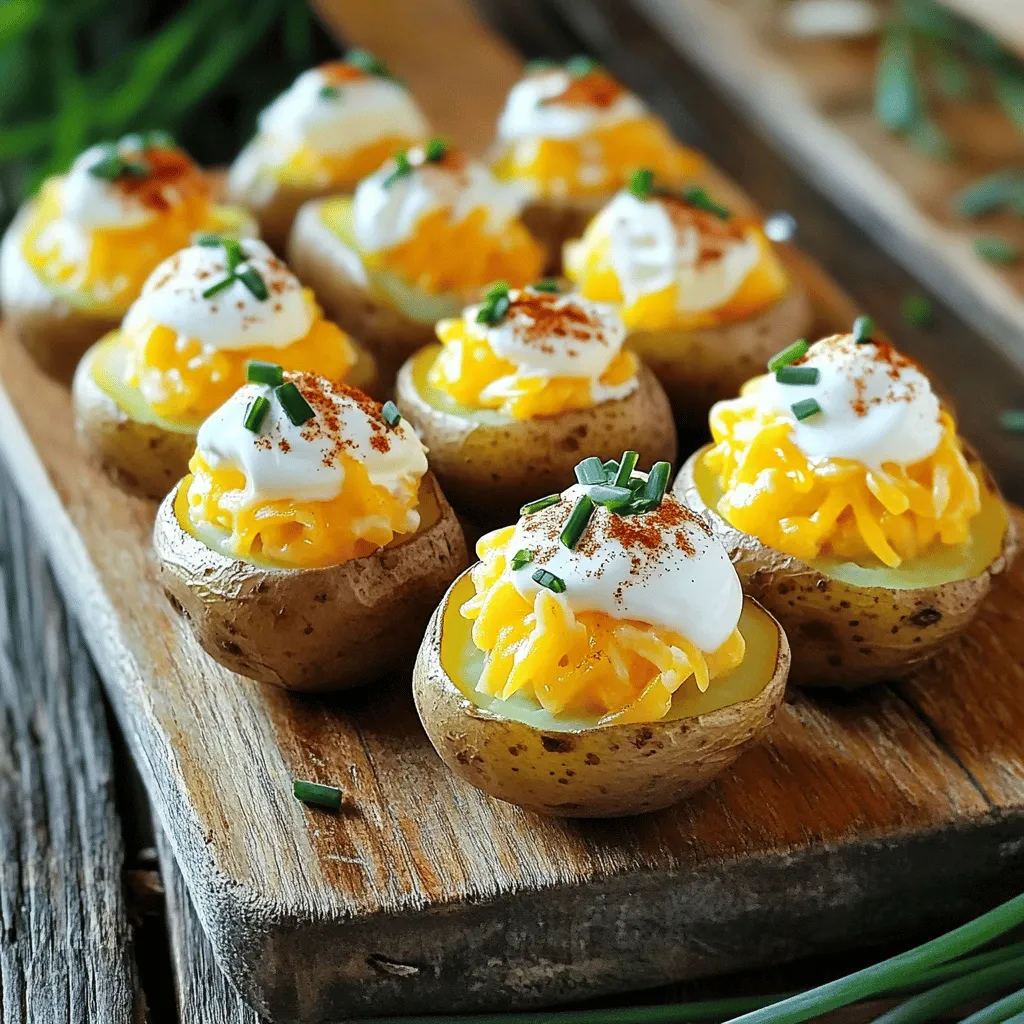- 12 baby potatoes - 3 tablespoons olive oil - 1 teaspoon garlic powder - 1 teaspoon onion powder - 1 teaspoon smoked paprika - Salt and pepper to taste - 1/2 cup sour cream - 1/4 cup fresh chives, finely chopped - 1/4 cup shredded cheddar cheese Choosing the right potatoes is key. Baby potatoes are perfect for this dish. They are small, tender, and cook quickly. Look for ones that are firm with no spots. Fresh herbs like chives add a burst of flavor. They brighten up the dish and add a nice crunch. Choose high-quality olive oil for rich taste. It makes a big difference in flavor. You can swap baby potatoes for regular potatoes if needed. Just cut them into smaller pieces. For a dairy-free version, use a plant-based sour cream. Nutritional yeast can replace cheese for a cheesy flavor without dairy. If you don't have smoked paprika, regular paprika works too. It won’t have the same depth but will still taste good. Start by preheating your oven to 400°F (200°C). This ensures your mini baked potatoes cook evenly. Next, wash 12 baby potatoes well. Make sure to scrub off any dirt. After washing, pat them dry with a clean towel. In a large mixing bowl, toss the potatoes with 3 tablespoons of olive oil. Add 1 teaspoon of garlic powder, 1 teaspoon of onion powder, and 1 teaspoon of smoked paprika. Sprinkle in salt and pepper to taste. Mix until all potatoes are coated. Now, place the coated potatoes on a baking sheet. Keep them in a single layer to allow even cooking. Bake the potatoes for 25-30 minutes. Check for doneness by piercing one with a fork. The fork should go in easily. If the potatoes are soft inside, they are ready. Once done, take them out and let them cool for a few minutes. Using a sharp knife, slice each potato in half. Be careful not to break the skin. Gently scoop out a bit of the flesh, leaving enough to hold the shape. In a small bowl, mix the scooped potato flesh with 1/2 cup of sour cream, 1/4 cup of finely chopped chives, and 1/4 cup of shredded cheddar cheese. Stir until creamy. Fill each potato half with this tasty mixture. Return the filled potatoes to the oven for another 5-10 minutes. Bake until heated through and the cheese melts slightly. Enjoy your mini baked potatoes as a savory snack or side dish! For detailed steps, check the Full Recipe. To get that perfect crispy skin on your mini baked potatoes, start with proper washing. Scrub the baby potatoes well and dry them completely. Dry skin helps the oil stick better. Next, coat them in olive oil. This not only adds flavor but also aids crispness. Sprinkle with salt and seasoning before baking. The salt draws out moisture, helping the skins crisp up. Bake them in a single layer to ensure even cooking. Overcrowding can lead to steaming, not baking. Mini baked potatoes are great for many occasions. You can serve them as a snack, appetizer, or side dish. They work well at parties or family dinners. Try placing them on a large platter for a fun display. You can also pair them with a fresh salad for a light meal. Feel free to mix and match toppings for variety. Kids love them, making them a hit for gatherings. Dips and sauces can elevate your mini baked potatoes. Sour cream is a classic choice. You can add fresh chives to it for a burst of flavor. For a spicy kick, mix in some hot sauce. Guacamole also pairs well, adding a creamy texture. If you want something cheesy, try melted cheese sauce. You can even serve ranch dressing or a yogurt dip. Experiment with different flavors to find your favorite combination. {{image_2}} You can mix and match flavors for your mini baked potatoes. Try adding herbs like rosemary or thyme for a fresh taste. For a spicy kick, use chili powder or crushed red pepper. If you love cheese, consider adding blue cheese or feta. Get creative! Each flavor brings a new life to your snack. Oven cooking is classic and gives even heat. It works well for crispy skins. Just follow the Full Recipe for perfect results. The air fryer cooks faster and uses less oil. It makes the potatoes tender and crispy too. Choose whichever method fits your time and taste! You can easily make these mini baked potatoes vegan. Swap sour cream for coconut yogurt or vegan sour cream. Use nutritional yeast for a cheesy flavor without dairy. For gluten-free options, all the ingredients in the Full Recipe are already gluten-free. Just enjoy without worries! You can store mini baked potatoes in the fridge. Place them in an airtight container. They stay fresh for about 3 to 5 days. If you want to keep them longer, freezing is a great option. To reheat mini baked potatoes, you have a few good options. The oven works well. Preheat your oven to 350°F (175°C). Place the potatoes on a baking sheet and heat for about 10-15 minutes. You can also use the microwave. Just put them on a plate and heat for 1-2 minutes. Check if they are warm enough. Freezing mini baked potatoes is simple. First, let them cool completely. Then, wrap each potato in plastic wrap. Place them in a freezer bag or container. They can last up to 3 months in the freezer. When you're ready to enjoy them again, just thaw in the fridge overnight before reheating. For the best taste, enjoy them within a month. Mini baked potatoes take about 25 to 30 minutes to cook in the oven. You want them to be tender and golden brown. To check if they are done, pierce one with a fork. If it feels soft inside, they are ready to enjoy. Yes, you can use regular potatoes if you prefer. Just cut them into smaller pieces so they cook evenly. Keep in mind that larger potatoes may need more time in the oven. Adjust the cooking time based on the size of the potato pieces. There are many tasty toppings for mini baked potatoes. Some favorites include: - Sour cream - Shredded cheddar cheese - Fresh chives - Bacon bits - Broccoli - Salsa Feel free to mix and match to find your favorite flavors. For a full recipe, check out Mini Baked Potatoes Delight. In this article, we covered the key ingredients, preparation steps, and cooking tips for mini baked potatoes. I shared helpful suggestions for perfecting crispy skins and explored creative flavor variations. Remember, these mini treats are versatile and fun to make. Store leftovers properly and reheat them for a quick snack. The options are endless! Enjoy experimenting with different toppings and cooking methods. You’ll soon find your favorite way to enjoy mini baked potatoes.