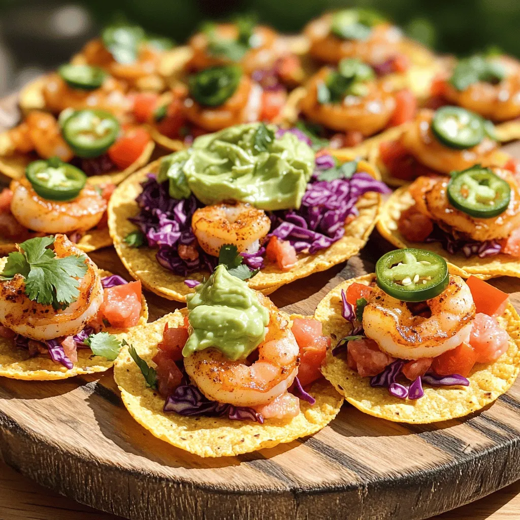 - 1 pound small shrimp, peeled and deveined - 12 mini corn tortillas - 1 cup shredded red cabbage - 1 ripe avocado, diced - 1/4 cup fresh cilantro, chopped - 1/2 cup diced tomatoes - 1 tablespoon lime juice - 1 teaspoon ground cumin - 2 tablespoons olive oil - Salt and pepper to taste - Optional: Jalapeño slices for garnish When making mini shrimp tostadas, choose fresh ingredients. Fresh shrimp gives the best flavor. You can find small shrimp at your local market. If you prefer, frozen shrimp works too. Just make sure to thaw them first. The mini corn tortillas are key. They create a nice bite-sized base. Look for the smaller size to keep each tostada light. The shredded red cabbage adds crunch and color. It also gives a fresh taste that pairs well with shrimp. Avocado adds creaminess. Use a ripe avocado for the best texture. The lime juice brightens up the dish. You can adjust the amount to your taste. Ground cumin adds a warm flavor. It's a small amount, but it makes a big difference. Use good olive oil for cooking the shrimp. It helps seal in the flavor. Don’t forget salt and pepper! They enhance all the fresh ingredients. If you like heat, add jalapeño slices as a garnish. They bring a nice kick to each bite. The nutritional information for this dish varies. Each serving has about 200 calories. It mainly consists of protein from shrimp and healthy fats from avocado. It's a great choice for a light meal or appetizer. For the full recipe, visit the [Full Recipe] link. This will guide you through each step while using these ingredients. - Start by cleaning the shrimp. Rinse them under cold water. Pat them dry with a paper towel. This helps remove any grit. - In a medium bowl, mix the shrimp with olive oil, ground cumin, salt, and pepper. Toss well to coat each shrimp evenly. This will add great flavor. - Heat a skillet over medium heat. This is the perfect level for cooking shrimp. - Add the shrimp to the hot skillet. Cook for about 2-3 minutes on each side. Watch for them to turn pink and opaque. This shows they are done. Remove from heat and set aside. - Lightly toast the mini corn tortillas for 1-2 minutes on each side. This makes them warm and slightly crisp. - For each tostada, layer a spoonful of the cabbage and tomato mix on the tortilla first. This adds a fresh crunch. - Then, place a few shrimp on top. Make sure to spread them out for even flavor. - Finish with a dollop of the creamy avocado mix and a sprinkle of cilantro. If you like spice, add jalapeño slices on top for an extra kick. Follow these steps for a delightful mini shrimp tostada experience! For the full recipe, check out the details above. To make great shrimp, avoid overcooking. Cook shrimp for 2-3 minutes per side. They turn pink and opaque when done. If they curl tightly, you cooked them too long. For flavor, season the shrimp well. Use olive oil, ground cumin, salt, and pepper. You can also add garlic or chili powder for extra taste. Marinate for about 15 minutes before cooking. This helps the flavors blend. Pair your mini shrimp tostadas with fresh sides. A cool salad or rice works well. Consider serving with a zesty lime wedge. This adds a fresh kick to your dish. These tostadas suit many occasions. Serve them at parties, game nights, or family dinners. They are quick to make and fun to eat. Plating is key for a stunning dish. Use a colorful plate to make your tostadas pop. Stack the ingredients neatly for a beautiful look. Garnish with fresh herbs like cilantro. This adds color and freshness. You can also sprinkle some lime zest on top. It enhances the visual appeal and flavor. For the full recipe, check out [Full Recipe]. {{image_2}} You can switch up the shrimp in many ways. Try chicken or fish for a different taste. For a vegan option, use jackfruit or tofu. Both give nice texture and flavor. For toppings, if you don't like avocado, use hummus or a bright salsa. You can swap red cabbage for green lettuce or even spicy arugula. Each choice adds a unique twist to your tostadas. Want some heat? Add jalapeños, serranos, or even a dash of hot sauce. These will kick up the spice level. You could also use smoked paprika for a smoky flavor. If you prefer sweet, a mango salsa pairs well. Just mix diced mango, lime juice, and cilantro. This adds a refreshing touch that balances the shrimp. You can serve mini shrimp tostadas as a fun appetizer or make them a main meal. For an appetizer, aim for small portions. For a main dish, add more toppings and sides. Consider how you present them. A single plate makes it easy for small gatherings. A large platter looks great for parties. Each way shows off your tasty creation! For the full recipe, check out the [Full Recipe]. To keep mini shrimp tostadas fresh, store them in an airtight container. This keeps the flavors intact and prevents sogginess. You can place the cooked shrimp and toppings separately. This way, the tortillas stay crisp. In the fridge, they will last for about 2 days. After that, the quality might drop. Yes, you can freeze tostadas! However, freeze the shrimp and toppings separately. The tortillas can get soggy when frozen. Wrap the shrimp tightly in plastic wrap and place it in a freezer bag. For best results, eat them within 1 month. When you are ready to eat, thaw the shrimp in the fridge overnight. Reheat the shrimp in a skillet until warm. Toast the tortillas for a few minutes to refresh their crispness. You can definitely make parts of this dish ahead of time. Cook the shrimp in advance and store it in the fridge. You can also prepare the toppings, like the avocado mixture and cabbage mix, a day before. Just keep everything in airtight containers. For parties, plan to assemble the tostadas right before serving. This ensures they taste fresh and crunchy! Yes, you can use frozen shrimp. Frozen shrimp is easy to find and often cheaper. It’s great when fresh shrimp is not available. Just remember to thaw it before cooking. You can place the shrimp in cold water for about 15 minutes. This method keeps the shrimp from losing flavor. However, frozen shrimp may not taste as fresh as raw shrimp. If you don't have corn tortillas, you can use flour tortillas. They are soft and work well. You can also try rice cakes for a crunchy base. Lettuce wraps are another fun option, giving a fresh taste. Each option brings its own flavor and texture. To add heat, try using cayenne pepper or chili powder. You can mix these into the shrimp before cooking. Another option is to add hot sauce to the avocado topping. Sliced jalapeños also add a spicy kick. Each choice gives your tostadas a different level of heat. Mini shrimp tostadas are simple and tasty. We covered all the key parts: ingredients, cooking steps, tips, and storage. Use fresh shrimp for the best flavor, and don't forget the avocado and cilantro. You can make them spicy, or even swap the shrimp for other proteins. These tostadas are perfect for gatherings or a cozy dinner. Remember to store leftovers properly for the best taste. With this guide, you can create a dish everyone will love! Enjoy making your tostadas just the way you like them.