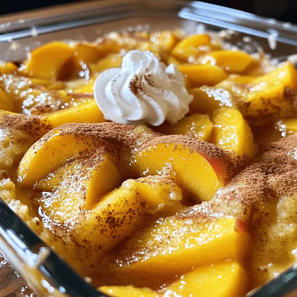 - 4 ripe peaches, peeled and sliced - 1 cup granulated sugar, divided - 1 tablespoon lemon juice - 1 cup all-purpose flour - 1 ½ teaspoons baking powder - ½ teaspoon salt - 1 cup milk - 1 stick (½ cup) unsalted butter, melted - 1 teaspoon vanilla extract - ½ teaspoon ground cinnamon - Whipped cream or vanilla ice cream for serving (optional) To make Tennessee Peach Pudding, you need fresh, juicy peaches. They give the dish its sweet, vibrant flavor. The sugar helps balance the tartness of the peaches. Lemon juice adds a bright note and enhances the fruit's taste. Flour, baking powder, and salt create the base of the pudding. The milk and melted butter bring moisture and richness. Vanilla extract adds warmth, while cinnamon gives a cozy spice touch. You can serve this pudding with whipped cream or vanilla ice cream. It makes each bite even more delightful. If you want a warm dessert that feels like a hug, this is the one. For the complete recipe, check out the Full Recipe section above. First, take your ripe peaches and slice them. I like to use four peaches for the best flavor. Next, place the sliced peaches in a bowl. Add half a cup of granulated sugar and one tablespoon of lemon juice. Toss the peaches until they are well-coated. This step helps to bring out their natural sweetness. Let them sit for about ten minutes. This marinating time makes the peaches even juicier. While the peaches are soaking, grab another bowl. In this bowl, whisk together one cup of all-purpose flour, the remaining half cup of sugar, one and a half teaspoons of baking powder, and half a teaspoon of salt. Mixing these dry ingredients well is key. It ensures even baking and a nice rise in your pudding. Now, it’s time to bring everything together. Pour in one cup of milk, half a cup of melted unsalted butter, and one teaspoon of vanilla extract into the dry mix. Stir gently until all the ingredients are combined. You want the batter to be slightly lumpy. This texture is normal and will create a lovely pudding. Preheat your oven to 350°F. Grab a greased 9x9 inch baking dish and pour the batter into it. Next, spoon the marinated peaches evenly over the top. Don’t stir! The peaches will sink as they bake, making every bite fruity and delicious. For a little extra flavor, sprinkle half a teaspoon of ground cinnamon over the peaches. Bake this in your preheated oven for 40 to 45 minutes. You’ll know it’s done when the top is golden brown and a toothpick comes out clean. Enjoy your Tennessee Peach Pudding warm or with a scoop of vanilla ice cream! For the full recipe, check the ingredients list above. To get a fluffy batter, you need to mix well but not too much. When you stir, stop when the batter looks a little lumpy. This keeps air in the mix. Air helps make your pudding light and fluffy. The temperature of your ingredients matters too. Use room temperature milk and melted butter. Cold ingredients can make the batter dense. Let your butter cool after melting. This step keeps your pudding soft and airy. You can add spices like nutmeg or allspice to boost flavor. Just a pinch can make a big difference. These spices add warmth and depth to the dish. You can also play with peach types. Use clingstone peaches for a sweet bite or freestone for easy slicing. Both options can change the taste and texture. Serve your pudding warm with whipped cream or vanilla ice cream. The cold cream blends well with the warm pudding. It creates a delightful contrast. For a pretty presentation, use fresh peach slices or mint leaves on top. A sprinkle of cinnamon can also enhance the look and flavor. For the full recipe, check back for details on making this dish! {{image_2}} You can make Tennessee Peach Pudding gluten-free by using almond or coconut flour. These flours work well and give a nice taste. Just replace the all-purpose flour with an equal amount of either. Almond flour adds a nutty flavor, while coconut flour gives a hint of sweetness. Both options keep the pudding moist and delicious. If peaches are not in season, try using berries or other stone fruits. Raspberries and blueberries add a nice tartness, while cherries or plums bring sweetness. You can mix and match fruits based on what you like or what you have. Each fruit changes the flavor but keeps the pudding just as tasty. For a vegan version, replace the milk with almond or coconut milk. You can use flaxseed meal mixed with water as an egg substitute. Just mix 1 tablespoon of flaxseed meal with 2.5 tablespoons of water and let it sit for a few minutes. This mixture binds the ingredients and keeps the pudding moist. These simple swaps make this dessert friendly for everyone. For the full recipe, check out Tennessee Peach Pudding . Enjoy making this sweet dish your way! To keep your Tennessee Peach Pudding fresh, store it in the fridge. Use an airtight container. This helps keep out moisture and odors. It will stay good for about 3 to 4 days. If you want to enjoy it later, freezing is a great option. When reheating, use the oven for best results. Set your oven to 350°F (175°C). Place the pudding in a baking dish. Cover it with foil to keep it from drying out. Heat for about 15-20 minutes or until warm. This method keeps the texture nice and soft. To freeze, let the pudding cool completely. Cut it into portions for easy thawing. Wrap each piece tightly in plastic wrap, then place it in a freezer bag. Label the bag with the date. It can be frozen for up to 3 months. When you're ready to enjoy, thaw it in the fridge overnight. Reheat it in the oven as mentioned. Enjoy your sweet treat anytime! Tennessee Peach Pudding is a warm, sweet dessert. This dish has roots in Southern cooking. It combines fresh peaches with a rich batter. The pudding bakes into a soft, cake-like texture. You find this treat in many homes across Tennessee. It’s a favorite during peach season, which peaks in summer. The taste is sweet and fruity, with hints of cinnamon. This dessert is a true Southern delight that warms the heart. Yes, you can use canned peaches if fresh ones are not available. Make sure they are in light syrup or juice. Drain them well to avoid excess liquid in the pudding. Canned peaches still add sweetness and flavor. However, fresh peaches give the best taste and texture. If you use canned peaches, reduce sugar slightly. This helps balance the sweetness. Look for a golden brown top when baking is complete. You can also check with a toothpick. Insert it in the center; it should come out clean. The edges will pull away from the dish too. If the center is still wet, bake a little longer. Let it cool for a few minutes before serving. This recipe can inspire other treats like cobblers or crumbles. You can change the fruit to berries for a new flavor. Using different fruits gives you many options. The base recipe is flexible and simple. Combine it with apples or cherries for a twist on the classic. Serve it warm with ice cream or whipped cream. Yes, you can prepare this dish ahead of time. You can mix the batter and fruit the night before. Cover it in the fridge until you are ready to bake. Just remember to let it sit at room temperature before baking. This helps it bake evenly. You can also reheat leftovers easily. Enjoy it warm even after a day or two! For the full recipe, check out the earlier section. This recipe for Tennessee Peach Pudding is easy and fun. You learned about the main ingredients, from ripe peaches to butter. I shared step-by-step instructions to help you bake it perfectly. Tips on texture and flavors will enhance your dish. Don't forget variations, like gluten-free and vegan options. Proper storage and reheating keep it tasty for later. I hope you enjoy making this warm, sweet dessert. It's sure to impress your family and friends. Happy baking!
