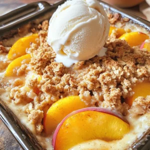 For a great peach crumble, you need fresh, ripe peaches. They add sweetness and flavor. Use these fresh ingredients: - 4 ripe peaches, peeled and sliced - 1 tablespoon lemon juice - 1/4 cup granulated sugar - 1 teaspoon vanilla extract Baking needs some basic ingredients to create the perfect crumble. These are essential: - 1 cup rolled oats - 1/2 cup all-purpose flour - 1/2 cup brown sugar - 1/2 teaspoon cinnamon - 1/4 cup unsalted butter, melted - 1/4 teaspoon salt You can make your peach crumble even better with a few add-ins. Consider these options: - Chopped nuts for crunch - A pinch of nutmeg for warmth - Dried fruits like raisins or cranberries This recipe is simple and fun to make. You can find the full recipe above to guide you step by step. Start by washing your peaches. Make sure they are ripe and sweet. Use a peeler to remove the skin. Then, slice the peaches into thin wedges. Place the slices in a big bowl. Add one tablespoon of lemon juice. This keeps the peaches fresh and bright. Next, sprinkle in a quarter cup of granulated sugar. This helps the peaches release their juices. Add one teaspoon of vanilla extract for extra flavor. Gently toss everything together. Set the bowl aside while you mix the crumble. In a separate bowl, combine one cup of rolled oats and half a cup of all-purpose flour. Then, add half a cup of brown sugar and half a teaspoon of cinnamon. This mix creates that delicious crumble. Pour in a quarter cup of melted butter. Stir it all together until it looks crumbly. You want small clumps to form. This will create a nice texture on top of the peaches. Preheat your oven to 350°F (175°C). Grease an 8x8 inch baking dish. Spread the peach mixture evenly in the dish. Make sure every slice is covered. Next, sprinkle the crumble mixture on top. Spread it out so it covers all the peaches. Place the dish in the oven. Bake for 35-40 minutes. Look for a golden brown topping and bubbling peaches. Once done, remove it from the oven. Let it cool for about 10 minutes. This helps the juices settle. Enjoy your Peach Crumble Bliss! For the complete details, see the Full Recipe. Pick ripe peaches for the best flavor. Look for peaches that are fragrant and slightly soft. They should have a vibrant color. Avoid hard or overly soft peaches. If you can, try local peaches. They are often fresher and tastier. You can also mix in a few different peach varieties for added depth. A great crumble topping is key to your peach crumble bliss. Use cold butter for a flakier texture. Mix your dry ingredients before adding the melted butter. This helps create clumps. Don't over-mix; you want some small lumps for crunch. Bake until the topping is golden brown and crisp. Serve your peach crumble warm for the best taste. A scoop of vanilla ice cream really enhances the dish. Try drizzling honey on top for added sweetness. You can also add a sprinkle of cinnamon for warmth. This dish pairs well with whipped cream or yogurt, too. Enjoy it fresh for a delightful treat! {{image_2}} You can easily make a gluten-free peach crumble. Simply swap all-purpose flour for almond flour or oat flour. Both options give a nice texture. Use certified gluten-free oats to avoid any cross-contamination. This way, everyone can enjoy this tasty dessert. Want to add some crunch? Toss in chopped nuts like almonds or walnuts. They add a great flavor. You can also mix in spices like nutmeg for a warm touch. Just a pinch can change the whole taste. Feel free to play with these additions to match your taste. For a fun twist, add berries or cherries to the peach mixture. Blueberries or raspberries work well and add a burst of color. Cherries bring a sweet-tart flavor that pairs nicely with peaches. Make sure to adjust the sugar if your fruits are very sweet. This keeps the balance just right. To keep your leftover peach crumble fresh, place it in an airtight container. You can also cover it tightly with plastic wrap. Store it in the fridge for up to three days. Make sure it cools completely before storing. This helps keep the topping crisp and the peaches juicy. When you’re ready to enjoy your peach crumble again, preheat your oven to 350°F (175°C). Place the crumble in an oven-safe dish. Heat it for about 15 to 20 minutes. This warms it up while keeping the topping crunchy. You can also use a microwave for quick reheating. Heat it for about 30 seconds to 1 minute. Just keep in mind that the topping may soften in the microwave. You can freeze peach crumble for later! First, let it cool completely. Then, wrap it tightly in plastic wrap or foil. Place it in a freezer-safe container or bag. It can stay in the freezer for up to three months. When you want to eat it, thaw it in the fridge overnight. Reheat in the oven for the best taste. For a delicious treat, serve it warm with ice cream. Enjoy your Peach Crumble Bliss! You can tell the peach crumble is done by checking the topping. It should be golden brown and look crisp. The peaches will bubble around the edges. This bubbling shows the fruit is hot and juicy. If you see this, your crumble is ready. Yes, you can use frozen peaches! Just be sure to thaw them first. Drain any extra liquid to avoid a soggy crumble. If you skip this step, the texture might not be right. Frozen peaches work well, but fresh ones taste better. Serve the peach crumble warm for the best flavor. A scoop of vanilla ice cream on top makes it even better. You can also drizzle honey for extra sweetness. This combination creates a delightful dessert experience. For a fun twist, add some whipped cream too! For the full recipe, check out the details above. Peach crumble is a tasty treat made with fresh ingredients and simple steps. We explored how to prepare ripe peaches, mix crumble, and bake until golden. I shared tips for choosing the best peaches and keeping the crumble crispy. You can also try fun variations, like adding nuts or using berries. Remember to store leftovers properly and reheat for the best flavor. With these easy tricks, you’ll enjoy peach crumble that never disappoints. Get ready to impress your friends and family with this delightful dessert!