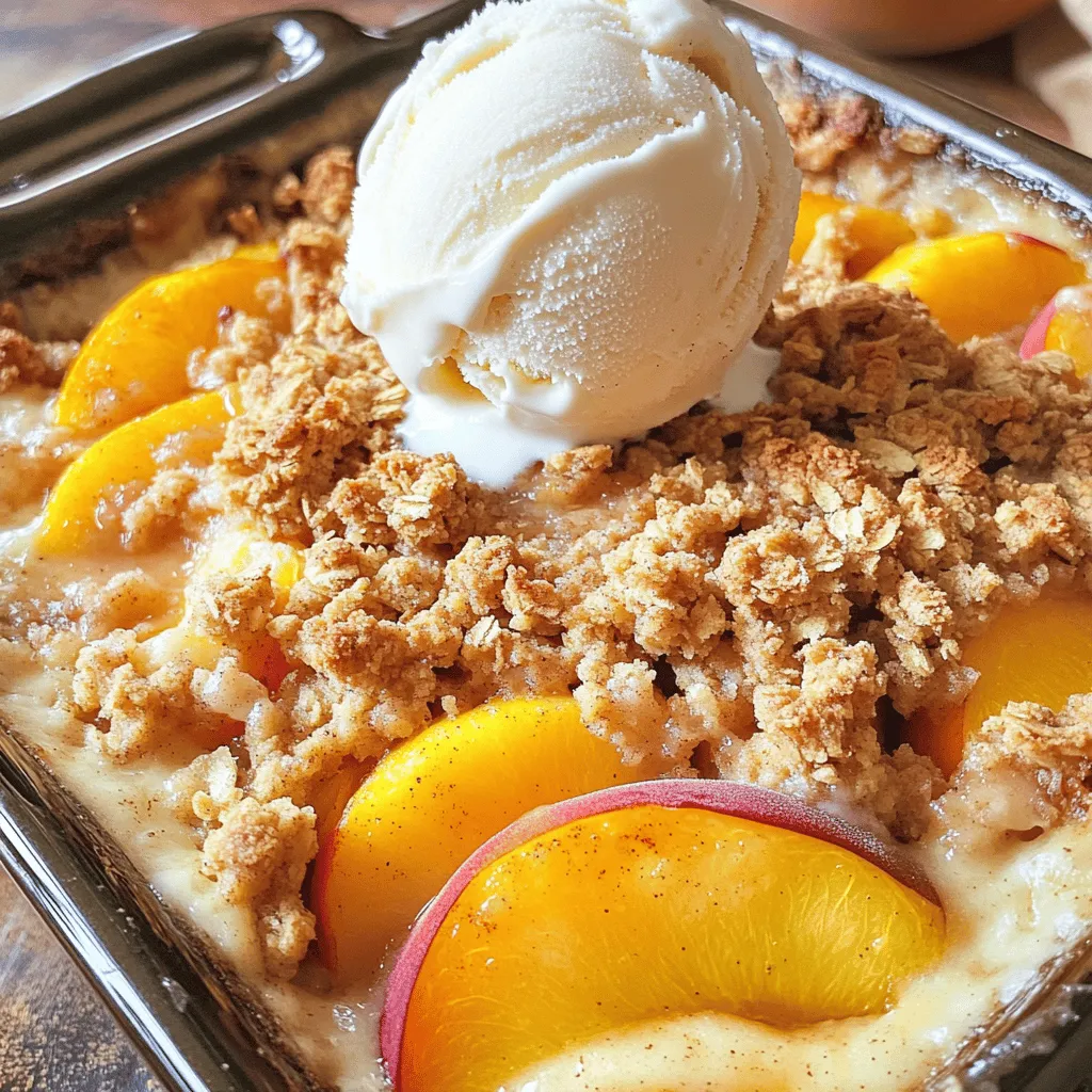 For a great peach crumble, you need fresh, ripe peaches. They add sweetness and flavor. Use these fresh ingredients: - 4 ripe peaches, peeled and sliced - 1 tablespoon lemon juice - 1/4 cup granulated sugar - 1 teaspoon vanilla extract Baking needs some basic ingredients to create the perfect crumble. These are essential: - 1 cup rolled oats - 1/2 cup all-purpose flour - 1/2 cup brown sugar - 1/2 teaspoon cinnamon - 1/4 cup unsalted butter, melted - 1/4 teaspoon salt You can make your peach crumble even better with a few add-ins. Consider these options: - Chopped nuts for crunch - A pinch of nutmeg for warmth - Dried fruits like raisins or cranberries This recipe is simple and fun to make. You can find the full recipe above to guide you step by step. Start by washing your peaches. Make sure they are ripe and sweet. Use a peeler to remove the skin. Then, slice the peaches into thin wedges. Place the slices in a big bowl. Add one tablespoon of lemon juice. This keeps the peaches fresh and bright. Next, sprinkle in a quarter cup of granulated sugar. This helps the peaches release their juices. Add one teaspoon of vanilla extract for extra flavor. Gently toss everything together. Set the bowl aside while you mix the crumble. In a separate bowl, combine one cup of rolled oats and half a cup of all-purpose flour. Then, add half a cup of brown sugar and half a teaspoon of cinnamon. This mix creates that delicious crumble. Pour in a quarter cup of melted butter. Stir it all together until it looks crumbly. You want small clumps to form. This will create a nice texture on top of the peaches. Preheat your oven to 350°F (175°C). Grease an 8x8 inch baking dish. Spread the peach mixture evenly in the dish. Make sure every slice is covered. Next, sprinkle the crumble mixture on top. Spread it out so it covers all the peaches. Place the dish in the oven. Bake for 35-40 minutes. Look for a golden brown topping and bubbling peaches. Once done, remove it from the oven. Let it cool for about 10 minutes. This helps the juices settle. Enjoy your Peach Crumble Bliss! For the complete details, see the Full Recipe. Pick ripe peaches for the best flavor. Look for peaches that are fragrant and slightly soft. They should have a vibrant color. Avoid hard or overly soft peaches. If you can, try local peaches. They are often fresher and tastier. You can also mix in a few different peach varieties for added depth. A great crumble topping is key to your peach crumble bliss. Use cold butter for a flakier texture. Mix your dry ingredients before adding the melted butter. This helps create clumps. Don't over-mix; you want some small lumps for crunch. Bake until the topping is golden brown and crisp. Serve your peach crumble warm for the best taste. A scoop of vanilla ice cream really enhances the dish. Try drizzling honey on top for added sweetness. You can also add a sprinkle of cinnamon for warmth. This dish pairs well with whipped cream or yogurt, too. Enjoy it fresh for a delightful treat! {{image_2}} You can easily make a gluten-free peach crumble. Simply swap all-purpose flour for almond flour or oat flour. Both options give a nice texture. Use certified gluten-free oats to avoid any cross-contamination. This way, everyone can enjoy this tasty dessert. Want to add some crunch? Toss in chopped nuts like almonds or walnuts. They add a great flavor. You can also mix in spices like nutmeg for a warm touch. Just a pinch can change the whole taste. Feel free to play with these additions to match your taste. For a fun twist, add berries or cherries to the peach mixture. Blueberries or raspberries work well and add a burst of color. Cherries bring a sweet-tart flavor that pairs nicely with peaches. Make sure to adjust the sugar if your fruits are very sweet. This keeps the balance just right. To keep your leftover peach crumble fresh, place it in an airtight container. You can also cover it tightly with plastic wrap. Store it in the fridge for up to three days. Make sure it cools completely before storing. This helps keep the topping crisp and the peaches juicy. When you’re ready to enjoy your peach crumble again, preheat your oven to 350°F (175°C). Place the crumble in an oven-safe dish. Heat it for about 15 to 20 minutes. This warms it up while keeping the topping crunchy. You can also use a microwave for quick reheating. Heat it for about 30 seconds to 1 minute. Just keep in mind that the topping may soften in the microwave. You can freeze peach crumble for later! First, let it cool completely. Then, wrap it tightly in plastic wrap or foil. Place it in a freezer-safe container or bag. It can stay in the freezer for up to three months. When you want to eat it, thaw it in the fridge overnight. Reheat in the oven for the best taste. For a delicious treat, serve it warm with ice cream. Enjoy your Peach Crumble Bliss! You can tell the peach crumble is done by checking the topping. It should be golden brown and look crisp. The peaches will bubble around the edges. This bubbling shows the fruit is hot and juicy. If you see this, your crumble is ready. Yes, you can use frozen peaches! Just be sure to thaw them first. Drain any extra liquid to avoid a soggy crumble. If you skip this step, the texture might not be right. Frozen peaches work well, but fresh ones taste better. Serve the peach crumble warm for the best flavor. A scoop of vanilla ice cream on top makes it even better. You can also drizzle honey for extra sweetness. This combination creates a delightful dessert experience. For a fun twist, add some whipped cream too! For the full recipe, check out the details above. Peach crumble is a tasty treat made with fresh ingredients and simple steps. We explored how to prepare ripe peaches, mix crumble, and bake until golden. I shared tips for choosing the best peaches and keeping the crumble crispy. You can also try fun variations, like adding nuts or using berries. Remember to store leftovers properly and reheat for the best flavor. With these easy tricks, you’ll enjoy peach crumble that never disappoints. Get ready to impress your friends and family with this delightful dessert!