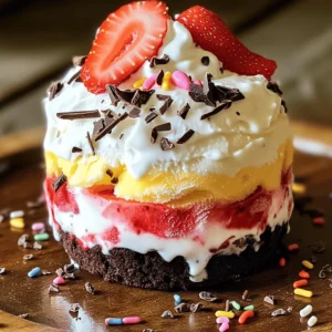 - Chocolate sandwich cookies - Unsalted butter - Vanilla ice cream - Strawberry ice cream - Chocolate ice cream - Whipped cream - Fresh strawberries - Chocolate shavings - Rainbow sprinkles (optional) To make the Mini Neapolitan Ice Cream Cake, you will need some simple ingredients. First, grab a cup of chocolate sandwich cookies. These will form the tasty crust. You will also need three tablespoons of unsalted butter to bind the cookie crumbs together. Next, you will need three flavors of ice cream: two cups each of vanilla, strawberry, and chocolate ice cream. Let them soften a bit; this makes spreading easier. For the topping, you'll need one cup of whipped cream. Fresh strawberries will add a nice touch on top, along with chocolate shavings for extra yumminess. If you want some fun, grab some rainbow sprinkles too! This recipe is all about layering these delightful flavors. Each ingredient plays its part in creating a treat everyone will love. For the full recipe, check out the instructions I laid out for you. - First, combine crushed chocolate sandwich cookies and melted butter in a bowl. - Mix until the crumbs are well coated with butter. - Next, press the mixture firmly into the bottom of a springform pan. - Make sure to pack it tightly for a strong base. - Place the pan in the freezer for about 15 minutes to set the crust. - Now, take the softened vanilla ice cream and spread it evenly over the crust. - Use a spatula to smooth it out. - Freeze this layer for about 30 minutes until it firms up. - Next, add the softened strawberry ice cream on top of the vanilla layer. - Smooth it out and freeze for another 30 minutes. - Finally, spread the softened chocolate ice cream over the strawberry layer. - Smooth it out again and freeze for about 2 hours, or until fully set. - Once the ice cream layers are firm, carefully remove the cake from the freezer. - Take it out of the springform pan gently. - Spread whipped cream evenly over the top of the cake. - Decorate with fresh strawberry slices around the edges. - Sprinkle chocolate shavings on top for extra flavor. - Optional: Add rainbow sprinkles for a fun touch. For the complete steps, check the Full Recipe. - Use softened ice cream for easy spreading. - Ensure each layer is frozen before adding the next. Achieving the right texture is key to your cake's success. When you soften the ice cream, it becomes easier to spread. This makes layering simple and smooth. If the ice cream stays hard, it can tear the layers. After you layer each flavor, freeze it well. This keeps the layers distinct and firm. - Use a piping bag for whipped cream decoration. - Experiment with different toppings. When you decorate, a piping bag helps you create pretty designs with whipped cream. You can make swirls or peaks that look nice. Also, feel free to get creative! Try toppings like nuts, berries, or even caramel sauce. Each topping adds flavor and fun. - Best served immediately after slicing. - Pair with fresh fruits or chocolate sauce. This cake is best when served right after cutting. The ice cream stays creamy and tastes fresh. You can also serve it with fresh fruits like strawberries or a drizzle of chocolate sauce. These extras make each bite even better. Enjoy your creation! {{image_2}} You can easily make a vegan version of this cake. Just swap the dairy ice creams for your favorite dairy-free ones. Look for coconut, almond, or cashew-based ice creams. For the whipped topping, use a plant-based alternative. This way, everyone can enjoy the delight of Neapolitan ice cream cake! If you need a gluten-free cake, it's simple! Just use gluten-free chocolate cookies for the crust. You can find many brands that offer tasty gluten-free options. This change keeps the cake delicious and safe for those with gluten sensitivities. Don’t be afraid to get creative with flavors! You can try mint ice cream for a refreshing twist. Cookies 'n cream can also add a fun texture. Mix and match the flavors to find your favorite. The possibilities are endless, so have fun experimenting! Error: Error code: 429 - {'error': {'message': 'Rate limit reached for gpt-4o-mini in organization org-zFeAnX8gJvsCtEtJubNX3NN3 on tokens per min (TPM): Limit 200000, Used 199378, Requested 2039. Please try again in 425ms. Visit https://platform.openai.com/account/rate-limits to learn more.', 'type': 'tokens', 'param': None, 'code': 'rate_limit_exceeded'}} Yes, you can prepare it the day before. Just store it in the freezer. This way, you save time when you are ready to enjoy it. It lasts about 1-2 weeks when stored properly. Make sure to wrap it well to keep it fresh and tasty. You can check local grocery stores or specialty dessert shops. Some stores may have them in their freezer section. Yes, you can use different pan sizes. Just adjust the freezing times based on the size you choose. Smaller pans might freeze faster, while larger ones may take longer. The Mini Neapolitan Ice Cream Cake combines rich flavors of chocolate, strawberry, and vanilla. You learned how to make a tasty crust, layer ice creams, and add delicious toppings. Remember to freeze each layer and use softened ice cream for easy spreading. Don’t be afraid to try variations for a personal touch. Whether for a party or a treat at home, this cake is sure to impress. Enjoy your dessert, and share it with friends and family for the best experience!