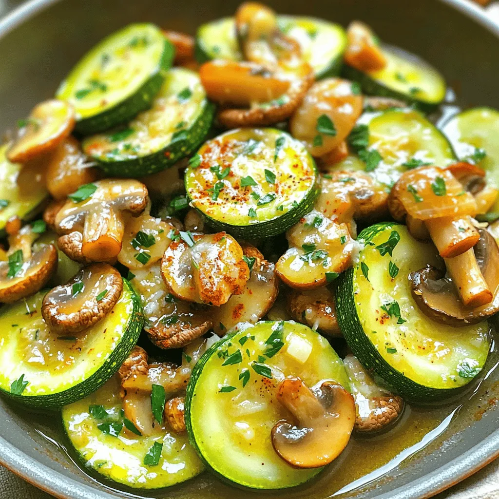 Cooking with fresh ingredients makes a big difference. Here’s what you need for this tasty dish: - 2 medium zucchinis, sliced into half-moons - 1 cup mushrooms, sliced (white or cremini) - 1 small onion, finely chopped - 2 cloves garlic, minced These main ingredients create a lovely flavor base. Zucchini adds a nice crunch, while mushrooms give a rich taste. - 2 tablespoons olive oil - 1 teaspoon dried thyme - 1 teaspoon smoked paprika - Salt and pepper to taste Olive oil helps the veggies cook evenly. Thyme and smoked paprika add depth to the dish. Don't forget to add salt and pepper for some extra flavor. - Fresh parsley, chopped (for garnish) - 1/4 cup grated Parmesan cheese (optional) Garnish with fresh parsley for color. If you want a cheesy touch, add Parmesan cheese. It melts beautifully and enhances the dish's richness. For the full recipe, check out the details above and get cooking! 1. Heat 2 tablespoons of olive oil in a large skillet over medium heat. The oil should shimmer but not smoke. 2. Add 1 small onion, finely chopped. Sauté for about 3-4 minutes. You want the onion to turn translucent and soft. 3. Next, stir in 2 cloves of minced garlic. Cook for just 30 seconds. Be careful not to let it burn, as burnt garlic can taste bitter. 4. Now, add 1 cup of sliced mushrooms to the skillet. Cook for about 5 minutes until the mushrooms start to soften. They should release some moisture and become tender. 5. It's time to mix in the main star—2 medium zucchinis sliced into half-moons. Add 1 teaspoon of dried thyme, 1 teaspoon of smoked paprika, salt, and pepper to taste. Stir everything together well. 6. Cook for an additional 7-10 minutes, stirring occasionally. The zucchinis should be tender yet still hold their shape. 7. If you like cheese, sprinkle 1/4 cup of grated Parmesan cheese over the top during the last minute of cooking. Cover the skillet briefly to let the cheese melt. 8. Remove from heat, garnish with fresh parsley, and serve warm. Delight in this simple yet flavorful dish! For the complete recipe, check the Full Recipe section. Sautéing is key for great flavor. Use medium heat to avoid burning. Heat the olive oil until it shimmers. Start with the onion and let it soften. This takes about 3-4 minutes. Next, add minced garlic for a fragrant boost. Cook it for only 30 seconds. Then, add mushrooms. Stir them for about 5 minutes until they soften. Finally, toss in the zucchini. Cook until tender, but still firm. This should take about 7-10 minutes. You can switch out veggies based on what you have. Bell peppers or spinach work great. Don’t be afraid to try new flavors. Fresh herbs like basil or oregano can add a nice twist. You can also change the spices. If you like heat, try adding red pepper flakes. This dish pairs well with proteins. Grilled chicken or fish complements the veggies nicely. You could also serve it with quinoa or rice for a full meal. For a light meal, enjoy it alongside a fresh salad. The bright flavors of the zucchini and mushrooms will shine in any meal. Check out the Full Recipe for more inspiration! {{image_2}} You can make skillet zucchini and mushrooms even better by adding bell peppers. Bell peppers add a sweet crunch that pairs well with zucchini. Try using red, yellow, or orange bell peppers for a pop of color. You can also use different types of mushrooms. Instead of white mushrooms, try cremini or shiitake. Each type brings its own unique flavor. Mixing mushrooms can create a rich taste that you will love. To add more flavor, try different herbs. Basil, oregano, or rosemary can change the taste. Fresh herbs can add brightness and depth to your dish. You can also incorporate sauces. A splash of soy sauce or balsamic vinegar can enhance the taste. These sauces add a savory or tangy note, making the dish even more exciting. If you're looking for low-carb options, substitute zucchinis with cauliflower. Cauliflower gives a similar texture while keeping carbs low. For vegan modifications, skip the Parmesan cheese. You can use nutritional yeast instead. It adds a cheesy flavor without any dairy. For the full recipe, visit [Full Recipe]. To store your skillet zucchini and mushrooms, let them cool first. Place leftovers in an airtight container. This will keep them fresh for up to three days in the fridge. Make sure to label the container with the date. This helps you track freshness. You can freeze cooked zucchini and mushrooms, but they may change texture. To freeze, cool the dish completely, then place it in a freezer-safe bag. Squeeze out as much air as possible. This helps prevent freezer burn. They can stay good for up to three months. When you're ready to eat, thaw in the fridge overnight. Reheat in the skillet over medium heat until warmed through. For easy meal prep, slice your zucchini and mushrooms ahead of time. Store them in separate containers in the fridge. This makes cooking quick and simple. You can also pre-chop onions and garlic. If you want a ready-to-cook solution, mix all ingredients in a bowl. Cover and store in the fridge for up to two days. When you're ready, just heat the skillet and cook! For the full recipe, you can refer to the earlier section. To make this dish healthier, you can start by reducing the oil. Instead of two tablespoons, try using just one. This cut helps lower the fat while still keeping flavor. You can also increase the vegetable quantity. Add more zucchini, mushrooms, or even bell peppers. This adds fiber and nutrients without extra calories. Yes, you can! Frozen vegetables can work in this recipe. However, be aware that they may not taste as fresh. The texture can also be softer than fresh veggies. If using frozen, cook them a bit longer. Make sure they are heated through and tender. You can pair Skillet Zucchini and Mushrooms with many dishes. Grilled chicken or fish makes a great main dish. For a vegetarian option, try serving it with quinoa or rice. Adding a light salad on the side can balance your meal nicely. Mix greens with a simple vinaigrette for a fresh touch. This adds color and flavor to your plate. Skillet zucchini and mushrooms are easy to make. We covered the main ingredients, like zucchini and mushrooms, along with seasonings such as thyme and paprika. I shared tips for perfect cooking and variations to keep it interesting. You can also store leftovers in the fridge or freeze them. This dish is healthy, filling, and versatile. You can pair it with many proteins or grains. Enjoy making it your own each time!