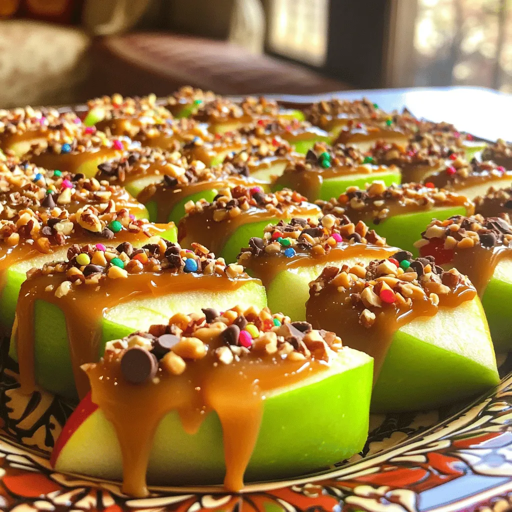 To make easy caramel apple bites, you will need: - 2 medium apples (any variety, preferably Granny Smith or Honeycrisp) - 1 cup of caramel candies - 2 tablespoons of milk or cream - 1 cup of assorted toppings (chopped nuts, mini chocolate chips, sprinkles, or crushed Oreos) - Wooden skewers or toothpicks for dipping Choose firm apples for the best bites. Granny Smith apples work well for their tartness. Honeycrisp apples offer a sweet crunch. Look for apples without bruises or soft spots. Fresh apples hold their shape better when dipped in caramel. You want them to provide a nice contrast to the sweet caramel. Accurate measuring matters in this recipe. Use a measuring cup for the caramel candies and milk. For the toppings, you can mix and match. Keep a 1-cup measure handy. This helps ensure you have enough toppings for all your bites. Feel free to adjust the amount based on your taste. To start, you need to prepare your apples. Wash them well and dry them completely. Then, cut each apple into small wedges or cubes. This makes them easy to eat. Insert a wooden skewer or toothpick into each piece. This step is important for easy handling later. Next, melt the caramel. Take a microwave-safe bowl and add your caramel candies. Pour in two tablespoons of milk or cream. This helps the caramel stay smooth. Microwave the bowl for 30 seconds. Stir the caramel each time you check. Keep doing this until it melts fully. It should be smooth and glossy. Now the fun part begins! Dip each apple piece into the warm caramel. Make sure one side gets fully coated. The warmth helps the caramel stick well. Once coated, roll or sprinkle your apple bites in the toppings you chose. Do this quickly while the caramel is still sticky. Finally, place the apple bites on a tray lined with wax paper. Let them cool for 15 to 20 minutes. This way, the caramel will set nicely. You can find the full recipe in the earlier section for more details. Sticky caramel can be a hassle. To keep it smooth, use a microwave. Heat the caramel candies with milk in short bursts. Stir in between to avoid burning. If your caramel cools too fast, it will get sticky. You can reheat it in the microwave again. Aim for a warm, smooth texture. This makes it easier to dip your apple bites. Presentation is key to making your treats pop. Start by using a clean, decorative plate. Arrange your caramel apple bites in a neat pattern. Drizzling melted caramel over them adds a nice touch. You can also scatter extra toppings around the plate. This adds color and makes it look more inviting. Use small bowls for toppings if you want to let guests choose their favorites. Toppings can make or break your caramel apple bites. For a classic feel, try chopped nuts. They add crunch and flavor. Mini chocolate chips bring sweetness and fun. Sprinkles add color and excitement. Crushed Oreos give a nice twist. Mix and match your toppings to find your favorite blend. I suggest using what you love most to make it special. Experimenting is part of the fun! For a complete guide, check out the Full Recipe. {{image_2}} You can mix things up with different flavors. Try adding a pinch of sea salt to your caramel. This will create a sweet and salty treat. Another option is to use flavored caramel, like chocolate or vanilla. You can also drizzle melted chocolate on top for a richer taste. Combine caramel and chocolate for a delicious duo! If you want a healthier option, think about using dried fruit. Chopped dates or apricots work well. They add natural sweetness and chewiness. You can also use seeds like pumpkin or sunflower for a crunch. Nut butter is another great choice. Drizzle a little peanut or almond butter for extra flavor! Seasonal toppings can make your caramel apple bites special. In fall, use crushed candy corn or pumpkin spice. For winter, add crushed peppermint or white chocolate. In spring, fresh berries can add a pop of color and flavor. In summer, sprinkle some toasted coconut or citrus zest for a tropical twist! You can find the Full Recipe to get started on these fun variations. To keep your caramel apple bites fresh, store them in an airtight container. Line the container with parchment paper to prevent sticking. Place a layer of wax paper between each layer of apple bites. This helps avoid a gooey mess. Store in a cool, dry place away from sunlight. Yes, you can freeze caramel apple bites! However, freezing changes their texture. To freeze, wrap each piece in plastic wrap. Then, place them in a freezer bag. Remove as much air as possible. This helps prevent freezer burn. When you're ready to eat them, let them thaw in the fridge. At room temperature, caramel apple bites last about 2-3 days. In the fridge, they can last up to a week. If you freeze them, they can stay good for 1-2 months. Always check for any signs of spoilage before enjoying. Yes, you can use store-bought caramel sauce. It saves time and effort. Just warm it slightly in the microwave. This will help it coat the apples better. Store-bought sauce is often smooth and creamy. It works well for dipping, just like homemade caramel. I recommend using Granny Smith or Honeycrisp apples. These apples are crisp and tart. Their flavor balances the sweetness of the caramel. You can also try Fuji or Gala apples for a sweeter taste. Make sure the apples are firm and fresh for the best results. To make caramel apple bites without added sugar, use natural sweeteners. For example, you can use dates or pureed fruit. Melt down unsweetened chocolate with coconut oil for a different coating. You can also skip the caramel and use yogurt. This creates a healthier treat without losing flavor. In this blog post, we explored how to make delicious caramel apples. We covered the essential ingredients, from selecting the best apples to measuring them correctly. The step-by-step instructions guided you through preparation and coating techniques for perfect results. We shared tips to avoid sticky caramel and ways to present your treats beautifully. You can even mix flavors or choose healthy toppings for a twist. Finally, you learned how to store your caramel apple bites. Enjoy making these sweet snacks, and share them with friends and family!