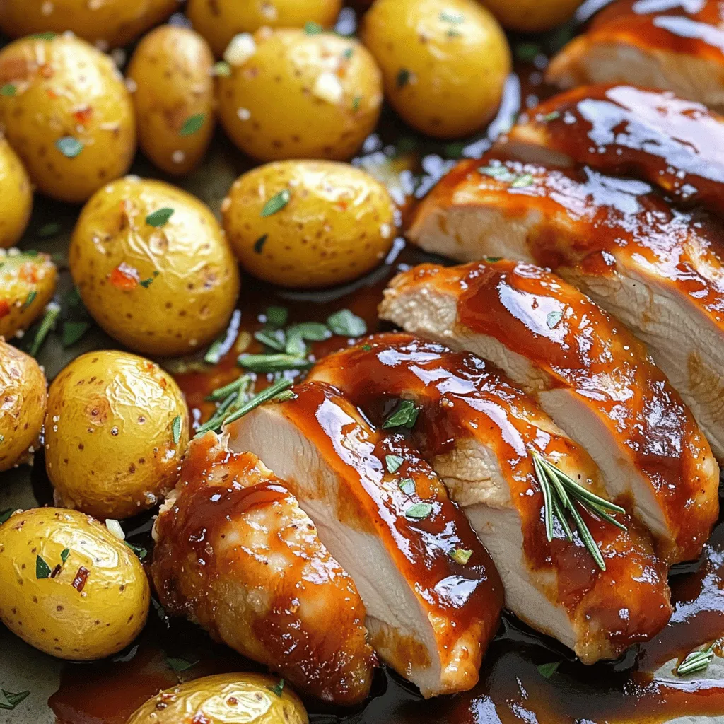 - 4 boneless, skinless chicken breasts - 1/2 cup honey - 1/4 cup BBQ sauce - 2 tablespoons soy sauce - 1 tablespoon apple cider vinegar - 1 teaspoon garlic powder - Salt and pepper, to taste - 2 tablespoons olive oil - 1.5 pounds baby potatoes, halved - 4 cloves garlic, minced - 2 tablespoons olive oil - 1 teaspoon dried rosemary - 1 teaspoon paprika - Salt and pepper, to taste The sweet and savory honey BBQ chicken pairs perfectly with garlic roasted potatoes. This dish takes about 1 hour to prepare and cook. It serves 4 people, making it ideal for a family meal. You can find the Full Recipe for step-by-step instructions and tips. First, heat your skillet over medium heat. Next, let’s prepare the marinade. In a bowl, whisk together the honey, BBQ sauce, soy sauce, apple cider vinegar, garlic powder, and a pinch of salt and pepper. This mix will add a sweet and tangy flavor to the chicken. Now, take your chicken breasts and place them in a zip-top bag or shallow dish. Pour half of the marinade over the chicken. Seal the bag or cover the dish tightly. Let it marinate in the fridge for at least 30 minutes. This step helps the chicken absorb all those great flavors. While the chicken marinates, preheat your oven to 425°F (220°C). Grab a mixing bowl and combine the halved baby potatoes with minced garlic, olive oil, dried rosemary, paprika, and some salt and pepper. Toss everything together until the potatoes are well coated with the seasoning. Spread the potatoes out on a baking sheet in a single layer. This helps them roast evenly and get that nice golden color. Now, let’s roast those potatoes! Place the baking sheet in the oven and roast for about 25-30 minutes. Make sure to flip them halfway through to ensure they cook evenly. You want them golden brown and tender. While the potatoes are roasting, heat 2 tablespoons of olive oil in your skillet. After the chicken has marinated, remove it from the bag and discard any leftover marinade. Add the chicken to the hot skillet and cook it for about 6-7 minutes per side. Keep an eye on the internal temperature; it should reach 165°F (75°C) to be safe. In the last minute of cooking, brush the remaining marinade over the chicken. This adds extra flavor and a nice glaze. Once the chicken is done, remove it from the skillet and let it rest for a few minutes before slicing. Serve the honey BBQ chicken alongside the garlic roasted potatoes for a delicious meal. Enjoy your time in the kitchen and savor each bite! For the complete recipe details, check out the Full Recipe. For the best flavor, marinate the chicken for at least 30 minutes. If you have time, let it sit for up to 2 hours. This allows the honey BBQ sauce to soak in deeply. You can also play with the marinade. Try adding a dash of hot sauce for heat, or use smoked paprika for a deeper flavor. To ensure your chicken is juicy and tender, cook it over medium heat. This helps the meat cook through without drying out. Use a meat thermometer to check the internal temp. It should reach 165°F (75°C). For perfect roasted potatoes, spread them out on the baking sheet. This allows them to brown evenly. Flip them halfway through cooking for a nice golden crust. When plating, slice the honey BBQ chicken and arrange it next to a scoop of garlic potatoes. Drizzle some extra BBQ sauce on top of the chicken for extra flavor. To add color, sprinkle fresh parsley or chives over the dish. This not only looks nice but also adds a fresh taste. For a special touch, serve with lemon wedges for extra zest. {{image_2}} You can spice up your honey BBQ chicken in fun ways. - Spicy honey BBQ option: Add chili powder or cayenne to the marinade. This gives your chicken a nice kick. Adjust the heat to suit your taste. - Herb-infused variations: Mix in fresh herbs like thyme or basil. These add a fresh flavor boost to your chicken. Just chop them fine and stir into the marinade. You can change up your garlic potatoes for more flavor. - Adding vegetables like bell peppers or onions: Toss in sliced bell peppers or onions with your potatoes. They roast well and add color and taste. - Alternative seasonings for unique flavors: Try using cumin or parmesan cheese. These can create a different flavor profile that surprises your taste buds. Pair your honey BBQ chicken and garlic potatoes with sides and drinks. - Pairing options with sides or salads: A fresh green salad or coleslaw works great. They balance the richness of the chicken and potatoes. - Beverage pairings that complement the dish: Serve with iced tea or lemonade. These refreshing drinks enhance the meal's sweetness and flavor. For the full recipe, check out the detailed instructions to bring this delightful meal to your table. To keep your honey BBQ chicken and garlic potatoes fresh, store them in the fridge. Place leftovers in an airtight container. Make sure the chicken is cool before sealing the container. This helps maintain flavor and texture. Keep the dish in the fridge for up to three days. If you want to save leftovers for later, freezing is a great option. Wrap each chicken breast in plastic wrap, then place them in a freezer bag. For the garlic potatoes, spread them in a single layer on a baking sheet to freeze first. Once frozen, transfer them to a freezer bag. This prevents them from sticking together. To reheat chicken effectively, use the oven. Preheat it to 350°F (175°C). Place the chicken in a baking dish and cover it with foil. Heat for about 20-25 minutes, or until warm. This method keeps the chicken juicy and tender. For the garlic potatoes, you can use the oven too. Spread them on a baking sheet and warm them at 350°F (175°C) for about 10-15 minutes. This helps retain their crispy texture. You can also reheat them in a skillet for a few minutes. Just add a bit of oil to help them crisp up. In the fridge, the honey BBQ chicken and garlic potatoes last for about three days. After that, the quality may drop. For freezing, the chicken stays good for up to three months. The potatoes can also be frozen for about two months. Make sure to label your containers with the date so you can keep track. You should cook chicken breasts for about 12-14 minutes. Cook them until they reach 165°F. This ensures they are safe to eat and juicy. Yes, you can use other potatoes. Yukon Gold or red potatoes work well too. They add nice flavor and texture. You can use teriyaki sauce or sweet chili sauce. Both can add a different but tasty flavor to the chicken. Yes, this recipe is great for meal prep. You can store the chicken and potatoes in airtight containers. They make tasty lunches or dinners throughout the week. Absolutely! You can marinate the chicken a day ahead. Cook the potatoes and chicken when you're ready to eat. This saves time and adds flavor. For the full recipe, check the details above. This blog shared a simple, tasty recipe for honey BBQ chicken and garlic roasted potatoes. You learned the ingredients and steps involved in preparing this dish. We explored marination tips, cooking techniques, and creative variations. With proper storage and reheating advice, you can enjoy leftovers too. I hope this inspires you to try the recipe. Cooking can be fun and rewarding, so enjoy the process and share it with others!