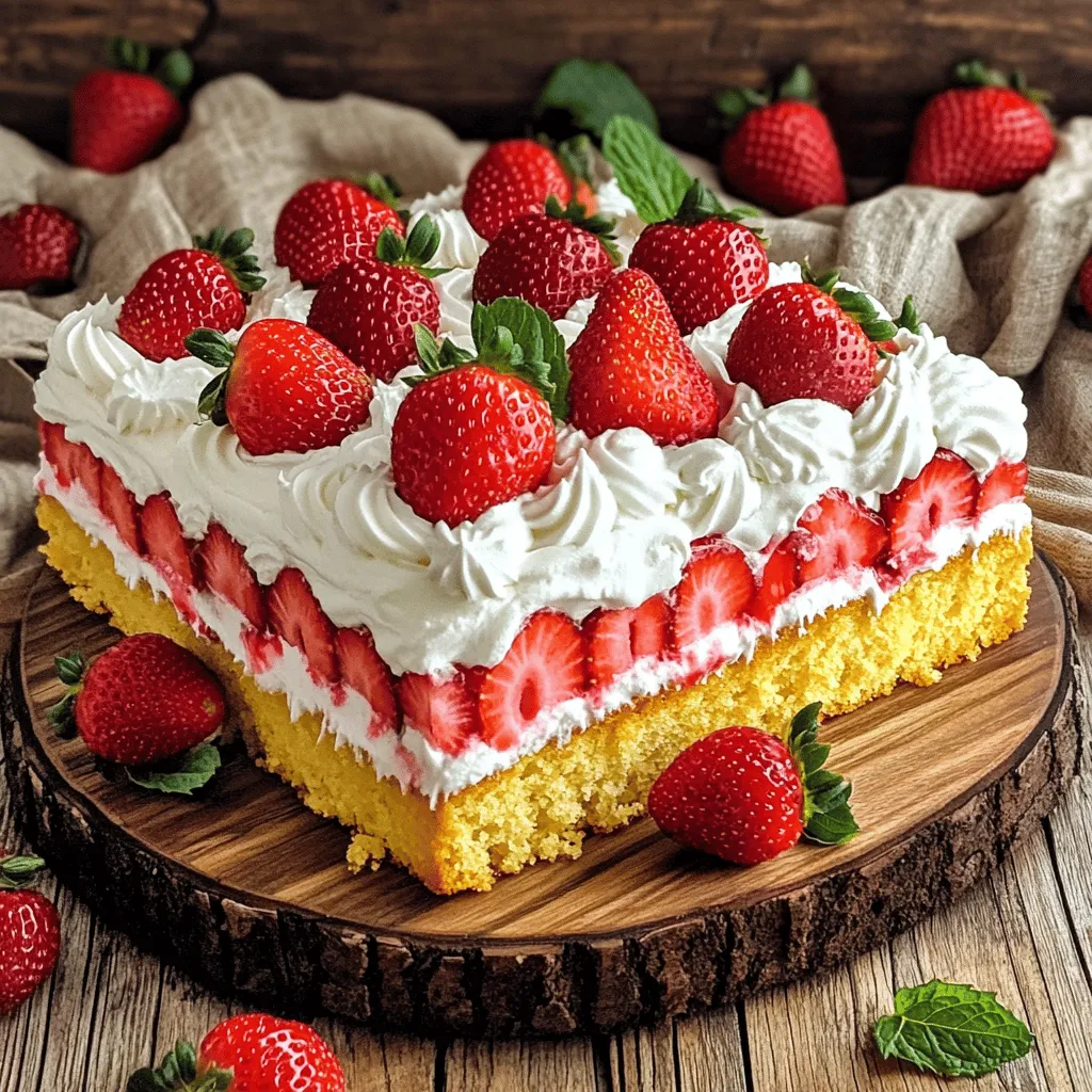 To make an Easy Strawberry Shortcake Sheet Cake, you need some simple, tasty ingredients. Here’s what you will need: - 2 cups all-purpose flour - 1 ½ cups granulated sugar - ½ cup unsalted butter, softened - 1 cup whole milk - 3 ½ teaspoons baking powder - 1 teaspoon vanilla extract - ½ teaspoon salt - 3 large eggs - 4 cups fresh strawberries, hulled and sliced - 1 cup heavy whipping cream - 2 tablespoons powdered sugar - Extra strawberries for garnish Fresh strawberries are key for this dessert. They add sweetness and flavor. I always pick ripe strawberries to ensure the best taste. Quality ingredients make a big difference in your cake. If you can, use organic strawberries and real butter for a rich flavor. If you need alternatives, don't worry! For a gluten-free cake, try using a gluten-free flour blend. For dairy-free options, you can use almond milk and coconut cream instead of heavy cream. These swaps keep your dessert delicious while meeting your dietary needs. For the full recipe, check out the full recipe section to guide you through each step of creating this delightful treat. 1. Preheat the Oven: Start by preheating your oven to 350°F (175°C). This step is key for even baking. 2. Prepare the Baking Sheet: Grease and flour a 12x17-inch baking sheet. You can also line it with parchment paper. This makes it easy to remove the cake later. 3. Mix Ingredients: In a large bowl, cream together the softened butter and granulated sugar. Use a mixer to beat until it looks light and fluffy. 4. Add Wet Ingredients: Beat in the eggs, one at a time. Then, mix in the vanilla extract and whole milk. 5. Combine Dry Ingredients: In another bowl, whisk together the flour, baking powder, and salt. Slowly add this dry mix to the wet ingredients. Mix just until combined. 6. Bake the Cake: Pour the batter into the prepared sheet. Spread it evenly. Bake for 25-30 minutes. To check if it’s done, insert a toothpick in the center. If it comes out clean, it’s ready. 7. Cool the Cake: Remove it from the oven and let it cool completely on a wire rack. This keeps the cake from becoming soggy. 1. Hulling and Slicing: To hull the strawberries, use a small knife to remove the green tops. Then, slice them into thin pieces. This makes them easy to mix into the cake. 2. Macerating for Flavor: Place the sliced strawberries in a bowl. Sprinkle with ½ cup of granulated sugar. Let them sit for about 15-20 minutes. This draws out the juices and enhances the flavor. 1. Whip the Cream: In a large mixing bowl, add the heavy whipping cream and powdered sugar. Use an electric mixer to beat until soft peaks form. This means the cream holds its shape but is still soft. 2. Flavor Variations: If you want, you can add a splash of vanilla or almond extract for more flavor. Just mix it in before you finish whipping the cream. Once everything is ready, you can assemble your cake. For the full recipe, check out the details provided earlier. Enjoy making this delightful treat! Baking a sheet cake can be simple, but mistakes happen. Here are some common ones to avoid: - Overmixing the Batter: Mix just until combined. Overmixing can make the cake tough. - Incorrect Oven Temperature: Always preheat your oven. An oven thermometer can help. - Not Greasing the Pan: A well-greased or lined pan ensures easy cake removal. To keep your cake moist and flavorful, consider these tips: - Use Fresh Ingredients: Fresh eggs and milk enhance flavor and texture. - Macerate Strawberries: Let your strawberries sit with sugar. This draws out their juices and adds flavor. - Don’t Overbake: Check your cake a few minutes early. It’s done when a toothpick comes out clean. Presenting your Easy Strawberry Shortcake Sheet Cake can be fun! Here are some ideas: - Platter Presentation: Serve on a large platter with mint leaves around the cake. This adds color and freshness. - Individual Servings: Cut into squares and place on small plates. Garnish each with a strawberry on top. For pairing beverages, here are some recommendations: - Iced Tea: A sweet iced tea complements the cake’s flavors well. - Sparkling Water: This light drink cleanses the palate and balances sweetness. - Coffee: A warm cup of coffee contrasts nicely with the cold cake. For the full recipe of this delightful treat, check out the [Full Recipe]. {{image_2}} You can change the flavor of the Easy Strawberry Shortcake Sheet Cake by using different fruits. Blueberries and peaches are great options. They add a new twist while keeping the cake light and fresh. Mix the fruits in with the batter or use them as toppings. For frosting, you can try cream cheese or chocolate instead of whipped cream. Cream cheese adds a tangy taste, while chocolate gives a rich flavor. Both options create a fun change from the original. If you want a vegan version, you can replace the eggs and milk. Use flaxseed meal or applesauce instead of eggs. Almond or soy milk works well as a substitute for whole milk. For a gluten-free option, swap the all-purpose flour with a gluten-free blend. Make sure it includes xanthan gum to help the cake hold together. If you want to cut down on sugar, try using natural sweeteners like honey or maple syrup. You can also use less sugar in the cake and the strawberries. For the full recipe of Easy Strawberry Shortcake Sheet Cake, refer to the recipe section above. To keep your Easy Strawberry Shortcake Sheet Cake fresh, you have two options: refrigeration and freezing. - Refrigeration: Place leftover cake in an airtight container. This helps keep it moist. Store it in the fridge for best results. - Freezing: If you want to save it for later, wrap the cake tightly in plastic wrap. Then, place it in a freezer-safe bag. This keeps the cake safe for about three months. To prevent sogginess, avoid adding the strawberries until you're ready to serve. Store the whipped cream separately. This way, the cake stays fluffy and fresh. In the fridge, your cake can last for about 3 to 5 days. - Signs the Cake Has Gone Bad: Look for changes in smell or texture. If the cake feels dry or hard, it’s time to toss it out. Also, check for mold. If you see any, do not eat it. For the best taste and texture, enjoy your cake within the first few days. If you need to save it longer, freezing is your best bet! Can I use frozen strawberries for this recipe? Yes, you can use frozen strawberries. Just thaw them first. Drain excess liquid to avoid sogginess. Fresh strawberries provide better flavor and texture, but frozen works in a pinch. How do I prevent the cake from sticking to the pan? To prevent sticking, grease and flour the baking sheet well. Using parchment paper is also a great option. This helps the cake slide out easily when it’s cool. Can this recipe be doubled for a larger crowd? Yes, you can double the recipe. Use two baking sheets or one larger pan. Adjust baking time as needed. Keep an eye on the cake and check for doneness with a toothpick. What can I use instead of heavy cream for whipping? You can use coconut cream or a dairy-free whipped topping. These alternatives work well, but they may have different flavors. Experiment to find what you like best. How long does the cake need to chill after assembly before serving? Chill the cake for at least one hour after assembly. This allows the flavors to meld. It also helps the whipped cream firm up, making it easier to slice. Enjoy the Full Recipe for all the details! This guide covered everything you need for an Easy Strawberry Shortcake Sheet Cake. We discussed the essential ingredients, step-by-step instructions, and tips for perfect baking. I shared variations to try and how to store leftovers properly. Remember, using fresh ingredients elevates your dish. With a little care, you can make a treat everyone loves. Enjoy your baking journey!