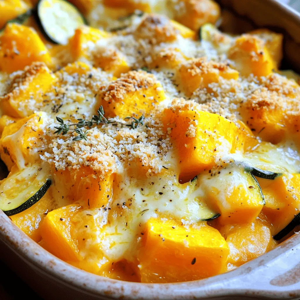 - 2 cups butternut squash, peeled and cubed - 2 cups zucchini, sliced - 1 cup yellow squash, sliced - 1 cup heavy cream - 1 cup shredded sharp cheddar cheese - 1/2 cup grated Parmesan cheese - 1 medium onion, finely chopped - 2 cloves garlic, minced - 1 teaspoon dried thyme - 1 teaspoon paprika - Salt and pepper to taste - 1 cup breadcrumbs (preferably whole wheat) - 2 tablespoons butter, melted For a rich and creamy squash casserole, use fresh, seasonal squash. The butternut squash gives a sweet base. Zucchini and yellow squash add texture and flavor. I always use heavy cream for richness. Sharp cheddar cheese brings bold flavor, while Parmesan adds a salty, nutty touch. You can adjust the spices to suit your taste. Dried thyme gives warmth, and paprika adds a slight kick. Adding salt and pepper enhances the flavors. For crunch, whole wheat breadcrumbs work best. The melted butter helps the topping turn golden brown. You can mix in other veggies like bell peppers or mushrooms. For a different flavor, try using goat cheese or feta. If you like spice, add red pepper flakes. Swap heavy cream for coconut milk for a lighter option. This casserole is packed with vitamins from the squash. It also offers protein from the cheeses. One serving has about 300 calories. It provides healthy fats from cream and cheese. Enjoying this dish gives you a good balance of nutrients while being delicious. For the complete recipe, check the section titled Full Recipe. Start by washing your squash. For this recipe, I love using butternut squash, zucchini, and yellow squash. Peel and cube two cups of butternut squash. Slice two cups of zucchini and one cup of yellow squash. Next, bring a large pot of salted water to a boil. Add the cubed butternut squash and cook for about five minutes. This helps make it tender. After that, drain the squash and set it aside. In the same pot, add the zucchini and yellow squash. Blanch them for about two minutes, then drain and set aside. Now, let’s move on to the onions and garlic. In a large skillet, melt one tablespoon of butter over medium heat. Add one finely chopped onion and sauté it for about five minutes. You want it soft and slightly see-through. Then, add two minced garlic cloves and cook for one more minute. This step fills your kitchen with a wonderful scent. In a large mixing bowl, combine the squash, sautéed onion, garlic, one cup of heavy cream, one cup of shredded sharp cheddar cheese, and half a cup of grated Parmesan cheese. Add one teaspoon of dried thyme, one teaspoon of paprika, and salt and pepper to taste. Mix everything until it’s well combined. Next, pour this mixture into your greased 9x13 inch casserole dish. Now, let's prepare the topping. In a small bowl, mix one cup of breadcrumbs with two tablespoons of melted butter. Sprinkle this breadcrumb mixture evenly over the top of the casserole. Cover the dish with aluminum foil and bake in your preheated oven at 375°F (190°C) for 25 minutes. After that, take off the foil and bake for an additional 15 to 20 minutes. You want the top to be golden brown and bubbly. Let it cool for a few minutes before digging in. Enjoy this cheesy autumn squash casserole! For the complete recipe, check out the Full Recipe. To get a great texture in your squash casserole, start with fresh vegetables. Choose firm butternut squash, zucchini, and yellow squash. Cut them into consistent sizes for even cooking. Blanch the butternut squash for five minutes and the other squash for two minutes. This step softens them but keeps them firm. When mixing, fold gently to avoid mushiness. The end result should be creamy but not watery. You will need a few tools for this recipe. A large pot helps to blanch the squash. A 9x13 inch casserole dish is perfect for baking. Use a large mixing bowl for your ingredients. A skillet is great for sautéing the onions and garlic. A spatula will help you mix everything well. A measuring cup and spoons ensure you use the right amounts. Serve your squash casserole hot from the oven. It pairs well with grilled chicken or fish. Add a fresh salad for a light side. You can also enjoy it with crusty bread. For a twist, sprinkle fresh herbs like parsley on top before serving. This adds color and fresh flavor to your dish. For the full recipe, follow the detailed instructions to make this delightful dish. {{image_2}} You can switch up the cheese for your squash casserole. Try adding mozzarella for a gooey texture. Gouda gives a nice smoky flavor. For a sharper taste, use a blue cheese or feta. Mixing cheeses can create a delightful taste and texture. Just remember to keep the total cheese amount the same, about two cups. Herbs and spices can change the flavor of your casserole. Fresh herbs like basil or parsley add brightness. If you want warmth, try cumin or nutmeg. For a spicy kick, add red pepper flakes. Experiment with what you love! Just a teaspoon or two can make a big difference. You can easily make this casserole gluten-free. Use gluten-free breadcrumbs instead of regular ones. For a dairy-free option, swap heavy cream with coconut milk. Nutritional yeast can replace cheese for extra flavor. These changes keep your dish tasty while meeting dietary needs. You won’t lose the creamy, hearty feel of the casserole. Try these variations to find your favorite twist on this savory squash casserole. Enjoy the process of making it your own! Don't forget to check the Full Recipe for step-by-step instructions. To store leftovers of your savory squash casserole, let it cool first. Place the casserole in an airtight container. This keeps it fresh. You can store it in the fridge for up to three days. For best results, cover it tightly to avoid drying out. When you’re ready to enjoy your leftovers, preheat your oven to 350°F (175°C). Place the casserole in an oven-safe dish. Cover it with foil to keep moisture in. Heat for about 20 minutes or until warm. You can also microwave it for quick reheating. Just use a microwave-safe bowl and heat in one-minute intervals. If you want to freeze your casserole, prepare it without baking first. Wrap the dish tightly with plastic wrap and then with foil. This helps to prevent freezer burn. You can freeze it for up to three months. When you’re ready to bake, thaw it overnight in the fridge and then bake as directed in the Full Recipe. Yes, you can prepare Squash Casserole in advance. Just assemble it and cover it tightly. Store it in the fridge for up to 24 hours. When ready to bake, let it sit at room temperature for about 30 minutes. This helps it cook evenly. Butternut squash, zucchini, and yellow squash work best for this recipe. They blend well together, creating a creamy texture. You can mix in other squash types too. Just make sure they are firm and fresh. Squash Casserole can last about 3 to 5 days in the fridge. Make sure it is in an airtight container. This helps keep it fresh and tasty for your next meal. You can serve Squash Casserole with a simple green salad or roasted meat. It pairs well with grilled chicken or pork chops too. For a vegetarian option, serve it with quinoa or brown rice. You can find the Full Recipe for Cheesy Autumn Squash Casserole above. It includes all the steps to create this delicious dish. Enjoy cooking! You now have everything you need to make a delicious Squash Casserole. We covered key ingredients, helpful tips, and even ways to customize the dish. Remember, this casserole is not just tasty; it’s also versatile. Whether you stick to the recipe or try variations, it can fit any meal. I hope you feel inspired to create it in your kitchen. Enjoy every bite and the smiles it brings!