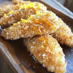 - Chicken tenders and their role in the recipe Chicken tenders are the star of this dish. They are tender, juicy, and cook quickly. Their smaller size makes them perfect for frying. Using fresh or thawed chicken tenders gives the best results. - Seasonings and marinades The marinade adds flavor. You need honey, lemon juice, lemon zest, garlic powder, onion powder, salt, and pepper. Honey gives a touch of sweetness. Lemon adds a fresh zing. Garlic and onion powder enhance the taste and keep it savory. - Types of breading ingredients For the breading, you will need panko breadcrumbs and all-purpose flour. The panko breadcrumbs create a crunchy texture. The flour helps the breadcrumbs stick to the chicken. Use two eggs to create a wet mix for coating the chicken. For the full recipe, check out the Crunchy Honey-Lemon Chicken Tenders. Marinating the chicken Start by mixing honey, lemon juice, lemon zest, garlic powder, onion powder, salt, and pepper in a bowl. This mix gives the chicken a bright and tasty flavor. Add the chicken tenders to the bowl, ensuring they are well-coated. Let the chicken marinate for at least 30 minutes. For more flavor, you can marinate it for up to 2 hours in the fridge. Setting up the breading station Next, prepare your breading station. Use three shallow dishes. In the first dish, add all-purpose flour with a pinch of salt and pepper. In the second dish, beat the eggs until they are smooth. In the third dish, pour in the panko breadcrumbs. This setup makes the breading process easy and efficient. Steps for breading chicken tenders Remove the marinated chicken from the bowl. Let the excess marinade drip off. First, dredge each tender in the flour, shaking off the extra. Then, dip it into the beaten eggs, ensuring it is fully coated. Finally, roll the chicken tender in the panko breadcrumbs. Press gently to help the crumbs stick well. This gives your chicken tenders a crunchy outside. Heating the oil properly Heat a large skillet over medium heat. Add a good amount of vegetable oil (or use cooking spray for a lighter option). Allow the oil to heat until it shimmers but does not smoke. This is important for achieving that crispy texture. Frying techniques for crispy tenders Carefully add the breaded chicken tenders to the hot oil. Fry them in batches, making sure not to overcrowd the pan. This helps them cook evenly. Fry each side for about 3-4 minutes. Look for a golden-brown color to know they are ready. Checking doneness for safety To ensure the chicken is safe to eat, check the internal temperature. It should reach 165°F (75°C). Once cooked, take the chicken tenders out and place them on a paper towel-lined plate. This will drain any extra oil. Now your chicken tenders are ready to serve! You can drizzle them with some leftover honey-lemon marinade for extra flavor. To get ultra-crispy chicken tenders, follow these tips. First, use panko breadcrumbs. They are light and airy, making your tenders crunchy. Next, control the oil temperature. Heat it to medium but do not let it smoke. This step ensures even cooking. Lastly, give your chicken enough marinating time. A minimum of 30 minutes helps the flavors soak in. You can marinate for up to 2 hours for even better results. Avoid overcrowding the pan when you fry your chicken. If you add too many tenders at once, they will steam instead of fry. This makes them soggy instead of crispy. Do not skip the breading steps either. Each layer adds flavor and crunch. Finally, use the marinade well. It adds moisture and flavor to your chicken. Make sure to coat your chicken well before breading. These tips will help you create the perfect chicken tenders every time! {{image_2}} You can change up the flavor of your chicken tenders easily. Try adding different seasoning blends. For a spicy kick, use cayenne pepper or chili powder. If you prefer herbs, mix in dried oregano or thyme. These small changes can make a big difference. For the breading, consider gluten-free options. Instead of all-purpose flour, use almond flour or a gluten-free mix. This makes the dish safe for those with gluten sensitivities. You can also try crushed cornflakes or ground nuts for unique textures and flavors. You can cook chicken tenders in various ways. Baking is a healthier choice. Preheat your oven to 400°F (200°C). Place the breaded tenders on a baking sheet and spray with cooking spray. Bake for about 20 minutes or until golden and cooked through. Frying gives a crispy outer layer. Use a deep skillet with oil heated to 350°F (175°C). Fry in batches so the oil stays hot. This method yields a crunchy, satisfying bite. For a modern twist, try air frying. It uses hot air to cook the food. Place the breaded tenders in the air fryer basket. Cook at 400°F (200°C) for about 10-12 minutes. You’ll get a crispy finish with less oil. Experimenting with these methods and flavors can make your chicken tenders truly unique. Check the Full Recipe for more tips! To keep your chicken tenders fresh, let them cool first. Place them in a shallow container. This helps air circulate and keeps them crispy. You can use glass or plastic containers with lids. Always store in the fridge. They stay good for about three days. Reheating chicken tenders can be tricky. You want them crispy, not soggy. The best way to reheat them is in an oven. Preheat your oven to 375°F (190°C). Place the chicken on a baking sheet. Bake for about 10 to 15 minutes. This keeps the outside crunchy. If you use a microwave, the tenders may get soft. So, avoid that if possible. Enjoy your chicken tenders just like they were fresh! How to make chicken tenders from scratch? To make chicken tenders from scratch, start with fresh chicken. Use 1 pound of chicken tenders. Marinate them in a mix of honey, lemon juice, lemon zest, garlic powder, onion powder, salt, and pepper. Let them sit for at least 30 minutes. Next, set up a breading station with flour, beaten eggs, and panko breadcrumbs. Coat each tender in flour, then egg, and finally panko. Fry in hot oil until golden brown. What is the best way to freeze chicken tenders? To freeze chicken tenders, let them cool completely after cooking. Place them in a single layer on a baking sheet. Freeze them for about one hour until solid. Then, transfer the frozen tenders to a freezer bag. Remove as much air as possible before sealing. This method helps keep them crispy. Can I use different cuts of chicken for this recipe? Yes, you can use different cuts of chicken. Chicken breasts or thighs work well too. Just cut them into strips for even cooking. Ensure the pieces are about the same size for the best results. Calories and macronutrient breakdown of chicken tenders One serving of chicken tenders has about 300 calories. It contains 16 grams of protein, 15 grams of fat, and 30 grams of carbs. The exact values may vary based on the cooking method and ingredients used. Healthier sides to serve with chicken tenders For healthier sides, consider fresh veggies like carrot sticks or cucumber slices. You can also serve a simple salad or baked sweet potato fries. These options add nutrition and color to your meal. Suggested stores for fresh chicken tenders You can find fresh chicken tenders at most grocery stores. Look at places like Walmart, Kroger, or Whole Foods. Local butcher shops often have high-quality chicken as well. Online options for specialty ingredients If you need specialty items like panko breadcrumbs or specific spices, check online stores. Amazon or specialty food websites offer a wide range of options. They often deliver right to your door, making it easy to cook! In this article, we explored how to create delicious chicken tenders. We reviewed key ingredients, from chicken to marinades. We detailed preparation steps, frying techniques, and tips for perfect texture. I also highlighted common mistakes and variations for flavor and cooking methods. Chicken tenders can be easily customized to fit your taste. Follow these steps, and you'll enjoy crispy, tasty tenders every time. Enjoy cooking and savor every bite!