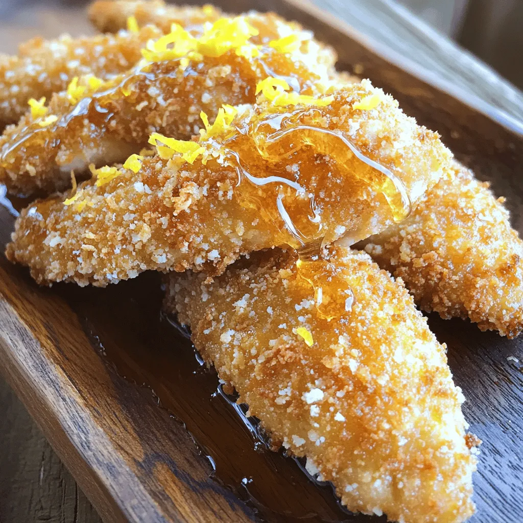 - Chicken tenders and their role in the recipe Chicken tenders are the star of this dish. They are tender, juicy, and cook quickly. Their smaller size makes them perfect for frying. Using fresh or thawed chicken tenders gives the best results. - Seasonings and marinades The marinade adds flavor. You need honey, lemon juice, lemon zest, garlic powder, onion powder, salt, and pepper. Honey gives a touch of sweetness. Lemon adds a fresh zing. Garlic and onion powder enhance the taste and keep it savory. - Types of breading ingredients For the breading, you will need panko breadcrumbs and all-purpose flour. The panko breadcrumbs create a crunchy texture. The flour helps the breadcrumbs stick to the chicken. Use two eggs to create a wet mix for coating the chicken. For the full recipe, check out the Crunchy Honey-Lemon Chicken Tenders. Marinating the chicken Start by mixing honey, lemon juice, lemon zest, garlic powder, onion powder, salt, and pepper in a bowl. This mix gives the chicken a bright and tasty flavor. Add the chicken tenders to the bowl, ensuring they are well-coated. Let the chicken marinate for at least 30 minutes. For more flavor, you can marinate it for up to 2 hours in the fridge. Setting up the breading station Next, prepare your breading station. Use three shallow dishes. In the first dish, add all-purpose flour with a pinch of salt and pepper. In the second dish, beat the eggs until they are smooth. In the third dish, pour in the panko breadcrumbs. This setup makes the breading process easy and efficient. Steps for breading chicken tenders Remove the marinated chicken from the bowl. Let the excess marinade drip off. First, dredge each tender in the flour, shaking off the extra. Then, dip it into the beaten eggs, ensuring it is fully coated. Finally, roll the chicken tender in the panko breadcrumbs. Press gently to help the crumbs stick well. This gives your chicken tenders a crunchy outside. Heating the oil properly Heat a large skillet over medium heat. Add a good amount of vegetable oil (or use cooking spray for a lighter option). Allow the oil to heat until it shimmers but does not smoke. This is important for achieving that crispy texture. Frying techniques for crispy tenders Carefully add the breaded chicken tenders to the hot oil. Fry them in batches, making sure not to overcrowd the pan. This helps them cook evenly. Fry each side for about 3-4 minutes. Look for a golden-brown color to know they are ready. Checking doneness for safety To ensure the chicken is safe to eat, check the internal temperature. It should reach 165°F (75°C). Once cooked, take the chicken tenders out and place them on a paper towel-lined plate. This will drain any extra oil. Now your chicken tenders are ready to serve! You can drizzle them with some leftover honey-lemon marinade for extra flavor. To get ultra-crispy chicken tenders, follow these tips. First, use panko breadcrumbs. They are light and airy, making your tenders crunchy. Next, control the oil temperature. Heat it to medium but do not let it smoke. This step ensures even cooking. Lastly, give your chicken enough marinating time. A minimum of 30 minutes helps the flavors soak in. You can marinate for up to 2 hours for even better results. Avoid overcrowding the pan when you fry your chicken. If you add too many tenders at once, they will steam instead of fry. This makes them soggy instead of crispy. Do not skip the breading steps either. Each layer adds flavor and crunch. Finally, use the marinade well. It adds moisture and flavor to your chicken. Make sure to coat your chicken well before breading. These tips will help you create the perfect chicken tenders every time! {{image_2}} You can change up the flavor of your chicken tenders easily. Try adding different seasoning blends. For a spicy kick, use cayenne pepper or chili powder. If you prefer herbs, mix in dried oregano or thyme. These small changes can make a big difference. For the breading, consider gluten-free options. Instead of all-purpose flour, use almond flour or a gluten-free mix. This makes the dish safe for those with gluten sensitivities. You can also try crushed cornflakes or ground nuts for unique textures and flavors. You can cook chicken tenders in various ways. Baking is a healthier choice. Preheat your oven to 400°F (200°C). Place the breaded tenders on a baking sheet and spray with cooking spray. Bake for about 20 minutes or until golden and cooked through. Frying gives a crispy outer layer. Use a deep skillet with oil heated to 350°F (175°C). Fry in batches so the oil stays hot. This method yields a crunchy, satisfying bite. For a modern twist, try air frying. It uses hot air to cook the food. Place the breaded tenders in the air fryer basket. Cook at 400°F (200°C) for about 10-12 minutes. You’ll get a crispy finish with less oil. Experimenting with these methods and flavors can make your chicken tenders truly unique. Check the Full Recipe for more tips! To keep your chicken tenders fresh, let them cool first. Place them in a shallow container. This helps air circulate and keeps them crispy. You can use glass or plastic containers with lids. Always store in the fridge. They stay good for about three days. Reheating chicken tenders can be tricky. You want them crispy, not soggy. The best way to reheat them is in an oven. Preheat your oven to 375°F (190°C). Place the chicken on a baking sheet. Bake for about 10 to 15 minutes. This keeps the outside crunchy. If you use a microwave, the tenders may get soft. So, avoid that if possible. Enjoy your chicken tenders just like they were fresh! How to make chicken tenders from scratch? To make chicken tenders from scratch, start with fresh chicken. Use 1 pound of chicken tenders. Marinate them in a mix of honey, lemon juice, lemon zest, garlic powder, onion powder, salt, and pepper. Let them sit for at least 30 minutes. Next, set up a breading station with flour, beaten eggs, and panko breadcrumbs. Coat each tender in flour, then egg, and finally panko. Fry in hot oil until golden brown. What is the best way to freeze chicken tenders? To freeze chicken tenders, let them cool completely after cooking. Place them in a single layer on a baking sheet. Freeze them for about one hour until solid. Then, transfer the frozen tenders to a freezer bag. Remove as much air as possible before sealing. This method helps keep them crispy. Can I use different cuts of chicken for this recipe? Yes, you can use different cuts of chicken. Chicken breasts or thighs work well too. Just cut them into strips for even cooking. Ensure the pieces are about the same size for the best results. Calories and macronutrient breakdown of chicken tenders One serving of chicken tenders has about 300 calories. It contains 16 grams of protein, 15 grams of fat, and 30 grams of carbs. The exact values may vary based on the cooking method and ingredients used. Healthier sides to serve with chicken tenders For healthier sides, consider fresh veggies like carrot sticks or cucumber slices. You can also serve a simple salad or baked sweet potato fries. These options add nutrition and color to your meal. Suggested stores for fresh chicken tenders You can find fresh chicken tenders at most grocery stores. Look at places like Walmart, Kroger, or Whole Foods. Local butcher shops often have high-quality chicken as well. Online options for specialty ingredients If you need specialty items like panko breadcrumbs or specific spices, check online stores. Amazon or specialty food websites offer a wide range of options. They often deliver right to your door, making it easy to cook! In this article, we explored how to create delicious chicken tenders. We reviewed key ingredients, from chicken to marinades. We detailed preparation steps, frying techniques, and tips for perfect texture. I also highlighted common mistakes and variations for flavor and cooking methods. Chicken tenders can be easily customized to fit your taste. Follow these steps, and you'll enjoy crispy, tasty tenders every time. Enjoy cooking and savor every bite!