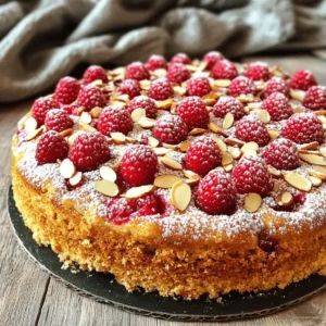 To make a delicious raspberry almond cake, gather these key ingredients: - 1 cup all-purpose flour - 1/2 cup almond flour - 1 teaspoon baking powder - 1/4 teaspoon salt - 1/2 cup unsalted butter, softened - 3/4 cup granulated sugar - 2 large eggs - 1 teaspoon vanilla extract - 1/2 cup milk - 1 cup fresh raspberries (plus extra for garnish) - 1/4 cup sliced almonds - Powdered sugar for dusting (optional) Each ingredient plays a role in making the cake moist and flavorful. The almond flour gives a nutty taste, while raspberries add tartness and color. You can add fun twists to your cake with these optional ingredients: - Lemon zest for a citrus kick - Yogurt instead of milk for extra creaminess - Chopped chocolate or white chocolate for sweetness These options let you customize the flavor and texture to fit your taste. Here are some important notes about the ingredients: - If you don’t have almond flour, you can use more all-purpose flour. - Use room temperature eggs and butter for the best mix. - For a dairy-free version, swap butter for coconut oil and milk for almond milk. These tips help ensure your cake turns out amazing, no matter your ingredient choices. For the complete recipe, check out the Full Recipe section. Start by preheating your oven to 350°F (175°C). Grease an 8-inch round cake pan. This will help the cake come out easily. In a medium bowl, mix the all-purpose flour, almond flour, baking powder, and salt. Use a whisk to combine them well. Set this bowl aside for now. In a large mixing bowl, cream together the softened butter and sugar. You can use an electric mixer or a whisk. Mix until it feels light and fluffy. Then, add the eggs one at a time. Make sure to mix well after each egg. Next, stir in the vanilla extract. Now, it’s time to combine the wet and dry ingredients. Gradually add the dry flour mix to the butter mix. Alternate this with the milk. Start and end with the dry mix. Mix just until everything is combined. Gently fold in the fresh raspberries. Be careful not to crush them. This keeps their shape. Now, pour the cake batter into the prepared pan. Use a spatula to smooth the top. Finally, sprinkle the sliced almonds on top. Place the cake in the preheated oven. Bake for 30 to 35 minutes. Check if it is done by inserting a toothpick in the center. If it comes out clean, the cake is ready. Once the cake is done, let it cool in the pan for about 10 minutes. After that, carefully turn it out onto a wire rack. Allow it to cool completely. If you want, dust the top with powdered sugar. You can also add extra raspberries for a pretty touch. Enjoy your Raspberry Almond Delight Cake! For the full recipe, refer to the earlier sections. Baking can be tricky. One mistake is overmixing your batter. Mix just until combined. Another mistake is not measuring flour correctly. Use a scale for best results. Always check your oven temperature. An oven that is too hot can burn the cake. Make sure you use fresh ingredients, especially the raspberries. To get a soft and moist cake, use room temperature butter and eggs. Cream the butter and sugar well. It should be light and fluffy. When adding flour, do it slowly. Alternate with milk for a better mix. Gently fold in the raspberries to keep them whole. This helps the cake stay light. Store leftover cake in an airtight container. It stays fresh for about three days at room temperature. If you want it to last longer, freeze the cake. Wrap it tightly in plastic wrap and then in foil. It can last up to three months in the freezer. Thaw it in the fridge overnight when ready to enjoy. For even more details, check out the Full Recipe. {{image_2}} You can make a tasty gluten-free version of this cake. Use gluten-free flour instead of all-purpose flour. You can find good blends in stores. They work well with cakes. Almond flour adds a nice texture and flavor. This cake will still be moist and fluffy. Just follow the same steps in the Full Recipe. To create a vegan version, swap out the eggs and butter. Use flax eggs instead. Combine one tablespoon of flaxseed meal with three tablespoons of water. Let it sit for a few minutes. For butter, use a plant-based alternative. Many brands now offer great vegan butters. The cake will still rise and taste wonderful! You can boost the flavors in your cake. Adding citrus zest is a great idea. Lemon or orange zest will brighten up the taste. You can also use different extracts. Try almond extract for a stronger nutty flavor. Or add a touch of raspberry extract for more fruitiness. These small changes can make your cake even more exciting! After baking, let your Raspberry Almond Cake cool completely. This step is key. Once cool, wrap the cake tightly in plastic wrap. This keeps it moist and fresh. Store the cake at room temperature if you plan to eat it within a few days. A cool, dry place works best. You can also place it in an airtight container to protect it from air and dust. If you want to save your cake for later, freezing is perfect. Slice the cake into pieces first. Wrap each slice in plastic wrap. Then, place them in a freezer-safe bag or container. Be sure to label it with the date. The cake can last up to three months in the freezer. When ready to enjoy, simply thaw it in the fridge overnight. When stored properly, your Raspberry Almond Cake lasts about three days at room temperature. If you keep it in the fridge, it can last up to a week. Freezing extends its life to three months. Just remember, the fresher the cake, the better it tastes! Yes, you can use frozen raspberries. They work well in this cake. Just remember to thaw and drain them first. This helps keep the batter from getting too wet. To make this cake dairy-free, swap the butter for a dairy-free spread. You can also use almond milk or coconut milk instead of regular milk. These changes give you a delicious cake without dairy. This cake pairs well with many things. You can serve it with a scoop of vanilla ice cream. A dollop of whipped cream also works great. Fresh berries on the side add color and flavor. If you use a bigger pan, the cake will bake faster. Check for doneness at 5-minute intervals. For a smaller pan, it may take longer. Always use a toothpick to test if it’s done. For the full recipe, check the earlier section. You'll find all the steps and tips to create this delightful cake. This blog covered how to make a delightful Raspberry Almond Cake. We explored key ingredients, preparation steps, and baking tips. You learned about variations, including gluten-free and vegan options. We also discussed best practices for storing the cake and answered common questions. Now, it's your turn to bake! Enjoy trying out different flavors and techniques. The joy of baking lies in experimenting. Happy baking!