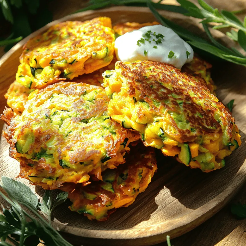 For crispy and flavorful zucchini and sweet potato fritters, you need a few key items. Here’s your ingredient list: - 1 medium zucchini, grated - 1 medium sweet potato, peeled and grated - 1/2 cup all-purpose flour (or gluten-free flour) - 1 large egg - 1/4 cup grated Parmesan cheese (optional) - 2 green onions, finely chopped - 1 clove garlic, minced - 1 teaspoon cumin powder - 1/2 teaspoon paprika - Salt and pepper to taste - Olive oil for frying 1. Zucchini and sweet potato: These are the stars of your fritters. Grating helps release moisture and create a better texture. 2. Pantry staples: Items like flour, egg, and spices are essential for binding and flavor. 3. Optional add-ins: Feel free to add ingredients like cheese or herbs for extra flavor. You can find the full recipe for these delicious fritters in the Zucchini & Sweet Potato Fritters section. Enjoy crafting these tasty bites! Start with preparing your vegetables. Grate the zucchini and sweet potato using a box grater. This gives a fine texture for the fritters. Place the grated veggies in a clean kitchen towel. Twist the towel tightly and squeeze out as much moisture as you can. Removing excess moisture is key to making crispy fritters. If you skip this step, your fritters might be soggy. Next, grab a large mixing bowl. Combine the drained zucchini and sweet potato with the flour, egg, and optional Parmesan cheese. Add finely chopped green onions, minced garlic, cumin, paprika, salt, and pepper. Mixing well is important to coat all the veggies with flour. The egg acts as a binder, holding the fritters together. Now, heat a non-stick skillet over medium heat. Add a tablespoon of olive oil to the skillet. Once the oil is hot, scoop about 2 tablespoons of the fritter mixture into the pan. Flatten it slightly with a spatula to form a nice pancake shape. Remember not to overcrowd the skillet. Cook for 4-5 minutes until golden brown, then flip and cook for another 4-5 minutes. When done, remove the fritters and place them on a paper towel-lined plate. This helps absorb extra oil. Repeat with the remaining mixture, adding more oil as needed. Enjoy your crispy and flavorful fritters! For the complete recipe, check out the Full Recipe. To make your fritters crispy, remove all moisture from the zucchini and sweet potato. This step is key. If you skip it, your fritters will be soggy. After grating, place the veggies in a clean kitchen towel. Squeeze tightly to drain excess liquid. Next, frying temperature matters. Heat your skillet to medium. If it’s too low, the fritters will absorb oil. If too high, they might burn. A good rule is to test with a small amount of batter. If it bubbles and sizzles, you’re ready to go! Dips can elevate your fritters! I love serving them with yogurt or a tangy sauce. A garlic aioli or spicy salsa also works well. These dips enhance the dish's flavor and add a fun twist. Pair fritters with light salads or roasted vegetables. A fresh arugula salad or steamed broccoli complements the fritters nicely. It adds color and balances the meal. Want to spice things up? Try adding herbs like parsley or cilantro. They bring freshness and depth to your fritters. You can also play with spices like chili powder or garlic powder for added heat. Cheese choices can change the taste too. If you prefer a different flavor, try feta or cheddar. These cheeses add richness and a delightful contrast to the sweet potato and zucchini. Experimenting with flavors makes cooking fun! For the full recipe, check out the [Full Recipe]. {{image_2}} You can easily change the taste of your fritters by adding different vegetables. Try grated carrots, spinach, or bell peppers for a fun twist. Each veggie brings its own flavor, making the fritters unique. You can also incorporate proteins into the mix. Adding cooked and crumbled bacon or diced chicken boosts protein and flavor. For a vegetarian option, try adding cooked lentils or chickpeas. If you need gluten-free fritters, simply swap the all-purpose flour for gluten-free flour. This keeps the fritters tasty while meeting your needs. If you prefer a vegan option, replace the egg with a flaxseed meal or unsweetened applesauce. Mix one tablespoon of flaxseed meal with three tablespoons of water. Let it sit for about five minutes until it thickens. This acts as a great binder. Using seasonal produce can make your fritters even fresher. In summer, add fresh corn or diced tomatoes. In the fall, add spices like nutmeg or seasonal squash. You can also tailor your fritters to holiday themes. For Halloween, try adding shredded carrots for a spooky look. During Thanksgiving, add herbs like sage or thyme for a festive touch. For the complete recipe, check out the [Full Recipe]. To keep your zucchini and sweet potato fritters fresh, store leftovers in the fridge. Place them in an airtight container. This helps prevent them from drying out. They can last up to three days in the fridge. When you're ready to eat, reheat them in a skillet over medium heat. This method keeps them crispy. You can also use a microwave, but this may make them soft. If you want to save fritters for later, freezing is a smart choice. First, let them cool completely. Then, lay them flat on a baking sheet. Freeze until solid, about one to two hours. After that, transfer them to a freezer bag or container. They can last up to three months in the freezer. To thaw, simply leave them in the fridge overnight. For a quick option, you can microwave them for a few minutes. To maintain the texture and flavor of your fritters, follow these tips: - Always remove excess moisture before cooking. This helps them stay crispy. - Store fritters in a single layer to avoid sticking. - For the best taste, eat them within a few days of cooking. - If you freeze them, label the bag with the date you made them. This keeps track of freshness. For the full recipe, check out the details in the earlier sections. Enjoy your cooking! Can I make these fritters ahead of time? Yes, you can prepare the fritter mixture ahead. Store it in the fridge for up to 24 hours. When ready to cook, just heat your skillet and fry the fritters as usual. This makes meal prep easy and quick. How can I ensure my fritters don’t fall apart? To keep your fritters intact, remove as much moisture as you can from the zucchini and sweet potato. Use a clean kitchen towel to squeeze out the liquid. Also, make sure to mix the batter well and let it rest for a few minutes. This helps bind the ingredients together. Caloric content and serving size Each fritter contains about 100 calories, depending on the size. A serving is typically 2-3 fritters, making this a tasty snack or side dish without too many calories. Health benefits of ingredients Zucchini is low in calories and high in vitamins. It adds fiber to your diet. Sweet potatoes are rich in beta-carotene, which helps with vision and skin health. Eggs provide protein and healthy fats. Together, these ingredients make a nutritious dish. Baking vs frying Frying gives a crispy texture, but baking is a healthier choice. To bake, preheat the oven to 400°F (200°C). Place the fritters on a lined baking sheet and bake for 20-25 minutes. Flip halfway for even cooking. Air fryer instructions for a healthier option Using an air fryer is simple. Preheat it to 375°F (190°C). Arrange fritters in a single layer, and cook for about 10-12 minutes. Shake the basket halfway to ensure even browning. This method uses less oil and still gives a nice crunch. For the full recipe, check out the Zucchini & Sweet Potato Fritters section! In this post, we explored zucchini and sweet potato fritters. We covered the key ingredients, preparation steps, and cooking techniques. You learned tips for crispy fritters and ideas for serving. We discussed variations and ways to store them. These fritters are versatile and delicious. Experiment with flavors to find your favorite. Enjoy your cooking and the tasty results!