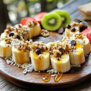 To make banana sushi, you’ll need a few simple items. Here’s what you need: - 2 ripe bananas - 1/2 cup nut butter (almond or peanut butter) - 1/2 cup cooked quinoa (optional) - 1/4 cup shredded coconut (unsweetened) - 1/4 cup dark chocolate chips - 1/4 cup chopped nuts (walnuts or pecans) - Honey or maple syrup (optional) - Sliced strawberries or kiwi (optional) These ingredients create a fun and tasty snack. The bananas serve as the base, while the nut butter adds creaminess. You can use cooked quinoa for a nice crunch. The coconut, chocolate chips, and nuts add flavor and texture. If you want a little sweetness, drizzle honey or maple syrup on top. Lastly, fresh fruit like strawberries or kiwi adds color and taste. With these ingredients, you can make a delightful banana sushi that everyone will love. You can find the Full Recipe for step-by-step instructions. To make banana sushi, follow these simple steps. They are easy and fun! - Peel the bananas and prepare the workstation. Start by peeling your ripe bananas. Place them on a clean cutting board. Make sure you have all your ingredients ready. - Spread nut butter evenly on each banana. Grab a knife and scoop out some nut butter. Spread it all over the banana. Cover every inch. This helps the toppings stick well. - Add cooked quinoa, if desired, and press in gently. If you want some crunch, sprinkle cooked quinoa on the nut butter. Press it in lightly. This adds texture and makes your sushi unique. - Sprinkle shredded coconut, dark chocolate chips, and chopped nuts. Next, add shredded coconut. Then, sprinkle dark chocolate chips and chopped nuts over the banana. Spread them evenly for a balanced flavor in every bite. - Slice bananas into bite-sized pieces and arrange on a plate. Use a sharp knife to cut the banana into small pieces. Aim for about one inch thick. Place the pieces on a serving plate in a fun pattern. - Drizzle with honey or maple syrup and add garnish. If you like a bit of sweetness, drizzle honey or maple syrup over the top. Finally, add some sliced strawberries or kiwi for a colorful touch. You can find the complete recipe in the [Full Recipe]. Enjoy making this delightful snack! Banana sushi pairs well with fresh fruits. Try sliced strawberries or kiwi for a burst of flavor. A drizzle of honey or maple syrup adds sweetness. For a crunchy touch, serve with nuts. You can also add a scoop of yogurt for a fun dip. Plating is key to impressing guests. Arrange banana sushi pieces in a circle. Add a few berries in the center for color. Use a drizzle of sauce on the plate for a gourmet touch. You can prepare banana sushi in advance. Spread the nut butter on bananas and add toppings. Wrap each piece in plastic wrap to keep fresh. Place them in the fridge until ready to serve. For the best taste, eat within 24 hours. Bananas can brown quickly, so make them close to serving time. You don’t need many tools to make banana sushi. A sharp knife is essential for slicing. You’ll also need a cutting board for easy prep. A spatula helps spread nut butter evenly. If you like, use a small bowl for toppings. This makes it easy to access everything you need while you work. You can find the Full Recipe for banana sushi included above. {{image_2}} You can swap nut butter to fit your needs. Try sunflower seed butter for nut-free diets. If you want something different, use tahini or coconut butter. The toppings can also change. Add seeds like chia or hemp for crunch. Dried fruits like cranberries or raisins add sweetness. Get creative with flavors! Mix cinnamon or cocoa powder into the nut butter. This adds a nice twist. In summer, use fresh berries as toppings. In fall, try pumpkin spice for a seasonal touch. Each bite can feel new and exciting. You can make banana sushi vegan by using maple syrup instead of honey. For gluten-free, ensure your toppings are safe. If you want a healthier treat, use less nut butter or skip the chocolate chips. You can enjoy a tasty snack while watching your sugar and fat intake. To keep your banana sushi fresh, store any leftovers in an airtight container. This helps prevent the bananas from browning too quickly. Place parchment paper between layers to avoid sticking. Store the container in the fridge for up to two days. Banana sushi tastes best when it is fresh. However, if you want to maintain texture and flavor, avoid adding toppings until you are ready to eat. This prevents sogginess and keeps your banana sushi looking great. Yes, you can freeze banana sushi! To do this, first slice the banana sushi into bite-sized pieces. Then, place them in a single layer on a baking sheet. Freeze them for a few hours until firm. After that, transfer the pieces to a freezer bag. When you want to enjoy your frozen banana sushi, take it out of the freezer. Let it thaw in the fridge for a few hours. For quicker thawing, leave it at room temperature for about 15 minutes. Enjoy your tasty treat again! To make banana sushi, you start with ripe bananas. First, peel the bananas. Then, spread nut butter all over them. This step helps the toppings stick. If you want extra crunch, add cooked quinoa. Next, sprinkle on shredded coconut, dark chocolate chips, and nuts. Slice the bananas into bite-sized pieces. Finally, arrange them on a plate. Drizzle with honey or maple syrup if you like. For a nice touch, add sliced strawberries or kiwi. This recipe is a fun twist on sushi, and it’s quick to prepare. If you have nut allergies, there are many great alternatives. Here are some options: - Sunflower seed butter - Soy nut butter - Pumpkin seed butter - Coconut cream - Greek yogurt These options still give you a creamy texture and great taste. Yes, banana sushi can be a healthy snack! Bananas are full of vitamins and fiber. Nut butter adds healthy fats and protein. If you use quinoa, you get extra protein and fiber. Shredded coconut offers healthy fats, while dark chocolate chips add antioxidants. Overall, this snack is a great balance of nutrients! You can find banana sushi at some cafes or specialty stores. Many smoothie shops also offer it. Some restaurants may have it as a fun dessert option. If you want to try different versions, look for places that focus on creative snacks. Absolutely! Kids love banana sushi because it looks fun and tastes great. Make it colorful by using different toppings. Let kids choose their favorite toppings. You can also shape the slices into fun designs. This way, they will enjoy making and eating it! You learned how to make banana sushi with simple steps and tasty toppings. Use ripe bananas, nut butter, and your favorite mix-ins for fun flavors. Remember, you can customize this dish to fit your diet. You can also prepare it ahead and store it easily. With the ideas shared, you can impress friends and family at any gathering. Enjoy creating this fun snack, and let your creativity shine!