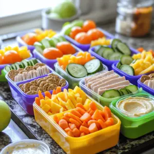 Make-Ahead Lunchables are fun, easy, and quick to prepare. You can make them in just 15 minutes. They are perfect for busy days. You can store them in the fridge for up to five days. - Whole grain crackers - Sliced turkey or chicken breast - Cheddar cheese - Baby carrots - Cucumber - Grape tomatoes - Hummus - Ranch dressing or yogurt-based dip - Optional fruits for sweetness These ingredients work well together. You get protein from the turkey or chicken. Cheese adds flavor and calcium. Fresh veggies like carrots and cucumbers give crunch and color. Hummus or ranch dressing makes it fun to dip. If you like a sweet touch, add fruits like apple or grapes. You can mix and match based on your taste. This makes lunch exciting and healthy. To make your own Make-Ahead Lunchables, start by gathering your tools. You will need small containers or lunchboxes. These will help keep each part fresh and neat. I recommend using containers with separate compartments. This way, each item stays crunchy and tasty. You can prep these Lunchables in just 15 minutes. Next, let’s divide the ingredients. For each container, take 1/4 cup of whole grain crackers. This will be the base of your Lunchables. Then, add 1/4 cup of sliced turkey or chicken breast. This is a great source of protein. Now, include 1/4 cup of cubed cheddar cheese. Cheese adds flavor and creaminess. Now, let’s add some veggies. Divide 1/2 cup of baby carrots, 1/2 cup of cucumber slices, and 1/2 cup of halved grape tomatoes among the containers. These add color and crunch. You want a balanced mix of healthy foods that kids will love. Don’t forget the dips! Add a small cup of hummus and ranch dressing to each container. These will make your Lunchables more fun to eat. If you want a hint of sweetness, include a handful of sliced apple or grapes. Now comes the fun part: assembly! Place the crackers at the bottom of each container. Next, arrange the turkey or chicken and cheese neatly beside the crackers. Fill the rest of the space with the veggies. Make sure to leave room for the dips. Seal each container tightly. This keeps everything fresh. Store them in the fridge until you’re ready to eat. These Make-Ahead Lunchables can last for up to 5 days. Enjoy your healthy and fun lunches! For a full recipe, check out the Full Recipe section. When making your Make-Ahead Lunchables, plan ahead. Choose a day to prep. Set aside about 15 minutes. Gather your ingredients first. Use small containers or lunchboxes. This helps keep things neat. Portion each ingredient carefully. This keeps your meals balanced and fun. To boost flavor, try different cheeses. Pepper jack adds spice. Gouda gives a smoky taste. You can also change the meats. Use ham or roast beef for variety. Fresh herbs like basil or dill can add freshness. A sprinkle of salt or pepper enhances the taste too. Do you need to swap ingredients? No problem! Use rice cakes instead of crackers for crunch. If you prefer a vegan option, try chickpeas instead of meat. For cheese, use vegan cheese or skip it altogether. Swap hummus for guacamole for a creamy twist. You can even add nuts for extra protein. For the full recipe, check the earlier section. Enjoy making your own Lunchables! {{image_2}} You can easily make vegetarian Lunchables. Just swap the meat for more veggies or plant-based proteins. Try adding slices of avocado or roasted red peppers. You can also include some hummus for a protein boost. Here’s a simple mix: - 1 cup whole grain crackers - 1 cup cubed cheese (like cheddar or mozzarella) - 1/2 cup baby carrots - 1/2 cup cucumber rounds - 1/2 cup cherry tomatoes - 1/4 cup hummus - Optional: olives or bell pepper strips Feel free to get creative with your choices! If you need gluten-free options, pick gluten-free crackers. Many brands make tasty choices that work well. Instead of crackers, you can use rice cakes or veggie sticks. Here’s a gluten-free idea: - 1 cup gluten-free crackers - 1 cup sliced turkey or chicken breast - 1 cup cheese cubes - 1/2 cup carrot sticks - 1/2 cup celery sticks - 1/4 cup guacamole - Optional: fruit like berries for sweetness These will taste great and keep you full! Kids love fun shapes and colors. Use cookie cutters to make fun shapes out of cheese or fruit. You can also add a dip they love. Here’s a kid-friendly mix: - 1 cup fun-shaped crackers - 1 cup sliced turkey or ham - 1 cup cheese shapes - 1/2 cup sliced bell peppers - 1/2 cup apple slices - 1/4 cup ranch dressing - Optional: mini chocolate chips for a treat These will make lunchtime exciting for your little ones! To keep your Make-Ahead Lunchables fresh, use airtight containers. This helps lock in flavor and moisture. You can also use lunchboxes with separate compartments. This way, each food stays fresh. Avoid mixing wet and dry foods to keep everything crisp. These Lunchables stay fresh in the fridge for up to five days. After that, the taste and texture might change. Always check for any off smells or odd textures before eating. If you notice anything strange, toss it out for safety. Reheating is not usually needed for these Lunchables. They taste great cold. If you prefer warm meat or cheese, microwave them for a few seconds. Just be careful not to overheat. Enjoy your delicious meal prep without hassle! You can store Make-Ahead Lunchables for up to five days. Keep them in the fridge. Use airtight containers to keep them fresh. This way, the flavors stay great all week. Yes, you can customize the ingredients to fit your taste. Swap turkey for ham or use a different cheese. You can also change the veggies based on what you have. This makes every lunch unique and fun. For healthy dip alternatives, try these options: - Greek yogurt with herbs - Homemade guacamole - Salsa or pico de gallo - Nut butter for sweetness These dips add flavor and nutrition to your Lunchables. You can find many more ideas in the Full Recipe. This blog post explained how to make tasty, healthy Make-Ahead Lunchables. You learned the key ingredients and how to prepare them step by step. We also shared tips for meal prep and ways to customize your Lunchables. Different variations can suit any diet. In conclusion, making these lunch boxes is easy and fun. You can mix flavors and choose what you love. Enjoy your meal prep and make lunchtime exciting!