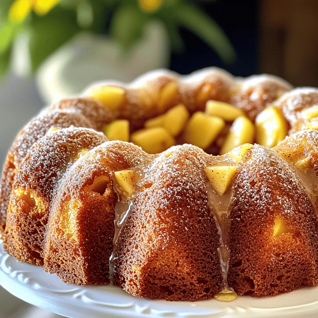 To make your delicious Apple Cider Donut Cake, gather these ingredients: - 1 cup apple cider - 2 cups all-purpose flour - 1 teaspoon baking powder - 1/2 teaspoon baking soda - 1 teaspoon ground cinnamon - 1/2 teaspoon nutmeg - 1/2 teaspoon salt - 1/2 cup unsalted butter, softened - 1 cup granulated sugar - 2 large eggs - 1 teaspoon vanilla extract - 1/2 cup chopped apples (preferably Granny Smith) - 1/4 cup brown sugar - 1/4 cup granulated sugar (for topping) - 1 tablespoon melted butter (for topping) - Extra cinnamon sugar (to taste) You can make this cake your own by adding some fun extras. Consider these options: - 1/2 cup chopped walnuts or pecans for a nutty crunch - 1/2 cup raisins for a sweet chewiness - A splash of maple syrup to enhance the flavor - A pinch of cloves for added warmth When picking apples for this cake, go for tart varieties. Here are some tips to help you choose: - Granny Smith: They are crisp and tart, great for baking. - Honeycrisp: These apples add sweetness and moisture to your cake. - Fuji: They are sweet and juicy, perfect for a rich flavor. - Always choose fresh apples for the best taste. If they are firm and shiny, they are likely fresh! Using the right apples can make your cake even more delicious. Remember, the right balance of sweet and tart is key to a great flavor! For the full recipe, check the main section of the article. Start by bringing 1 cup of apple cider to a boil in a small saucepan. This step makes the flavor richer. Once it boils, lower the heat and let it simmer. You want to reduce it down to about 1/2 cup. This usually takes around 15 to 20 minutes. Allow the cider to cool a bit before adding it to the batter. In a large bowl, whisk together the dry ingredients. Combine 2 cups of all-purpose flour, 1 teaspoon of baking powder, 1/2 teaspoon of baking soda, 1 teaspoon of ground cinnamon, 1/2 teaspoon of nutmeg, and 1/2 teaspoon of salt. Make sure everything is mixed well. This helps the cake rise and adds flavor. In another bowl, cream together 1/2 cup of softened unsalted butter and 1 cup of granulated sugar. Mix until it looks light and fluffy. Then add 2 large eggs one at a time. Mix well after each egg. Stir in 1 teaspoon of vanilla extract and the cooled apple cider. Next, add the dry mixture to the wet ingredients. Mix until it's just combined. Be careful not to over-mix. Finally, gently fold in 1/2 cup of chopped apples. Pour the batter into a greased and floured 9-inch bundt pan. Smooth the top with a spatula. Bake in a preheated oven at 350°F (175°C) for 40 to 45 minutes. Check if it's done by inserting a toothpick into the center. If it comes out clean, it's ready! While the cake bakes, mix 1/4 cup of brown sugar and 1/4 cup of granulated sugar in a small bowl for the topping. Once the cake is done, let it cool for about 10 minutes in the pan. Carefully flip it onto a serving plate. Brush the warm cake with 1 tablespoon of melted butter. Then sprinkle the cinnamon sugar mixture over the top. Let the cake cool completely before slicing. Enjoy your delicious Apple Cider Donut Cake! For the full recipe, click here. To get the best texture for your apple cider donut cake, follow these tips: - Use fresh cider: Fresh apple cider gives the cake a rich flavor and moisture. - Don’t over-mix: Once you combine wet and dry ingredients, mix just until combined. This keeps the cake light. - Add apples: Chopped apples add moisture and texture. Granny Smith apples work great for their tartness. Here are some mistakes to watch out for: - Skipping the cider reduction: Reducing the cider concentrates its flavor. Skipping this step can lead to a bland cake. - Not measuring ingredients: Use proper measuring cups to ensure accuracy. Too much flour can make the cake dense. - Underbaking: Baking for too short a time can leave the center wet. Always check with a toothpick. For a smooth baking process, consider these practices: - Preheat your oven: Always preheat to 350°F (175°C). This helps the cake rise properly. - Grease the pan well: A well-greased bundt pan helps the cake release easily after baking. - Cool before serving: Let the cake cool in the pan for about 10 minutes. This makes it easier to remove and slice. By following these tips, you'll create a delicious apple cider donut cake that everyone will love. For the full recipe, check the earlier section. {{image_2}} To make a gluten-free version, swap all-purpose flour with a gluten-free blend. Look for a blend that has xanthan gum. This will help your cake rise and stay fluffy. You can also use almond flour for a nutty flavor. Ensure that your baking powder is gluten-free, too. Your taste buds will still enjoy the lovely apple cider flavor. For a vegan option, replace eggs with applesauce. Use 1/4 cup of applesauce for each egg. Instead of butter, use coconut oil or a dairy-free butter substitute. Choose a plant-based milk like almond or oat milk instead of regular milk. These changes keep the cake moist while making it suitable for vegans. Want to mix it up? Add different spices like ginger or allspice for a unique taste. You can also stir in nuts like walnuts or pecans for crunch. Try using flavored extracts, like maple or almond, to enhance the flavor. For a fun twist, add caramel sauce on top after baking. These variations make your cake exciting and fresh each time! After enjoying your Apple Cider Donut Cake, store any leftovers properly. Wrap the cake in plastic wrap. Place it in an airtight container. This keeps the cake fresh for up to five days. You can also store it in the fridge if you live in a warm area. Just remember to wrap it well to prevent drying out. Want to save some cake for later? Freezing is a great option! First, make sure the cake is completely cool. Then, slice the cake into pieces. Wrap each piece tightly in plastic wrap. Place them in a freezer bag or airtight container. Your cake can last up to three months in the freezer. When you're ready to eat, just thaw at room temperature. To enjoy your cake warm, you can reheat it. Place a slice in the microwave for about 15-20 seconds. This warms it without drying it out. For a crispy top, try the oven. Preheat it to 350°F (175°C), then heat the cake for about 10 minutes. This gives you that fresh-baked taste again. Enjoy your delicious cake! To make your Apple Cider Donut Cake moister, you can add more apples. Chopped apples provide natural moisture. You can also use applesauce for extra moisture. Be careful not to over-mix the batter, as this can make the cake dense. Yes, you can use store-bought apple cider. Just make sure it is fresh and not overly sweet. Fresh cider will give you the best flavor in your cake. Store-bought cider saves time and works well in this recipe. Apple Cider Donut Cake lasts about three days at room temperature. If you want to keep it longer, store it in the fridge for up to a week. It also freezes well for up to three months. Just wrap it tightly to keep it fresh. You can serve this cake with whipped cream or vanilla ice cream. A drizzle of caramel sauce adds a nice touch. Fresh apple slices or a scoop of cinnamon ice cream can also enhance the flavor. For the full recipe of this delicious Apple Cider Donut Cake, check the earlier section. Follow the steps carefully for a delightful treat. Enjoy baking! This article covered how to make a delicious Apple Cider Donut Cake. We explored the full ingredient list, optional choices, and tips for choosing apples. The step-by-step guide helped you prepare, mix, and bake your cake. We also shared tips for texture, common mistakes, and variations. Lastly, we provided storage tips and answered frequently asked questions. Baking this cake can be fun and rewarding. Enjoy creating your unique version of this treat!