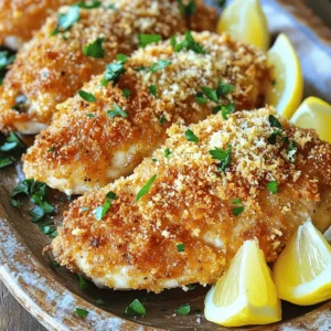 - 4 boneless, skinless chicken breasts - 1 cup grated Parmesan cheese - 1 cup breadcrumbs (preferably panko for extra crunch) - 4 cloves garlic, minced - 1/4 cup fresh parsley, chopped - 1/2 teaspoon dried oregano - 1/2 teaspoon salt - 1/4 teaspoon black pepper - 1/2 cup mayonnaise - 1 tablespoon olive oil What are the best types of chicken for this recipe? I recommend using boneless, skinless chicken breasts. They cook evenly and stay juicy. You can also use chicken thighs for a richer flavor. What are some alternatives for Parmesan cheese? If you want a different taste, try Pecorino Romano or Grana Padano. Both cheese options add a nice, salty kick. What gluten-free breadcrumbs can I use? You can use crushed rice cereal or gluten-free panko. They will still give you that satisfying crunch without the gluten. For the full recipe, check out the details above. 1. Preheat your oven and prepare the baking sheet: Set your oven to 400°F (200°C). Lightly grease a baking sheet with cooking spray or olive oil. This step helps the chicken cook well and prevents sticking. 2. Prepare the breadcrumb mixture: In a mixing bowl, combine 1 cup of grated Parmesan cheese, 1 cup of breadcrumbs, 4 cloves of minced garlic, 1/4 cup of chopped parsley, 1/2 teaspoon of dried oregano, 1/2 teaspoon of salt, and 1/4 teaspoon of black pepper. Mix until everything is well blended. 3. Create the mayonnaise mixture: In a separate bowl, mix together 1/2 cup of mayonnaise and 1 tablespoon of olive oil. This mixture helps the breadcrumbs stick to the chicken and adds flavor. 1. Dipping each piece in the mayonnaise mix: Take each chicken breast and dip it into the mayonnaise mixture. Make sure each piece gets a good coating. This makes the chicken moist and tasty. 2. Rolling in the breadcrumb mixture: After dipping, roll each chicken breast in the breadcrumb mixture. Press down gently to help the crumbs stick well. This step creates that crunchy outer layer. 1. Proper placement on the baking sheet: Arrange the coated chicken breasts on the prepared baking sheet. Leave some space between each piece so they cook evenly. 2. Cooking time and temperature details: Bake the chicken in the oven for about 25-30 minutes. The chicken should be cooked through, and the coating should look golden brown and crispy. Use a meat thermometer to check that the internal temperature is at least 165°F (75°C). Remove the chicken from the oven and let it rest for 5 minutes before serving. For the full recipe, you can refer back to the earlier section. This method results in a delicious, easy meal that impresses everyone! To ensure even baking, lay the chicken breasts on the baking sheet with space between them. This helps hot air circulate around the chicken. Flip the chicken halfway through baking for uniform cooking. For extra crispiness, use panko breadcrumbs. They create a light and crunchy texture. You can also spray the tops lightly with cooking spray before baking. This small step adds a beautiful golden color. Want to boost flavor? Try adding smoked paprika or garlic powder to the breadcrumb mix. These spices add depth and warmth. You can also mix in some Italian seasoning for a tasty twist. Consider marinating the chicken before cooking. A simple mix of olive oil, lemon juice, and garlic can work wonders. Marinate for at least an hour, or overnight for a stronger flavor. For an appealing dish, serve your Garlic Parmesan Chicken on a large platter. Add lemon wedges for a bright pop of color. A sprinkle of fresh parsley can make it look even more inviting. Pair the chicken with roasted vegetables or a fresh green salad. This adds color and balance to your meal. Don't forget to use the Full Recipe for more details on cooking this delightful dish! {{image_2}} You can cook Garlic Parmesan Chicken in two ways: oven-baked or grilled. Each method gives a unique taste and texture. - Oven-Baked: This method keeps the chicken moist. It gives a nice, crispy coating. You bake it at 400°F for about 25-30 minutes. - Grilled: Grilling adds a smoky flavor. You should preheat your grill to medium heat. Cook the chicken for about 6-8 minutes on each side. Make sure the internal temperature hits 165°F. You can switch up the ingredients for new tastes. Different cheeses can change the flavor profile. - Cheese Options: Try using mozzarella for a gooey texture. Cheddar gives a sharper taste. You can even mix cheeses for a richer flavor. - Herb Variations: Fresh herbs add brightness. You can use basil, thyme, or rosemary. Each herb changes the flavor and gives freshness. Choosing the right sides makes the meal even better. Here are some ideas: - Best Side Dishes: Garlic Parmesan Chicken pairs well with roasted veggies, mashed potatoes, or a fresh salad. Each side adds color and flavor. - Dips or Sauces: Serve with a tangy dipping sauce like ranch or a zesty marinara. These sauces can enhance the dish and offer variety. For the full recipe, see the section above. To keep your Garlic Parmesan Chicken fresh, store it in an airtight container. This helps prevent moisture loss and keeps the chicken tasty. You can keep it in the fridge for up to 3 days. If you want to store it longer, freeze the chicken. Wrap each piece tightly in plastic wrap, then place it in a freezer bag. It can last up to 3 months in the freezer. When reheating, the oven is your best friend. Preheat your oven to 350°F (175°C). Place the chicken on a baking sheet and cover it with foil. This keeps the chicken moist. Heat for about 15-20 minutes or until warm. If you use a microwave, the chicken may lose its crispiness. If you must, heat it in short bursts. Check often to avoid overcooking. For best results, stick to the oven! How long do I bake Garlic Parmesan Chicken? You should bake Garlic Parmesan Chicken for about 25 to 30 minutes. The chicken needs to reach an internal temperature of 165°F (75°C). I recommend checking with a meat thermometer. Can I use skin-on chicken for this recipe? Yes, you can use skin-on chicken. Skin-on chicken adds flavor and keeps the meat juicy. Just adjust your baking time until the chicken is cooked well. What can I serve with Garlic Parmesan Chicken? I love to serve Garlic Parmesan Chicken with roasted vegetables or a fresh salad. You can also pair it with rice or mashed potatoes for a hearty meal. What if my coating doesn’t stick? If the coating doesn’t stick, try using more mayonnaise. Make sure to coat the chicken well before rolling it in the breadcrumb mix. Press down gently to help it stick. How to tell if the chicken is fully cooked? The best way to check is to use a meat thermometer. Insert it into the thickest part of the chicken. If it reads 165°F (75°C), it is safe to eat. Is this recipe gluten-free? No, the original recipe is not gluten-free due to breadcrumbs. You can easily use gluten-free breadcrumbs as a substitute. Can I make it dairy-free? Yes, you can make it dairy-free. Try using a dairy-free mayonnaise and a dairy-free cheese alternative. This will keep the flavors while meeting your needs. This blog post walked you through making Garlic Parmesan Chicken from start to finish. You learned about the ingredients, tips for perfecting your dish, and variations to try. Cooking can be fun and tasty, especially when you follow these steps. I hope you feel ready to make this dish your own. Enjoy your meal, share it with others, and don't be afraid to experiment! Happy cooking!