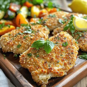 - 4 boneless, skinless chicken breasts - 1 cup breadcrumbs - 1/2 cup grated Parmesan cheese - 2 tablespoons fresh parsley, finely chopped - 2 tablespoons fresh basil, finely chopped - 1 teaspoon garlic powder - 1 teaspoon onion powder - 1/2 teaspoon salt - 1/2 teaspoon black pepper - 2 large eggs - 1 tablespoon Dijon mustard - 1/4 cup all-purpose flour - Olive oil spray When making easy oven baked chicken cutlets, focus on quality ingredients for the best taste. Start with fresh chicken breasts. They should be boneless and skinless for easy handling. The breadcrumbs add crunch, while Parmesan cheese gives a rich flavor. For added taste, I use fresh herbs like parsley and basil. They make the dish brighter and more aromatic. Garlic powder and onion powder enhance the savory notes. Salt and black pepper bring everything together, creating a well-rounded flavor. The binding ingredients are key for the perfect crust. Eggs mixed with Dijon mustard help the breadcrumbs stick. Flour provides a base layer that keeps the chicken moist. A light spray of olive oil before baking helps achieve that crispy finish. This is a simple yet effective way to create a delicious meal. For the full recipe, check out the steps that follow. - Preheat your oven to 400°F (200°C). - Line a baking sheet with parchment paper and spray with olive oil. To start, you need to preheat the oven. This helps cook the chicken evenly. While it warms up, get a baking sheet ready. The parchment paper will prevent sticking and make clean-up easier. A light spray of olive oil adds a nice touch. - Combine breadcrumbs, Parmesan, and herbs in one dish. - Whisk eggs and mustard in a second dish and place flour in a third dish. Next, let's prepare the coatings. In one dish, mix breadcrumbs, grated Parmesan, and your favorite herbs. This will give the chicken great flavor. In another dish, whisk the eggs and Dijon mustard. This mix helps the coating stick. Finally, place flour in a third dish. Each step builds flavor and texture. - Coat chicken with flour, dip in egg mixture, and press into breadcrumb mixture. - Place coated chicken cutlets on the prepared baking sheet. Now it’s time to coat the chicken. First, take a chicken breast and lightly coat it with flour. Shake off any extra flour. Next, dip it in the egg mixture, ensuring it's well-covered. Finally, press it into the breadcrumb mix. Make sure each piece is fully coated. Place the coated chicken cutlets on the baking sheet. - Lightly spray tops with olive oil for crispiness. - Bake for 20-25 minutes, flipping halfway. Before baking, give the tops a light spray of olive oil. This helps create a crispy finish. Bake in the preheated oven for 20 to 25 minutes. Remember to flip the cutlets halfway through. This ensures even cooking. When done, they should be golden brown and juicy. Enjoy your crispy and flavorful chicken cutlets! For more details, check the Full Recipe. To get that perfect crunch, choose the right breadcrumbs. Use panko breadcrumbs. They provide a light, airy texture that makes the cutlets crispy. Before baking, lightly spray the tops with olive oil. This adds extra crunch and color. Flavor is key in any dish. You can mix up the herbs and spices to suit your taste. Try adding a pinch of paprika or a dash of cayenne for some heat. You can also marinate the chicken for a few hours. This adds depth and makes the chicken juicy and tasty. One common mistake is overcrowding your baking sheet. This can lead to uneven cooking. Make sure there is space between each cutlet. Also, ensure that the chicken is fully coated. A good coat keeps the chicken moist and prevents dryness. Follow these tips for the best results and enjoy your meal! {{image_2}} If you need a gluten-free option, use almond flour or gluten-free breadcrumbs. These work well and keep your cutlets crispy. You can also swap chicken for pork or turkey cutlets. Just ensure the cooking time adjusts to the thickness of the meat. To add new flavors, try different herbs like thyme or oregano. These herbs give a fresh taste and can change the whole dish. You can also use flavored breadcrumbs. Options like garlic or Italian-seasoned breadcrumbs add a fun twist to the cutlets. Pair your chicken cutlets with dips like marinara or ranch. This adds extra flavor and fun. For sides, consider mashed potatoes or steamed veggies. These options make a well-rounded meal. You can even serve the cutlets with a side salad for a fresh crunch. Don't forget to check the [Full Recipe] for more ideas! To keep your chicken cutlets fresh, let them cool first. This helps prevent sogginess. Once cool, place them in airtight containers. Store them in the fridge. Your leftovers will stay good for about three to four days. If you want to save cutlets for later, freezing works well. Wrap each cutlet tightly in plastic wrap. Then, place them in a freezer bag. Make sure to remove any air to avoid freezer burn. When you’re ready to eat, thaw them in the fridge overnight. To reheat, bake them in the oven at 375°F (190°C) for about 15-20 minutes. This keeps them crispy and tasty. In the fridge, chicken cutlets last about three to four days. Look for signs of spoilage like a bad smell or slimy texture. If you freeze them, they stay good for up to three months. After that, they may lose flavor and texture. Always label your containers with dates to keep track. Enjoy your cutlets at their best! For the full recipe, check out the crispy herb-infused oven baked chicken cutlets. To make chicken cutlets crispy, follow these tips: - Use fresh breadcrumbs instead of store-bought for better crunch. - Lightly spray the tops with olive oil before baking. - Bake at 400°F (200°C) for optimal crispiness. - Flip the cutlets halfway through cooking for even browning. - Avoid overcrowding the baking sheet; give each cutlet space to crisp. By following these steps, your chicken cutlets will turn out crispy and golden every time. It takes about 20 to 25 minutes to bake chicken cutlets at 400°F (200°C). Make sure to check that they are cooked through. The cutlets should be golden brown on the outside. Use a meat thermometer; the internal temperature should reach 165°F (74°C). This ensures your meal is not only tasty but safe to eat. Yes, you can make these cutlets ahead of time. Here are some meal prep tips: - Prepare the chicken cutlets and coat them as directed. - Store uncooked cutlets in an airtight container in the fridge for up to 24 hours. - You can also freeze the cutlets before baking. Place them in a single layer on a baking sheet, freeze, and then transfer them to a freezer bag. - When ready to cook, bake from frozen, adding 5 to 10 minutes to the cooking time. This makes weeknight dinners quick and stress-free. These chicken cutlets pair well with many side dishes. Consider these options: - A fresh garden salad for crunch and color. - Roasted vegetables like carrots and broccoli for a healthy balance. - Mashed potatoes or rice for a hearty addition. - Dipping sauces like marinara or ranch for extra flavor. These sides will complement your crispy chicken cutlets perfectly! You covered the key steps to make easy oven-baked chicken cutlets. From selecting main ingredients to perfecting the coating, this guide aims to make cooking simple and fun. Follow the tips for a crispy texture and explore variations to suit your taste. Storing and reheating leftovers is easy, ensuring you enjoy your meal later. With this knowledge, you can create a delicious dish that friends and family will love. Dive in and make these cutlets your new favorite!