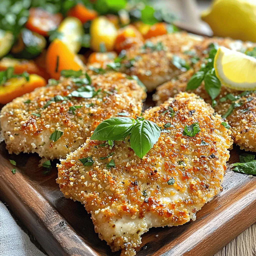 - 4 boneless, skinless chicken breasts - 1 cup breadcrumbs - 1/2 cup grated Parmesan cheese - 2 tablespoons fresh parsley, finely chopped - 2 tablespoons fresh basil, finely chopped - 1 teaspoon garlic powder - 1 teaspoon onion powder - 1/2 teaspoon salt - 1/2 teaspoon black pepper - 2 large eggs - 1 tablespoon Dijon mustard - 1/4 cup all-purpose flour - Olive oil spray When making easy oven baked chicken cutlets, focus on quality ingredients for the best taste. Start with fresh chicken breasts. They should be boneless and skinless for easy handling. The breadcrumbs add crunch, while Parmesan cheese gives a rich flavor. For added taste, I use fresh herbs like parsley and basil. They make the dish brighter and more aromatic. Garlic powder and onion powder enhance the savory notes. Salt and black pepper bring everything together, creating a well-rounded flavor. The binding ingredients are key for the perfect crust. Eggs mixed with Dijon mustard help the breadcrumbs stick. Flour provides a base layer that keeps the chicken moist. A light spray of olive oil before baking helps achieve that crispy finish. This is a simple yet effective way to create a delicious meal. For the full recipe, check out the steps that follow. - Preheat your oven to 400°F (200°C). - Line a baking sheet with parchment paper and spray with olive oil. To start, you need to preheat the oven. This helps cook the chicken evenly. While it warms up, get a baking sheet ready. The parchment paper will prevent sticking and make clean-up easier. A light spray of olive oil adds a nice touch. - Combine breadcrumbs, Parmesan, and herbs in one dish. - Whisk eggs and mustard in a second dish and place flour in a third dish. Next, let's prepare the coatings. In one dish, mix breadcrumbs, grated Parmesan, and your favorite herbs. This will give the chicken great flavor. In another dish, whisk the eggs and Dijon mustard. This mix helps the coating stick. Finally, place flour in a third dish. Each step builds flavor and texture. - Coat chicken with flour, dip in egg mixture, and press into breadcrumb mixture. - Place coated chicken cutlets on the prepared baking sheet. Now it’s time to coat the chicken. First, take a chicken breast and lightly coat it with flour. Shake off any extra flour. Next, dip it in the egg mixture, ensuring it's well-covered. Finally, press it into the breadcrumb mix. Make sure each piece is fully coated. Place the coated chicken cutlets on the baking sheet. - Lightly spray tops with olive oil for crispiness. - Bake for 20-25 minutes, flipping halfway. Before baking, give the tops a light spray of olive oil. This helps create a crispy finish. Bake in the preheated oven for 20 to 25 minutes. Remember to flip the cutlets halfway through. This ensures even cooking. When done, they should be golden brown and juicy. Enjoy your crispy and flavorful chicken cutlets! For more details, check the Full Recipe. To get that perfect crunch, choose the right breadcrumbs. Use panko breadcrumbs. They provide a light, airy texture that makes the cutlets crispy. Before baking, lightly spray the tops with olive oil. This adds extra crunch and color. Flavor is key in any dish. You can mix up the herbs and spices to suit your taste. Try adding a pinch of paprika or a dash of cayenne for some heat. You can also marinate the chicken for a few hours. This adds depth and makes the chicken juicy and tasty. One common mistake is overcrowding your baking sheet. This can lead to uneven cooking. Make sure there is space between each cutlet. Also, ensure that the chicken is fully coated. A good coat keeps the chicken moist and prevents dryness. Follow these tips for the best results and enjoy your meal! {{image_2}} If you need a gluten-free option, use almond flour or gluten-free breadcrumbs. These work well and keep your cutlets crispy. You can also swap chicken for pork or turkey cutlets. Just ensure the cooking time adjusts to the thickness of the meat. To add new flavors, try different herbs like thyme or oregano. These herbs give a fresh taste and can change the whole dish. You can also use flavored breadcrumbs. Options like garlic or Italian-seasoned breadcrumbs add a fun twist to the cutlets. Pair your chicken cutlets with dips like marinara or ranch. This adds extra flavor and fun. For sides, consider mashed potatoes or steamed veggies. These options make a well-rounded meal. You can even serve the cutlets with a side salad for a fresh crunch. Don't forget to check the [Full Recipe] for more ideas! To keep your chicken cutlets fresh, let them cool first. This helps prevent sogginess. Once cool, place them in airtight containers. Store them in the fridge. Your leftovers will stay good for about three to four days. If you want to save cutlets for later, freezing works well. Wrap each cutlet tightly in plastic wrap. Then, place them in a freezer bag. Make sure to remove any air to avoid freezer burn. When you’re ready to eat, thaw them in the fridge overnight. To reheat, bake them in the oven at 375°F (190°C) for about 15-20 minutes. This keeps them crispy and tasty. In the fridge, chicken cutlets last about three to four days. Look for signs of spoilage like a bad smell or slimy texture. If you freeze them, they stay good for up to three months. After that, they may lose flavor and texture. Always label your containers with dates to keep track. Enjoy your cutlets at their best! For the full recipe, check out the crispy herb-infused oven baked chicken cutlets. To make chicken cutlets crispy, follow these tips: - Use fresh breadcrumbs instead of store-bought for better crunch. - Lightly spray the tops with olive oil before baking. - Bake at 400°F (200°C) for optimal crispiness. - Flip the cutlets halfway through cooking for even browning. - Avoid overcrowding the baking sheet; give each cutlet space to crisp. By following these steps, your chicken cutlets will turn out crispy and golden every time. It takes about 20 to 25 minutes to bake chicken cutlets at 400°F (200°C). Make sure to check that they are cooked through. The cutlets should be golden brown on the outside. Use a meat thermometer; the internal temperature should reach 165°F (74°C). This ensures your meal is not only tasty but safe to eat. Yes, you can make these cutlets ahead of time. Here are some meal prep tips: - Prepare the chicken cutlets and coat them as directed. - Store uncooked cutlets in an airtight container in the fridge for up to 24 hours. - You can also freeze the cutlets before baking. Place them in a single layer on a baking sheet, freeze, and then transfer them to a freezer bag. - When ready to cook, bake from frozen, adding 5 to 10 minutes to the cooking time. This makes weeknight dinners quick and stress-free. These chicken cutlets pair well with many side dishes. Consider these options: - A fresh garden salad for crunch and color. - Roasted vegetables like carrots and broccoli for a healthy balance. - Mashed potatoes or rice for a hearty addition. - Dipping sauces like marinara or ranch for extra flavor. These sides will complement your crispy chicken cutlets perfectly! You covered the key steps to make easy oven-baked chicken cutlets. From selecting main ingredients to perfecting the coating, this guide aims to make cooking simple and fun. Follow the tips for a crispy texture and explore variations to suit your taste. Storing and reheating leftovers is easy, ensuring you enjoy your meal later. With this knowledge, you can create a delicious dish that friends and family will love. Dive in and make these cutlets your new favorite!