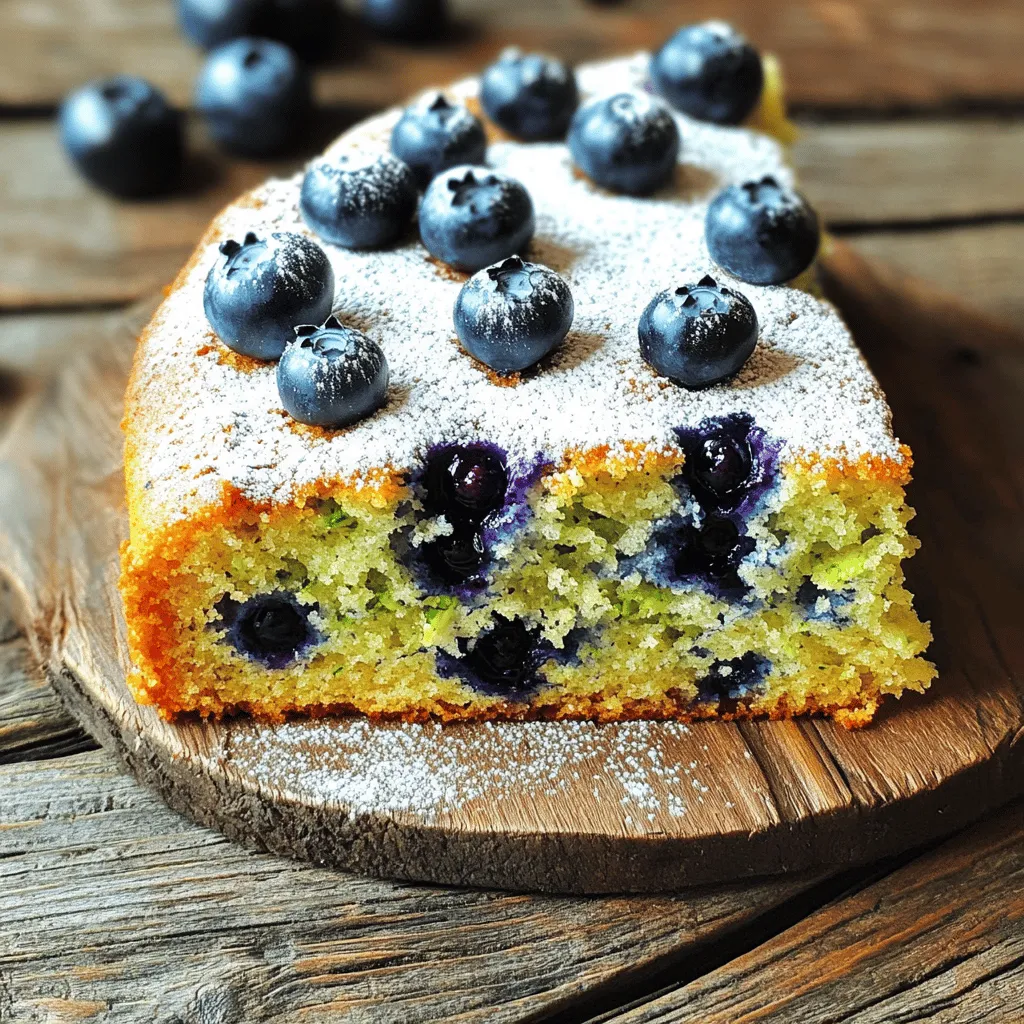 For a delicious Blueberry Zucchini Cake, gather these simple ingredients: - 1 cup grated zucchini - 1 cup fresh blueberries - 1 ½ cups all-purpose flour - 1 teaspoon baking soda - 1 teaspoon baking powder - ½ teaspoon salt - 1 teaspoon ground cinnamon - ½ cup granulated sugar - ½ cup brown sugar - ½ cup vegetable oil - 2 large eggs - 1 teaspoon vanilla extract - ½ cup chopped walnuts (optional) - Zest of 1 lemon - Powdered sugar for dusting Each ingredient plays a key role in this cake. The zucchini adds moisture, while the blueberries bring sweetness. The mix of sugars balances the flavors. The spices like cinnamon add warmth and depth. Don’t skip the lemon zest; it brightens the taste. For a nutty crunch, add walnuts. For the full recipe and step-by-step instructions, check out the Blueberry Zucchini Bliss Cake 🫐🥒. 1. Preheat your oven to 350°F (175°C). Grease and flour an 8-inch cake pan. This step helps the cake come out easily. 2. In a medium bowl, mix together the flour, baking soda, baking powder, salt, and cinnamon. Set this bowl aside. 3. In a large mixing bowl, whisk together the granulated sugar, brown sugar, and vegetable oil. Make sure they blend well. 4. Add the eggs one at a time. Whisk well after each egg. Stir in the vanilla extract and lemon zest for a bright flavor. 5. Gradually add the dry ingredients into the wet mixture. Stir until just combined. Avoid overmixing to keep the cake light. 1. Gently fold in the grated zucchini and fresh blueberries. This adds moisture and flavor to the cake. 2. Pour the batter into the prepared pan. Smooth the top with a spatula for an even bake. 3. Bake in the preheated oven for 35-40 minutes. Check for doneness by inserting a toothpick in the center. It should come out clean. 1. Once baked, let the cake cool in the pan for about 10 minutes. This helps it set before moving. 2. Carefully transfer the cake to a wire rack to cool completely. This prevents sogginess and keeps the texture just right. Follow these steps for a delicious blueberry zucchini cake. For a detailed list of ingredients, check the Full Recipe. Enjoy baking! How to avoid overmixing When mixing your batter, stir gently. Mix just until the flour disappears. Overmixing makes the cake tough. This is key for a light, fluffy result. Ensuring even baking To bake evenly, place your cake pan in the center of the oven. This allows hot air to flow freely around the cake. Rotate the pan halfway through baking for the best results. Using the right pan Use an 8-inch square or round pan for this recipe. Grease and flour the pan well. This prevents sticking and helps your cake come out smoothly. Choosing the best zucchini Select small, firm zucchinis. Look for ones that feel heavy for their size. Fresh zucchini adds moisture and flavor to the cake. Fresh vs. frozen blueberries Fresh blueberries work best, but thawed frozen blueberries can be used too. Ensure they are dry before mixing. This avoids extra moisture in your batter. Tips for walnuts and lemon zest Chop walnuts into small pieces for an even crunch. Add lemon zest for a bright flavor. Just one teaspoon adds a lovely zing to the cake. Dusting with powdered sugar Before serving, dust the cake with powdered sugar. This adds sweetness and a beautiful look. Use a fine mesh strainer for even coverage. Decorative serving ideas Serve slices on colorful plates for a festive feel. Add a few fresh blueberries on the side for decoration. A sprig of mint can also brighten the plate nicely. {{image_2}} You can change the flavor of the Blueberry Zucchini Cake in many fun ways. Try adding spices like nutmeg or ginger for warmth. You can also use extracts, like almond or lemon, to enhance the taste. If you want to swap fruits, try using raspberries or cranberries instead of blueberries. These fruits add a tart touch. Mixing in different nuts, like pecans or almonds, gives the cake a nice crunch and adds depth. For those needing gluten-free options, use almond or coconut flour instead. This keeps the cake tasty while meeting dietary needs. If you want vegan substitutions, replace the eggs with flax eggs or applesauce. You can also use plant-based oil for moisture without losing flavor. Reducing sugar is another great way to make this cake healthier. You can cut the sugar in half or use natural sweeteners like honey or maple syrup. This way, you enjoy the cake without too much guilt. Serving your cake with a glaze or frosting can take it to the next level. A simple lemon glaze adds brightness. For a richer option, cream cheese frosting pairs nicely with the cake's flavor. The cake goes well with whipped cream or a scoop of ice cream. These sides add creaminess and balance the cake's sweetness. Enjoy experimenting with these variations to make your Blueberry Zucchini Cake unique! For the complete recipe, check out the Full Recipe section. To keep your Blueberry Zucchini Cake fresh, store it at room temperature for a few days. Place it in an airtight container. This will keep it moist and tasty. If you live in a hot area, consider refrigerating it. Wrap the cake well in plastic wrap or foil before putting it in the fridge. If you want to save the cake for later, freezing is a great option. Cut the cake into slices. Wrap each slice tightly in plastic wrap and then place them in a freezer bag. This way, you can enjoy a slice whenever you wish! To thaw, remove a slice from the freezer. Let it sit at room temperature for about 30 minutes or microwave it for 15 seconds for a quick warm-up. The cake will last about 3 to 5 days in the fridge. In the freezer, it can last up to 3 months. Always check for signs of spoilage. If you see mold or a sour smell, it is best to throw it away. Keeping an eye on these details will help you enjoy your Blueberry Zucchini Cake at its best! Can I use other types of flour? Yes, you can use whole wheat flour or almond flour. Each will change the taste and texture. Whole wheat gives more fiber, while almond flour adds a nutty flavor. Is it possible to make this cake ahead of time? Yes, you can bake the cake a day before. Store it in an airtight container. This keeps it fresh and moist. How can I make the cake healthier? Use less sugar or a sugar substitute. You can also add more zucchini for extra nutrients. Consider using applesauce instead of oil for lower fat. What if my cake doesn't rise? Check if your baking soda and baking powder are fresh. Old leavening agents may not work well. Make sure to mix your wet and dry ingredients properly. Why is my cake dense? Overmixing can lead to a dense cake. Mix until just combined. Also, ensure you measure your flour correctly. Too much flour can make it heavy. How do I know when the cake is done? Insert a toothpick into the center. If it comes out clean, the cake is ready. If there’s wet batter on it, bake a few more minutes. Can I replace sugar with a sugar substitute? Yes, you may use stevia or erythritol. Adjust the amount based on the type you choose. Always check the package for conversion info. What to do if I don't have vanilla extract? You can use almond extract or simply skip it. The cake will still taste great without it. Can I make this cake without nuts? Yes, feel free to leave out the walnuts. The cake will still be moist and delicious without them. This cake, packed with zucchini and blueberries, is simple to make. Start with easy steps, and remember to mix dry and wet ingredients carefully. Try different fruits or nuts for variation. Store it properly to keep it fresh. If you face issues, refer to the FAQs for quick solutions. Enjoy making this tasty treat, and share it with friends and family!