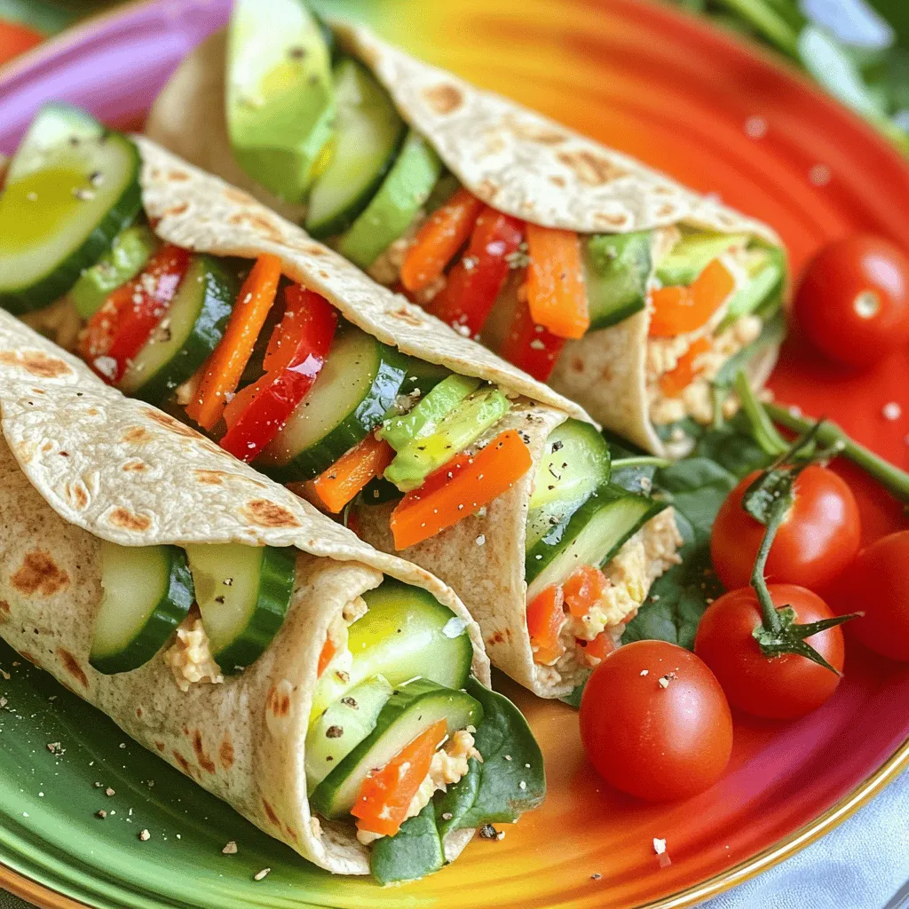 - 4 whole wheat tortillas - 1 cup hummus (any flavor) - 1 small cucumber, thinly sliced - 1 red bell pepper, thinly sliced - 1 small carrot, grated - 1 avocado, sliced - 1 cup baby spinach The main star of this recipe is the whole wheat tortillas. They are soft, easy to roll, and healthy for your toddler. Hummus adds creaminess and flavor. You can choose any flavor your child likes. Fresh veggies make the wrap colorful and crunchy. Sliced cucumber, red bell pepper, grated carrot, avocado, and baby spinach bring great nutrition and taste. - 1 tablespoon olive oil - Salt and pepper to taste A drizzle of olive oil adds richness. You can also sprinkle some salt and pepper to enhance flavor. These simple additions elevate the taste of the veggies without overpowering them. - Health advantages for toddlers - Importance of variety in meals These wraps offer many health benefits. Whole wheat tortillas provide fiber, which helps digestion. Hummus is packed with protein, making it filling. Fresh veggies add vitamins and minerals vital for growth. Offering a variety of foods helps toddlers develop healthy eating habits. It exposes them to different flavors and textures. The colorful nature of these wraps can make meals exciting. You can find the full recipe for Rainbow Veggie Wraps in the provided details. 1. Laying out tortillas Start by laying out your whole wheat tortillas. Place them on a clean surface. This makes it easy to spread the hummus. 2. Spreading hummus Next, spread an even layer of hummus on each tortilla. Leave a small border around the edges. This keeps the filling from spilling out when you roll. 1. Layering the vegetables On one side of each tortilla, layer your fresh veggies. Add sliced cucumber, red bell pepper, grated carrot, avocado slices, and baby spinach. This mix adds color and crunch. 2. Rolling the wraps Carefully roll the tortilla tightly from the veggie side. Tuck in the fillings as you go. This helps keep everything inside. 1. Slice options Once rolled, slice each wrap into bite-sized pieces or halves. This makes it easier for little hands to grab. 2. Presentation tips for a fun meal Arrange the veggie wraps on a colorful plate. Serve with a small bowl of extra hummus for dipping. Add a few cherry tomatoes on the side for a pop of color. Kids love fun food! Involving toddlers in meal prep makes lunch exciting. Let them wash veggies or spread hummus. This gives them a sense of ownership. You can also let them pick their favorite colors for the wraps. For colorful presentation, use a bright plate. Cut the wraps into fun shapes with cookie cutters. Add extra veggies or fruits on the side. Cherry tomatoes and apple slices add color and taste. Meal prepping saves time during busy weeks. Make wraps in bulk on weekends. Store them in the fridge for quick lunches. You can also chop veggies ahead of time. Keep them in a sealed container for freshness. For quick assembly, have all ingredients ready. Lay out the tortillas and the fillings. Let your toddler choose what goes in their wrap. This makes lunch quick and fun. Dairy-free alternatives make the wraps suitable for everyone. Use avocado or dairy-free cheese instead of regular cheese. These options add creaminess and flavor. Adding protein options keeps your toddler full. Include sliced turkey, chicken, or beans. These foods are tasty and healthy. You can also mix in nuts for extra crunch. For more details on how to make these wraps, check the Full Recipe. {{image_2}} You can switch up the tortillas for fun. Try spinach, tomato, or even rice paper. Each one offers a unique taste and color. You can also use pita bread for a different shape. It adds a fun twist to every bite. When it comes to spreads, hummus is great, but you can try other options too. Cream cheese or guacamole are tasty choices. Nut butter adds a sweet touch. Just ensure there are no nut allergies first. Using seasonal veggies can make your wraps more exciting. In spring, add fresh asparagus or radishes for crunch. Summer brings ripe tomatoes and zucchini. Fall is perfect for sweet bell peppers and squash. Winter can feature carrots and hearty greens like kale. Local produce is always a good idea. It’s fresher and often tastier. Check your local farmers' market for what's in season. Supporting local farms is also great for the community. Adding sweet items can make your wraps even better. Try slices of strawberries or apple for a fruity touch. Dried cranberries or raisins can also add sweetness. Zesty sauces can bring out more flavor. A splash of lemon juice wakes up the taste. You can use yogurt-based ranch or a mild salsa for added zest. Just make sure the flavors are kid-friendly. For a full recipe, check out the Rainbow Veggie Wraps 🥬. These ideas will help you keep lunch fun and tasty! To keep your Rainbow Veggie Wraps fresh, wrap them tightly in foil or plastic wrap. This helps keep the ingredients crisp and tasty. You can also use reusable containers with tight lids. Choose containers that fit the wraps snugly to avoid movement. These wraps can last up to three days in the fridge. Look for wilting veggies or a sour smell to spot spoilage. If they look or smell off, it's best to toss them. Yes, you can freeze these wraps! Wrap them in foil and place them in a freezer bag. They can last up to three months in the freezer. When you're ready to eat, thaw them overnight in the fridge. For a quick thaw, leave them out at room temperature for a couple of hours. Enjoy your easy lunch! For the full recipe, check out Rainbow Veggie Wraps 🥬. You can add protein and healthy fats to these wraps. Try adding cooked chicken, beans, or cheese. You can also include seeds like chia or hemp. These extras boost the fiber and protein levels. This helps keep your toddler full and happy. There are many fun fillings to try! You can use sliced turkey or cheese for a savory twist. For a sweet option, try adding bananas or strawberries. You can also mix in some cooked quinoa or lentils for extra texture. Kids love variety, so keep it fresh! Yes, you can use gluten-free tortillas! Look for brands made from rice or corn. These options are tasty and safe for those with gluten allergies. Just check the label to ensure they fit your needs. Your toddler will love them just as much! Make it a game! Let your toddler pick veggies at the store. You can also use fun shapes with cookie cutters. Try to serve new veggies with a dip they like, like hummus or yogurt. Praise them when they try something new. Make it fun and stress-free! In this post, I covered how to make nutritious wraps for toddlers using whole wheat tortillas, hummus, and fresh veggies. I shared tips on prep, assembly, and serving ideas. Remember to involve your little ones to make meal prep fun. Don't forget to explore variations and seasonality for exciting flavors! Proper storage will keep your wraps fresh and tasty. These healthy choices will help your toddlers enjoy diverse meals. Embrace creativity in their food and set the stage for lifelong healthy eating habits.
