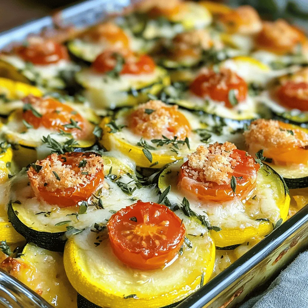 For the Zucchini and Yellow Squash Casserole, here are the must-have ingredients: - 2 medium zucchinis, sliced - 2 medium yellow squashes, sliced - 1 cup cherry tomatoes, halved - 1 small onion, diced - 4 cloves garlic, minced - 1 cup shredded mozzarella cheese - 1/2 cup grated Parmesan cheese - 1 teaspoon dried oregano - 1 teaspoon dried thyme - Salt and pepper to taste - 2 tablespoons olive oil These ingredients work together to create a tasty and colorful dish. You can add a few extra ingredients to make your casserole even better: - 1/2 cup breadcrumbs (for a crunchy topping) - Fresh herbs like basil or parsley (for garnish) - Bell peppers, diced (for added crunch and color) - Red pepper flakes (for a little heat) Feel free to mix and match these options based on your taste. If you need to swap ingredients, here are some ideas: - For zucchini, use yellow squash or eggplant. - Instead of mozzarella, try cheddar or gouda cheese. - Use shallots or green onions instead of regular onion. - For a dairy-free option, replace cheese with nutritional yeast. These substitutes can help you adapt the recipe to what you have on hand or your dietary needs. Start by gathering all your ingredients. You will need: - 2 medium zucchinis, sliced - 2 medium yellow squashes, sliced - 1 cup cherry tomatoes, halved - 1 small onion, diced - 4 cloves garlic, minced - 1 cup shredded mozzarella cheese - 1/2 cup grated Parmesan cheese - 1 teaspoon dried oregano - 1 teaspoon dried thyme - Salt and pepper to taste - 2 tablespoons olive oil - 1/2 cup breadcrumbs (optional for topping) Wash and slice the zucchinis and yellow squashes. Dice the onion and halve the cherry tomatoes. Mince the garlic. Set everything aside for easy access. 1. Preheat your oven to 375°F (190°C). 2. Use a large skillet and heat the olive oil over medium heat. 3. Add the diced onions and cook until they turn clear, about 3-4 minutes. 4. Stir in the minced garlic and cook for another minute. 5. Add the sliced zucchinis and yellow squashes to the skillet. Sauté for about 5-7 minutes until they soften. 6. Mix in the cherry tomatoes, dried oregano, dried thyme, salt, and pepper. Cook for an additional 3-4 minutes. 7. Remove the skillet from heat and let the mixture cool slightly. 8. In a large bowl, combine the vegetables with half of the mozzarella and half of the Parmesan cheese. Stir well. 9. Transfer the mix to a greased 9x13-inch baking dish, spreading it evenly. 10. Top the casserole with the remaining mozzarella and Parmesan cheese. If using, sprinkle breadcrumbs on top. 11. Bake in the oven for 25-30 minutes. The cheese should be bubbly and the top golden brown. 12. Once done, remove from the oven and let it sit for 5 minutes before serving. - Ensure your skillet is hot before adding onions. This helps them cook evenly. - Do not rush the sautéing process. Let the zucchinis and squashes soften to improve the flavor. - When mixing the cheeses, make sure they are evenly distributed for a cheesy bite in every forkful. - If you like a crunch, use breadcrumbs on top. Bake until golden for added texture. Follow these steps for a delicious Zucchini and Yellow Squash Casserole. For the complete recipe, check out the [Full Recipe]. To make the best zucchini and yellow squash casserole, follow these steps: - Choose fresh veggies: Look for firm zucchinis and yellow squashes. They should feel heavy for their size. - Slice evenly: Cut your vegetables into similar sizes. This helps them cook evenly. - Preheat the oven: Always start with a hot oven. This ensures your casserole cooks right. - Grease your dish: Use a little olive oil or cooking spray. This helps prevent sticking. - Layer wisely: Spread your vegetable mix evenly in the baking dish. This helps with even cooking. Here are some common pitfalls: - Overcooking the veggies: Sauté them just until they soften. They will cook more in the oven. - Skipping seasoning: Don’t forget salt and pepper! They enhance the flavors of your dish. - Using too much cheese: While cheese is delicious, too much can make your casserole greasy. - Not letting it rest: Give your casserole 5 minutes to sit after baking. This helps it set. If you need to adjust cooking time, consider these factors: - Oven differences: Every oven is different. If yours runs hot, check your casserole early. - Vegetable moisture: If your zucchini or squash is watery, it may take longer to cook. - Size of dish: A deeper dish may require more time. A shallow dish cooks faster. - Bubbling cheese: Look for bubbling cheese and a golden top. This means it’s ready! For cooking specifics, refer to the [Full Recipe]. {{image_2}} You can add proteins to this casserole for a hearty meal. Chicken or turkey works well. Cook them first and mix them in with the veggies. You can also use cooked sausage for a spicy kick. If you want something lighter, try shrimp or tofu. Just make sure to season them well before mixing. Changing the spices can make your casserole unique. Try adding cumin for a warm taste. Smoked paprika adds a nice depth. You can also use Italian seasoning for a classic touch. If you love heat, sprinkle in some red pepper flakes. Don't be afraid to experiment with herbs like basil or dill. Each spice will bring a new twist to your dish. This casserole is easy to make vegetarian or vegan. For a vegan version, skip the cheese. Use a plant-based cheese or nutritional yeast for flavor. You can also add beans like black beans or chickpeas for protein. They add a nice texture and keep it filling. With these swaps, you still get a delicious, satisfying meal. Check out the Full Recipe for more tips on making this dish your own. To keep your Zucchini and Yellow Squash Casserole fresh, let it cool first. Once cool, place it in an airtight container. This helps keep the flavors locked in. You can store it in your fridge for up to three days. If you want to keep it longer, freezing is a great option. When it’s time to eat the leftovers, preheat your oven to 350°F (175°C). Place the casserole in a baking dish. Cover it with foil to prevent drying out. Heat for about 20 minutes or until it’s warm all the way through. You can also use the microwave. Just heat in short bursts, stirring in between, until hot. To freeze, let the casserole cool down completely. Cut it into portions for easy serving later. Wrap each piece tightly in plastic wrap, then place them in a freezer bag. You can freeze it for up to three months. When ready to cook, thaw it in the fridge overnight. Then, reheat it in the oven for the best taste and texture. Serve this casserole warm, right from the oven. I like to add fresh herbs like basil or parsley on top. They add color and burst with flavor. You can pair it with grilled chicken or a fresh salad. This dish is also great as a side for any meal. Yes, you can prepare this casserole a day ahead. Just follow the steps until you are ready to bake. Cover it with foil and place it in the fridge. When you are ready, bake it straight from the fridge. You might need to add a few extra minutes to the cooking time. Look for a bubbly top with a golden brown color. The cheese should melt and blend with the veggies. Insert a fork into the casserole to check if the squash is soft. If it is tender, your casserole is ready to enjoy. For the full recipe, refer to the earlier sections. This blog post covered key ingredients, preparation, and cooking steps for a great casserole. I shared best practices and common mistakes to help you succeed. You learned how to adjust cooking times and explore tasty variations. Storing and reheating tips ensured leftovers stay fresh and delicious. Remember, with a few simple changes, you can make this dish your own. Enjoy creating and sharing your perfect casserole!