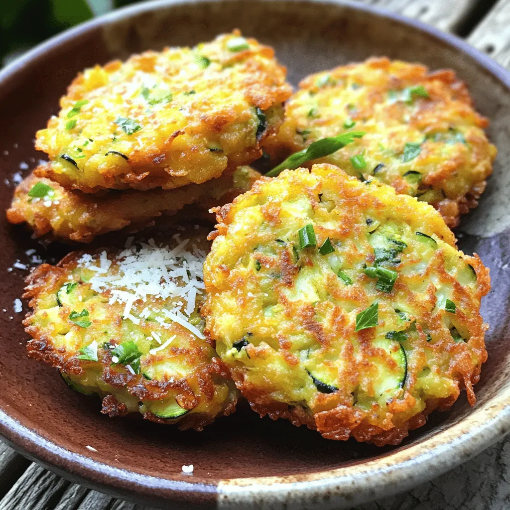 - 2 medium zucchinis, grated - 1 teaspoon salt - 1/2 cup all-purpose flour - 1/4 cup cornmeal - 1/4 cup grated Parmesan cheese - 1 large egg - 2 green onions, finely chopped - 2 cloves garlic, minced - 1/2 teaspoon black pepper - 1/2 teaspoon paprika - Olive oil for frying - Optional: Fresh herbs (like parsley or basil) for garnish These ingredients come together to create crispy zucchini fritters that are not just tasty but also fun to make. The zucchinis are the star here. They provide a fresh taste and a lovely texture. I love using medium zucchinis because they have the right amount of moisture for this recipe. The salt is important. It helps draw out the water from the zucchinis, making the fritters crispy. After grating the zucchinis, I let them sit with salt for about ten minutes, then wring them to remove extra moisture. This step is key to avoiding soggy fritters. The flour and cornmeal mix gives the fritters their structure. The flour binds everything, while the cornmeal adds a nice crunch. Parmesan cheese offers a savory flavor that makes each bite delightful. The egg acts as a binder, bringing all the ingredients together. Green onions and garlic add a punch of flavor. Black pepper and paprika bring warmth and depth. Finally, using olive oil to fry the fritters gives them a golden, crispy exterior. These ingredients are simple, yet they come together to create a delicious dish. You can find the full recipe for crispy zucchini fritters, which details every step to create this tasty delight. First, you need to grate the zucchinis. Use a box grater or a food processor for ease. Place the grated zucchini in a clean kitchen towel. Sprinkle one teaspoon of salt over it. Let it sit for about ten minutes. This helps draw out moisture. After ten minutes, wring out the towel. Remove as much liquid as you can. This step is important. Too much moisture makes the fritters soggy. You want a dry mixture for crispiness. In a large mixing bowl, combine the drained zucchini with the following ingredients: - 1/2 cup all-purpose flour - 1/4 cup cornmeal - 1/4 cup grated Parmesan cheese - 1 large egg - 2 finely chopped green onions - 2 minced garlic cloves - 1/2 teaspoon black pepper - 1/2 teaspoon paprika Stir until all the ingredients mix well. You want a batter-like consistency. If it feels too wet, add a bit more flour. If too dry, add a touch of water. Heat a non-stick skillet over medium heat. Drizzle olive oil to coat the bottom. Once the oil is hot, scoop about two tablespoons of the zucchini mixture. Drop it into the pan. Gently flatten each fritter with the back of your spatula. Fry each fritter for about three to four minutes on each side. Look for a golden brown color and a crispy texture. If needed, add more oil between batches. Once cooked, place the fritters on a plate lined with paper towels. This helps absorb any extra oil. To get that golden crunch, choose the right oil. I recommend olive oil for its flavor and heat tolerance. Heat the oil until it shimmers. This helps the fritters fry evenly and stay crispy. Managing the temperature is key. Keep your skillet on medium heat. If it’s too hot, the outside cooks fast, but the inside stays raw. If it’s too low, the fritters absorb oil and become greasy. Dips and sauces can elevate your fritters. Try a tangy yogurt dip or a zesty salsa. Both add freshness to each bite. For garnishing, sprinkle fresh herbs like parsley or basil. A bright green touch makes the dish look appealing. You can also add a squeeze of lemon for zest. One common mistake is over-salting the zucchini. Too much salt draws out water but can make the fritters too salty. Use just one teaspoon for the best flavor. Another mistake is not draining the zucchini enough. After salting, always wring out the water well. Excess moisture will make your fritters soggy. Remember, the drier the zucchini, the crispier the fritters. For the full recipe, check out the complete guide on crispy zucchini fritters. {{image_2}} To boost the taste of your crispy zucchini fritters, consider adding herbs and spices. Fresh herbs like parsley or basil bring brightness. You can also experiment with dried herbs such as oregano or thyme. Adding a pinch of cayenne can give a fun kick. Different cheeses can also enhance the flavor. While Parmesan adds a rich taste, you might try feta or goat cheese for a tangy twist. Mixing cheeses creates a unique flavor profile that makes your fritters special. If you need gluten-free options, replace all-purpose flour with almond flour or chickpea flour. Both options give great texture and flavor without gluten. For a vegan version, substitute the egg with a flaxseed egg. Mix one tablespoon of ground flaxseed with three tablespoons of water. Let it sit for a few minutes until it thickens. This works well to bind the fritters together. You can serve zucchini fritters in fun ways. Try making zucchini fritter tacos. Use small tortillas and fill them with fritters, avocado, and salsa for a tasty bite. Another idea is to toss your fritters in a salad. Slice them up and add them to mixed greens, tomatoes, and a light vinaigrette. This adds crunch and flavor to your meal. For the full recipe, check out the detailed instructions above. To store your crispy zucchini fritters, let them cool completely. Place them in a single layer on a plate. This helps prevent them from getting soggy. Use an airtight container to keep them fresh. Glass containers work well. You can also use plastic containers, but make sure they seal tightly. When it's time to enjoy your leftovers, reheating is key. Use the oven for the best results. Preheat it to 350°F (175°C). Place the fritters on a baking sheet. This method keeps them crispy. Heat them for about 10 minutes, flipping them halfway. You can also use a skillet on medium heat for a few minutes. Just add a little olive oil to help maintain the crunch. If you want to freeze your fritters, first let them cool completely. Arrange them in a single layer on a baking sheet. Freeze them for about an hour until solid. Then, transfer them to a freezer-safe bag. This way, they won't stick together. When you're ready to eat, thaw them in the fridge overnight. Reheat them in the oven to restore that crispy texture. Enjoy your delicious fritters anytime! For the full recipe, check the earlier section. To keep your zucchini fritters crispy, moisture control is key. Start by salting the grated zucchini. This draws out extra water. Let the zucchini sit for about 10 minutes. After that, use a clean kitchen towel to squeeze out the moisture. The drier your zucchini, the crispier your fritters will be. Yes, you can bake zucchini fritters! Preheat your oven to 400°F (200°C). Line a baking sheet with parchment paper. Shape the fritters and place them on the sheet. Lightly spray or brush them with olive oil. Bake for about 20-25 minutes, flipping halfway. This method gives you a healthier option, though they may not be as crispy as fried fritters. These fritters pair well with many sides. Try serving them with a fresh salad. A yogurt dip or tzatziki sauce adds a nice touch. You can also serve them with a spicy marinara sauce for a kick. Experiment with different sauces to find your favorite pairing! Crispy zucchini fritters stay fresh for about 3 days in the fridge. Store them in an airtight container. To keep them crispy, place a paper towel inside the container to absorb moisture. Reheat them in a skillet for the best texture, and enjoy! For the full recipe, check the earlier section. Zucchini fritters are easy and fun to make. We covered the key ingredients, mixing techniques, and cooking tips for perfect crispiness. I shared variations and storage advice to keep your fritters fresh and tasty. Remember, moisture control is crucial to avoid soggy fritters. Whether you choose to fry or bake, these fritters are a delicious treat. Explore your creativity with flavors and serving ideas. Enjoy making and sharing these simple yet delightful fritters in your kitchen.
